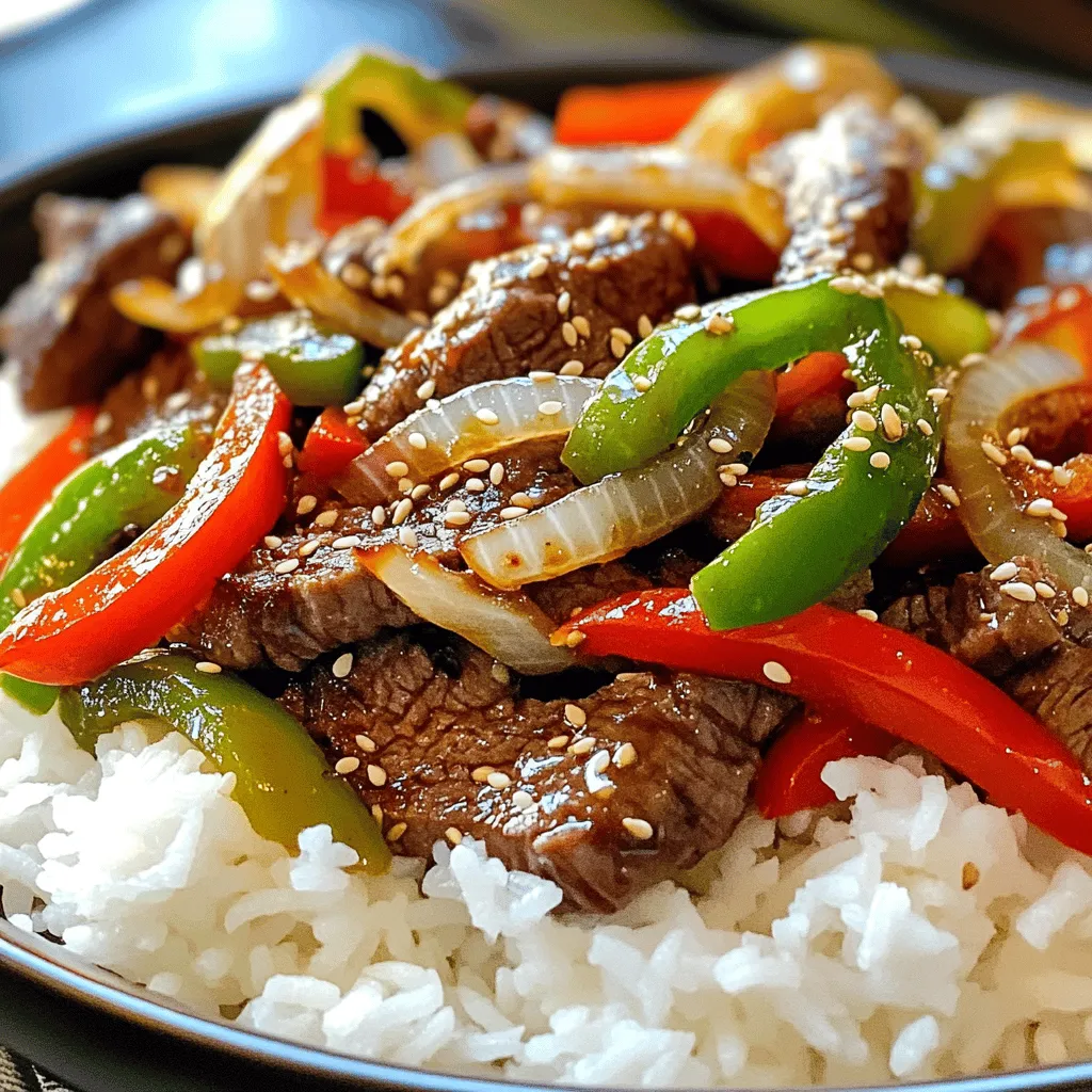 - 1 pound flank steak - 2 tablespoons soy sauce - 1 tablespoon cornstarch - 1 tablespoon sesame oil Pepper steak starts with high-quality flank steak. This cut is tender and flavorful. The soy sauce adds salt and umami depth. Cornstarch helps to create a nice crust. Sesame oil brings a nutty flavor that brightens the dish. - 2 bell peppers (one red, one green) - 1 large onion - 3 cloves garlic - 1 teaspoon ginger Bell peppers add sweetness and crunch. I like to use one red and one green for color. The onion provides a savory base. Garlic and ginger enhance the flavor profile with warmth and spice. - 1 tablespoon olive oil - 1 tablespoon oyster sauce (optional) - Salt and pepper to taste - Cooked white rice or noodles for serving Olive oil is the perfect fat for cooking. It helps the steak sear nicely. Oyster sauce adds extra depth but is optional. You can season with salt and pepper to your liking. Serve it over rice or noodles for a complete meal. First, we need to make the steak tasty. In a bowl, combine the thinly sliced flank steak with: - 2 tablespoons soy sauce - 1 tablespoon cornstarch - 1 tablespoon sesame oil Mix everything well. This step helps the steak soak up all the flavors. Let it marinate for at least 15 minutes. This gives the meat time to absorb the sauce. Now it’s time to cook. Heat 1 tablespoon of olive oil in a large skillet or wok over medium-high heat. Once hot, add the marinated steak in a single layer. Sear it for about 2-3 minutes until it turns brown. Then, remove the steak and set it aside. In the same skillet, add: - 1 large onion, sliced - 2 bell peppers (one red, one green), sliced - 3 cloves garlic, minced - 1 teaspoon ginger, grated Stir-fry these for about 5 minutes. You want them tender, but still a bit crisp. The colors and smells will fill your kitchen. Return the cooked steak to the skillet with the vegetables. If you want more flavor, drizzle 1 tablespoon of oyster sauce over the mix. Stir everything well and cook for another 2-3 minutes. This warms the steak through and blends the flavors. Finally, season with salt and pepper to taste. You can serve this pepper steak over cooked white rice or noodles. Enjoy your delicious meal! To make your steak shine, marinate it well. Use soy sauce, cornstarch, and sesame oil. This mix adds flavor and keeps the meat tender. Let the steak sit for at least 15 minutes. This time lets the flavors sink in. When cooking, avoid overcrowding the skillet. If you add too much meat, it steams instead of sears. Cook the steak in batches if needed. This keeps it juicy and gives it that nice brown crust. For bell peppers, choose vibrant red and green ones. They add color and crunch. Slice them thin for quick cooking. Aim for crisp-tender veggies. Stir-frying for about five minutes works well. You want them tender but not mushy. Serve your pepper steak over cooked white rice or noodles. Both options soak up the sauce well. For a nice touch, garnish with sesame seeds or sliced green onions. These add flavor and make your dish look great. Enjoy your meal! {{image_2}} You can use many cuts for pepper steak. Flank steak is popular, but you can try sirloin or skirt steak for a different taste. These cuts are tender and absorb flavors well. If you want a leaner option, choose tenderloin. For a vegetarian or vegan version, try using tofu or tempeh. These plant-based proteins soak up the marinade nicely. You can also use seitan, which has a chewy texture that mimics meat. This way, everyone can enjoy a tasty meal. Adding different sauces can change the taste of your pepper steak. Try using hoisin sauce for a sweet twist. You can also add a splash of chili sauce for spice or teriyaki for a sweet-salty mix. Each sauce brings its own flair to the dish. Incorporating other vegetables can enhance the dish too. Consider using snap peas, broccoli, or carrots. These veggies add color and crunch. You can mix and match based on what you have on hand or what you enjoy. Pepper steak varies across the world. In China, chefs may use black bean sauce for a deep flavor. In the Caribbean, they might add allspice for a unique twist. Each region has its own way of making this dish special. Popular regional ingredients include different types of bell peppers or even chili peppers for heat. These ingredients add a local touch to your pepper steak, making it a fun exploration of flavors. To keep your pepper steak fresh, store it right away. Place leftovers in the fridge within two hours. Use airtight containers to prevent odors. Glass or plastic containers work well. Make sure to label them with the date. This helps you know when to eat them. Reheat pepper steak gently to keep its flavor. The best method is using a skillet. Add a splash of water or broth to prevent drying out. Heat over low to medium heat. Stir often until it warms through. If you want to freeze, use freezer-safe bags. Squeeze out as much air as possible before sealing. This helps prevent freezer burn. Pepper steak lasts in the fridge for about three to four days. Always check for spoilage before eating. Signs of spoilage include a strange smell or change in color. If in doubt, throw it out to be safe. The best cut for pepper steak is flank steak. Flank steak is thin and tender. It works well for quick cooking. You can also use sirloin or ribeye. These cuts have great flavor too. When choosing your beef, look for marbling. This will keep the meat juicy and tasty. Yes, you can make pepper steak ahead of time. Cook the dish and let it cool. Store it in an airtight container. It will last in the fridge for about three days. To reheat, use the stove or microwave. Add a splash of water or broth to keep it moist. This is great for meal prep! Pepper steak pairs well with many sides. Here are some great ideas: - Cooked white rice - Noodles - Steamed broccoli - Stir-fried vegetables - A fresh green salad You can also add sauces like soy sauce or chili sauce for extra flavor. Enjoy your meal! Pepper steak brings together simple ingredients for a tasty dish. We explored key components, from flank steak to vibrant bell peppers. I shared step-by-step instructions to ensure your steak is both tender and flavorful. Exploring variations allows for creativity in your meals. Lastly, I provided tips for storing leftovers, so nothing goes to waste. Enjoy this dish, making it your own with new flavors and sides. Cook with confidence and share your delicious pepper steak experience!