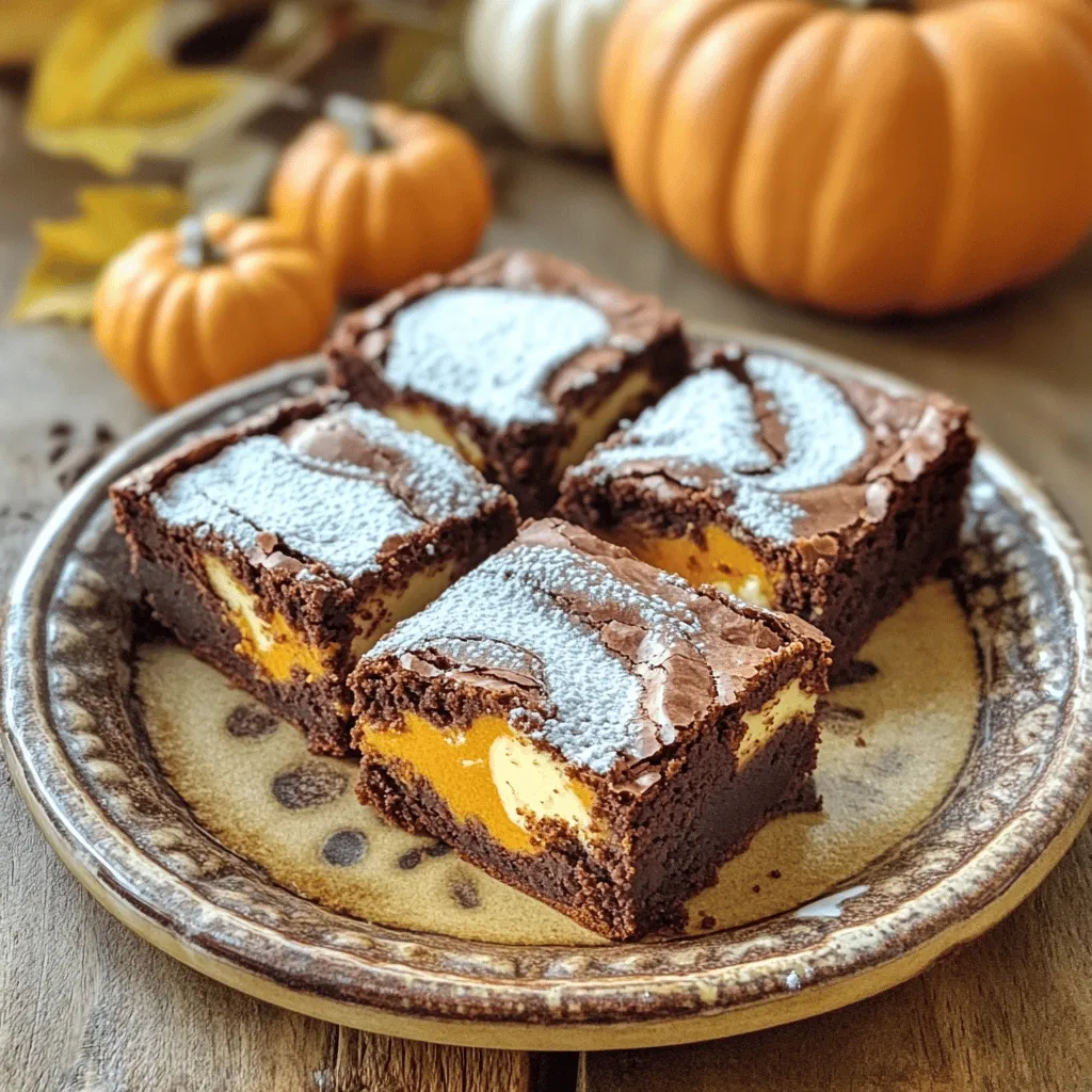 - 1 cup all-purpose flour - 1/2 cup unsweetened cocoa powder - 1/2 teaspoon baking powder - 1/4 teaspoon salt - 1/2 cup unsalted butter, melted - 1 cup granulated sugar - 2 large eggs - 1 teaspoon vanilla extract - 1 cup pumpkin puree - 1 teaspoon pumpkin pie spice - 4 oz cream cheese, softened - 1/4 cup powdered sugar Each ingredient plays a key role in the taste and texture of these brownies. If you need to swap something, here are some ideas: - All-purpose flour: You can use whole wheat flour for a nutty flavor. - Unsweetened cocoa powder: Dark cocoa powder gives a richer taste. - Unsalted butter: You can use coconut oil for a dairy-free option. - Granulated sugar: Brown sugar adds moisture and a hint of caramel flavor. - Pumpkin puree: Use homemade puree or canned puree. Just check for no added sugar. - Cream cheese: Neufchâtel cheese works well, too, for a lighter option. Pumpkin brings a lovely moisture and flavor to these brownies. It adds a warm, earthy taste and a beautiful orange hue. Pumpkin also packs in vitamins and fiber, making these brownies a bit healthier. Cream cheese creates a rich, creamy swirl. It balances the sweetness of the brownie and adds a nice tang. Together, they make a perfect pair for a delightful treat. You get the flavors of fall in every bite. Start by preheating your oven to 350°F (175°C). This is the perfect heat for baking. Next, take a 9x9 inch baking pan. Grease it well with butter or line it with parchment paper. This will help the brownies come out easily. In a medium bowl, whisk together the all-purpose flour, cocoa powder, baking powder, and salt. This mix helps the brownies rise. Set this bowl aside. In a large bowl, combine the melted butter and granulated sugar. Mix them until they are creamy. Now, add two large eggs one at a time. Stir well after each egg. Finally, mix in one teaspoon of vanilla extract. In another bowl, take 4 oz of softened cream cheese. Add in 1 cup of pumpkin puree, 1 teaspoon of pumpkin pie spice, and 1/4 cup of powdered sugar. Mix this until it is smooth. This will create a rich and tasty layer for your brownies. Pour half of the brownie batter into your baking pan. Spread it evenly across the bottom. Next, drop spoonfuls of the cream cheese mixture on top of the brownie batter. Then, pour the remaining brownie batter over this layer. Use a knife or skewer to gently swirl the cream cheese mixture into the brownie batter. This creates a beautiful marbled effect. Place the pan in the preheated oven. Bake for 25-30 minutes. You can check if they are done by inserting a toothpick in the center. It should come out with a few moist crumbs. Once baked, let them cool in the pan for about 15 minutes. After that, lift the brownies out using the parchment paper. Move them to a wire rack to cool completely before cutting into squares. To get the best brownie texture, use room temperature butter. Melted butter helps mix well, but room temperature butter gives a nice fluff. Mix the sugar and butter until creamy. This ensures a light and moist brownie. Avoid overmixing the batter. Stir just enough to blend the wet and dry ingredients. This keeps the brownies tender and not tough. Swirling adds beauty to your brownies. After layering the batter and cream cheese, use a knife or skewer to create swirls. Don’t overdo it! Just a few gentle strokes make lovely patterns. Aim for a marbled look that shows both the brownie and cream cheese. This makes them look fancy and fun. Even baking is key for perfect brownies. Make sure your oven is preheated to 350°F (175°C). Grease your pan well or use parchment paper for easy removal. Rotate the pan halfway through baking. This helps them cook evenly on all sides. Check for doneness by inserting a toothpick. You want it to come out with a few moist crumbs. This means they are ready to enjoy! {{image_2}} You can add chocolate chips to your pumpkin cream cheese swirl brownies. This will give you a rich, sweet treat. Use about 1 cup of semi-sweet or dark chocolate chips. Mix them into the brownie batter before you pour it into the pan. This adds a nice contrast to the pumpkin flavor. The gooey chocolate bits melt in your mouth and enhance the overall taste. Want to make these brownies gluten-free? It’s easy! Simply swap the all-purpose flour for a gluten-free blend. Make sure the blend has a good mix of starch and flour. You can also use almond flour or oat flour, but the texture may change a bit. Always check if your cocoa powder is gluten-free to avoid any issues. Nuts add a nice crunch to your brownies. Try adding 1/2 cup of chopped walnuts or pecans. You can mix them in with the brownie batter. If you like a flavor twist, consider adding dried cranberries or mini marshmallows. Just be careful not to overload the batter, or it may not bake evenly. Each of these options can make your brownies even more special! To keep your Pumpkin Cream Cheese Swirl Brownies fresh, store them in an airtight container. Use parchment paper to separate layers. This helps avoid sticking and keeps each square intact. You can store them at room temperature for up to four days. If you want them to last longer, refrigerate them for up to a week. Freezing these brownies is easy and effective. First, cut them into squares. Wrap each piece tightly in plastic wrap. Then, place the wrapped brownies in a freezer-safe bag or container. They will stay fresh for up to three months. When you're ready to enjoy, let them thaw in the fridge overnight or on the counter for a few hours. These delicious brownies can last up to a week in the fridge. They taste great cold or at room temperature. For a fun twist, serve them warm with a scoop of vanilla ice cream. You can also dust them with powdered sugar for extra flair. Adding a drizzle of caramel sauce makes them even more delightful. Enjoy your treats any way you like! You can swap some ingredients to make them healthier. Use whole wheat flour instead of all-purpose flour. Replace regular sugar with coconut sugar or a sugar substitute. You can also use applesauce to replace half the butter for less fat. This keeps the brownies moist but cuts calories. Yes, you can. For each egg, use a quarter cup of unsweetened applesauce. You can also try using flaxseed. Mix one tablespoon of ground flaxseed with three tablespoons of water. Let it sit for a few minutes until it thickens. If you lack pumpkin pie spice, you can make your own! Combine one teaspoon of cinnamon, one teaspoon of ginger, half a teaspoon of nutmeg, and a pinch of cloves. This mix gives a warm flavor, just like pumpkin pie spice does. To check if the brownies are ready, insert a toothpick into the center. If it comes out with a few moist crumbs, the brownies are done. If it comes out wet with batter, bake them for a few more minutes. Keep an eye on them! Yes, you can make these brownies ahead of time. Bake them and let them cool completely. Cover the pan with plastic wrap or foil. They stay fresh for about three days at room temperature. You can also freeze them for up to three months! In this post, we explored how to make delicious pumpkin cream cheese swirl brownies. We covered the essential ingredients, from measurements to substitutions. Step-by-step instructions guided you through mixing batter and creating a swirl. Tips helped you perfect texture and presentation. Variations offered fun twists, while storage info ensured freshness. In conclusion, enjoy experimenting with flavors and techniques. Your baking will impress friends and family. Happy baking!