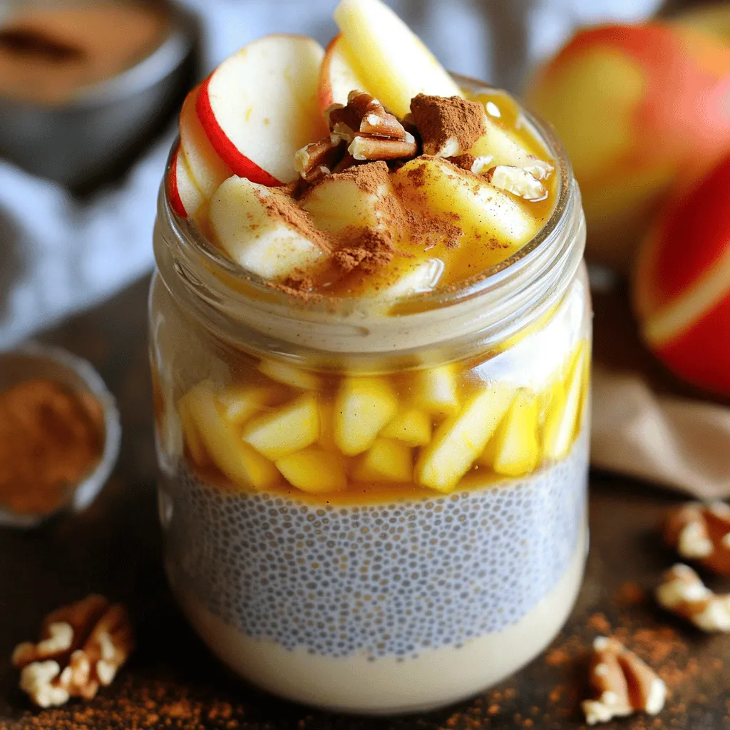 To make Apple Cinnamon Overnight Chia Pudding, you need the following items: - 1/2 cup chia seeds - 2 cups unsweetened almond milk (or milk of choice) - 1 large apple, grated or diced - 2 tablespoons maple syrup (or honey) - 1 teaspoon ground cinnamon - 1/2 teaspoon vanilla extract - A pinch of salt - Optional toppings: sliced apple, chopped nuts, extra cinnamon These ingredients work together to create a creamy and flavorful pudding. Chia seeds are the star here, providing texture and health benefits. The almond milk adds a subtle nutty flavor. You can use any milk you prefer, but almond milk keeps it light and dairy-free. The apple brings sweetness and a nice crunch. I like using a tart apple for a balanced taste. Maple syrup or honey adds a touch of sweetness, while cinnamon gives warmth and spice. The vanilla extract enhances the overall flavor, and a pinch of salt rounds it out. Feel free to customize your toppings. Sliced apples add freshness, chopped nuts give crunch, and a sprinkle of cinnamon makes it look pretty. These ingredients make this pudding not just tasty, but also fun to serve and enjoy! 1. In a medium bowl, combine 1/2 cup chia seeds and 2 cups of almond milk. You may use any milk you like. 2. Next, add 2 tablespoons of maple syrup, 1 teaspoon of ground cinnamon, 1/2 teaspoon of vanilla extract, and a pinch of salt. Whisk this well until the chia seeds spread out evenly. 3. Now, take 1 large apple and grate or dice it. Stir it gently into the mixture. This adds a nice crunch and flavor. 4. Cover the bowl with plastic wrap or pour everything into a mason jar. 5. Place it in the fridge for at least 4-6 hours or overnight. This soaking time helps the chia seeds turn into a pudding. 1. When you're ready to serve, take the pudding out of the fridge. Stir it well before serving. This helps mix everything again. 2. For extra flavor, add toppings. You can use sliced apple, chopped nuts, or a sprinkle of cinnamon. These add great texture and taste. - If your pudding is too thick, just add a little more almond milk. Stir until it reaches the texture you like. - Make sure to soak the chia seeds long enough. This is key for a nice, creamy pudding. The longer, the better! - Importance of soaking time: Soaking chia seeds is key. Let them soak for at least 4 to 6 hours. Overnight is best. This helps them swell and form a thick pudding texture. If you skip this, your pudding may be too watery. - Achieving the best flavor balance: Use fresh ingredients. A good apple adds sweetness and crunch. Ground cinnamon gives warmth. The maple syrup or honey adds a nice touch of sweetness. Adjust these to your taste for the best flavor. - Flavor variations to try: Want to mix it up? Use bananas or berries instead of apples. You can also switch up the spices. Try nutmeg or ginger for a fun twist. Each option brings a new taste. - Ingredient substitutions: Don’t have almond milk? Use any milk you like. Coconut milk adds a tropical flavor. If you can’t find maple syrup, honey works great too. Feel free to experiment with what you have. - Adding superfoods: Want to boost nutrition? Add a spoonful of nut butter or a sprinkle of flax seeds. These add healthy fats and protein. They also make your pudding more filling. - Increasing protein content: To make it protein-rich, mix in Greek yogurt or a scoop of protein powder. This makes your breakfast even more satisfying and nutritious. {{image_2}} You can switch up the flavor of your chia pudding easily. Try using different fruits. Bananas add a creamy texture. Berries, like strawberries or blueberries, give a tart kick. Each fruit brings a unique taste. You can also play with spices. Nutmeg adds warmth, while ginger gives a nice zing. Mixing spices can change the whole vibe of your pudding. Experiment to find your favorite combo! This recipe fits many diets. It’s vegan since it uses almond milk. For those avoiding gluten, this pudding is safe. You can also make it nut-free by using oat milk or rice milk. Need more protein? Add a scoop of plant-based protein powder. This simple change boosts the nutritional value. You can enjoy your pudding guilt-free! Serving your chia pudding can be fun! Use mason jars for a cute look. Layer it with yogurt for extra creaminess. Top it with sliced apple or chopped nuts for crunch. Pair your pudding with other breakfast items. It goes well with toast or smoothies. This way, you create a balanced meal. Enjoy your delightful breakfast! To keep your apple cinnamon overnight chia pudding fresh, always store it in the fridge. Place it in an airtight container to prevent any smells from other foods. This pudding lasts for about 4 to 5 days. If you notice any strange smell or change in texture, it’s best to throw it away. Yes, you can freeze chia pudding! Just put it in a freezer-safe container. Leave some space at the top because it expands when frozen. To thaw it, place the container in the fridge overnight. If it looks too thick after thawing, mix in a bit of almond milk to rehydrate it. I recommend using glass jars or airtight plastic containers for storage. Glass jars let you see your pudding and keep it fresh. If you add toppings, like sliced apples or nuts, store them separately. This keeps them crisp and tasty when you are ready to eat. How long do chia seeds need to soak? Chia seeds need to soak for at least 4 to 6 hours. This time allows the seeds to absorb the liquid. You can also soak them overnight for a thicker pudding. The longer they soak, the creamier the pudding becomes. Can I use other types of milk? Yes, you can use other types of milk. Almond milk works great, but you can try coconut, soy, or oat milk. Each milk adds its own flavor and texture. Just choose what you enjoy best! Nutritional profile Chia seeds are tiny but mighty. They are high in fiber, protein, and omega-3 fatty acids. One serving has about 140 calories and 10 grams of fiber. This makes them great for digestion and heart health. Health benefits of the other ingredients The apple adds vitamins and antioxidants. Cinnamon can help lower blood sugar levels. Maple syrup offers natural sweetness and minerals. Together, these ingredients make the pudding healthy and tasty. What to do if the pudding is too thick or too runny? If your pudding is too thick, add a splash of almond milk to thin it out. Stir well to combine. If it's too runny, add a bit more chia seeds and let it sit for a little while. It will thicken up. Common mistakes to avoid when making chia pudding One common mistake is not mixing the seeds well. Make sure to whisk the chia seeds into the liquid. This stops clumping. Another mistake is leaving out the soaking time. Always allow enough time for the seeds to absorb the liquid. Chia pudding is simple and healthy. We explored the key ingredients, like chia seeds and almond milk. You learned how to prepare, serve, and store this tasty dish. Remember the tips to perfect your pudding, and try different flavors to keep it exciting. Chia pudding is versatile and packed with nutrients. Enjoy making it your own while enjoying its health benefits. With these easy steps, you'll create a delicious treat every time.