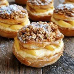 - 2 cups all-purpose flour - 1/4 cup sugar - 1 tablespoon baking powder - 1/2 teaspoon salt - 1/2 cup unsalted butter, softened - 2/3 cup milk - 1 large egg - 1 teaspoon vanilla extract - 2 cups apples, peeled and diced (preferably Granny Smith) - 1 teaspoon cinnamon - 1/2 cup cream cheese, softened - 1/4 cup powdered sugar - 1/2 teaspoon lemon juice - 1/4 cup rolled oats - 1/4 cup brown sugar - 1 tablespoon butter, melted The ingredients for Apple Cheesecake Crumble Buns are simple yet key to the flavor. Dry ingredients form the base. The all-purpose flour gives structure. Sugar adds sweetness. Baking powder helps the buns rise. Salt balances flavors. Wet ingredients bring everything together. The unsalted butter adds richness. Milk keeps the dough moist. The egg binds it all, while the vanilla extract gives a lovely aroma. Filling ingredients add the star flavors. Fresh, diced apples provide crunch and sweetness. Cinnamon brings warmth. Cream cheese adds creaminess, while powdered sugar and lemon juice enhance the filling's taste. Crumble topping ingredients create a sweet crunch. Rolled oats provide texture. Brown sugar adds depth, and melted butter ties it all together. Each ingredient plays a crucial role in making these buns a delightful treat. Preheat your oven to 350°F (175°C). This step is key for baking. While the oven warms, prepare a muffin tin. Grease each cup or use paper liners. This helps the buns come out easily. In a large bowl, mix the dry ingredients first. Combine 2 cups flour, 1/4 cup sugar, 1 tablespoon baking powder, and 1/2 teaspoon salt. In another bowl, whisk 1/2 cup softened butter with 2/3 cup milk, 1 egg, and 1 teaspoon vanilla extract. Pour the wet mix into the dry mix. Stir gently until just combined. Avoid over-mixing; this keeps the dough light. Toss 2 cups diced apples in a bowl with 1 teaspoon cinnamon. Set this aside for flavor. In another bowl, mix 1/2 cup softened cream cheese, 1/4 cup powdered sugar, and 1/2 teaspoon lemon juice until smooth. For the crumble topping, combine 1/4 cup rolled oats, 1/4 cup brown sugar, and 1 tablespoon melted butter. Mix until crumbly. Scoop about a tablespoon of dough into each muffin cup. Press it down to form a base. Add a spoonful of the cream cheese mixture on top. Next, spoon in some of the cinnamon apple filling. Cover with another tablespoon of dough to seal the bun. Place the muffin tin in the oven. Bake for 20-25 minutes. Check for doneness by inserting a toothpick into the center. If it comes out clean, the buns are ready. Enjoy the warm scent of apples and spices as they bake! To get the best dough, focus on the texture. The dough should be soft but not sticky. Mix the butter well with the dry ingredients. If it feels too dry, add a splash of milk. For a sticky dough, add a little more flour. If your dough doesn’t rise, check your baking powder. It should be fresh and active. If your dough is too crumbly, mix in a bit more milk slowly. This helps bind the dough together nicely. Spices can add a lot to your buns. Try adding a pinch of nutmeg or a dash of vanilla extract. These flavors blend well with the apples. For apples, I love using Granny Smith. They are tart and hold their shape well during baking. You can also mix them with Honeycrisp for a sweet twist. Serve your buns warm for the best taste. A drizzle of caramel sauce on top works great. You can also add a scoop of vanilla ice cream. For a nice look, dust the buns with powdered sugar before serving. Arrange them on a colorful plate for fun. This makes them more appealing and perfect for sharing! {{image_2}} You can add a fun twist to your apple cheesecake crumble buns. Try mixing in nuts like walnuts or pecans for a crunchy texture. Chocolate chips can also bring a sweet surprise. They blend well with the apple and cream cheese. You can switch up the fruit too. Instead of apples, use pears or berries for a new taste. Each fruit gives a different flavor. Experimenting can lead to fun results! For those who need gluten-free options, use gluten-free flour in place of all-purpose flour. Many brands have great choices that work well in baking. If you want a dairy-free version, swap the cream cheese for a dairy-free cream cheese alternative. You can also use almond or coconut milk in place of regular milk. These changes keep the recipe tasty and friendly for various diets. You can make mini buns instead of regular-sized ones. Mini buns are perfect for snacks or parties. Just adjust the baking time to about 15-20 minutes. If you prefer, use a baking dish instead of a muffin tin. Spread the dough in the dish and layer the fillings. Cut the baked dish into squares for easy serving. This method is great if you're serving a crowd! To keep your Apple Cheesecake Crumble Buns fresh, store them in an airtight container. This method helps to keep them moist and tasty. Place the container in the fridge. They can last up to three days this way. If you want to enjoy them later, freezing is a great option. You can freeze these buns both before and after baking. To freeze before baking, assemble the buns in the muffin tin and cover them well. Once they are ready, place the tin in the freezer. You can bake them straight from the freezer, just add a few extra minutes to the baking time. If you have baked the buns, let them cool completely. Then, wrap each bun in plastic wrap and place them in a freezer bag. They will be good for about three months. When you want one, just thaw it in the fridge overnight. When reheating, the best method is to use an oven. Preheat it to 350°F (175°C). Place the buns on a baking sheet and heat for about 10 minutes. This method helps to keep the buns from drying out. You can also reheat them in the microwave. Just cover them with a damp paper towel to keep moisture in. Heat for about 20-30 seconds. Enjoy your warm, tasty treat! To stop the buns from sticking, grease the muffin tin well with butter. You can also use non-stick spray for easy release. If you prefer, line each cup with paper liners. This makes cleanup easy and helps with the buns' removal. Yes, you can use other cheeses! Mascarpone is a great choice for a rich taste. Ricotta works well, too, for a lighter filling. Just make sure to adjust the sugar based on the cheese's sweetness. Granny Smith apples are my top choice. They bring a nice tartness and hold their shape well. Honeycrisp apples add sweetness and crispness. You can mix varieties for an extra flavor boost. Look for golden tops and a toothpick test. Insert a toothpick into the center of a bun. If it comes out clean, they are done. The buns should feel firm and spring back when gently pressed. Absolutely! You can prepare the dough and fillings a day in advance. Store them in the fridge. Just assemble and bake when you are ready. They taste best fresh, but you can also freeze them before baking for later enjoyment. You learned how to make delicious apple cream cheese buns with a simple recipe. We covered each step, from mixing dough to baking. I shared tips for perfecting flavor and texture, as well as variations to try. These buns are fun to make and tasty to eat. Enjoy experimenting with different flavors or serving sizes. Keep these tips in mind, and you’ll have a delightful treat to share anytime!