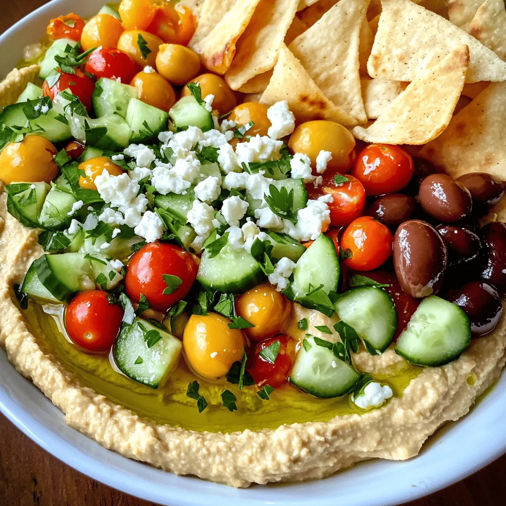 For Greek Loaded Hummus, you need these main ingredients: - 1 can (15 oz) chickpeas, drained and rinsed - 1/4 cup tahini - 2 tablespoons olive oil - 2 tablespoons lemon juice - 1 garlic clove, minced - 1 teaspoon ground cumin - Salt and pepper to taste These ingredients form the base of your hummus. The chickpeas provide a creamy texture, while tahini adds a rich, nutty flavor. Olive oil and lemon juice bring brightness, and garlic adds a punch. Next, you’ll want these seasoning and garnishing ingredients: - 1/2 cup diced cucumber - 1/2 cup cherry tomatoes, halved - 1/4 cup kalamata olives, pitted and sliced - 1/4 cup crumbled feta cheese - Fresh parsley, chopped for garnish These toppings bring color and fresh flavor. The cucumbers add crunch, while the tomatoes are juicy and sweet. Olives lend a briny taste, and feta adds creaminess. Parsley gives a fresh finish. For serving, I suggest: - Pita chips - Fresh pita bread These options are perfect for dipping. They complement the hummus well and make it easy for everyone to enjoy. You can also serve with fresh veggies for a healthy twist. Start by bringing out your food processor. Add one can of drained and rinsed chickpeas. Then, scoop in a quarter cup of tahini. Next, pour in two tablespoons of olive oil. This will add a nice richness. Squeeze in two tablespoons of fresh lemon juice for tang. Don’t forget one minced garlic clove. Add one teaspoon of ground cumin for warmth. Sprinkle in salt and pepper to taste. Blend the mix until it is smooth and creamy. You can taste it now. If you want more zing, add a bit more lemon juice or salt. Once the hummus is ready, transfer it to a serving dish. Create a shallow well in the center. This will hold the toppings nicely. Now, it’s time for those colorful toppings! Start with half a cup of diced cucumber. Next, add half a cup of halved cherry tomatoes. Then, sprinkle a quarter cup of sliced kalamata olives. For a salty bite, add a quarter cup of crumbled feta cheese. Make sure to spread them evenly for a beautiful look. To finish, drizzle a little olive oil over the top for extra flavor. Now it’s time to serve! I like to garnish my dish with fresh chopped parsley. You can also add a light sprinkle of cumin if you wish. This dip pairs perfectly with pita chips or fresh pita bread. It is great for sharing with friends or family. Set it out and watch everyone enjoy this delicious treat! To get smooth hummus, start with drained chickpeas. Rinse them well to remove any canning liquid. When you blend, add tahini, olive oil, and lemon juice. This mix helps create a creamy texture. If it feels too thick, add a bit of cold water. Blend until it’s silky and light. For bold flavor, use fresh garlic and lemon juice. Ground cumin adds a warm touch. If you want more depth, try smoked paprika or a pinch of cayenne. Top with diced cucumbers, halved cherry tomatoes, and kalamata olives. Crumbled feta gives a salty kick. Remember to drizzle a bit of olive oil on top for a rich finish. Serving is all about the look. Use a shallow bowl for the hummus. Make a small well in the center. Layer fresh toppings like cucumbers and tomatoes in this well. Garnish with chopped parsley for color. Serve with pita chips or fresh pita bread around the edges. This makes it easy for everyone to enjoy! {{image_2}} You can change the toppings on your Greek Loaded Hummus. Try adding roasted red peppers for a sweet taste. You could also use artichoke hearts for a tangy touch. For a spicy kick, add sliced jalapeños. Each topping adds its own fun flavor and color. Want to mix it up? Use white beans instead of chickpeas. They give a smooth texture. Swap tahini for Greek yogurt to make it creamier. You can also try adding roasted garlic for a richer taste. Experimenting with these swaps can make your hummus special. Greek Loaded Hummus is already vegan if you skip the feta. If you want it gluten-free, use fresh veggies or gluten-free pita chips. For a nut-free version, skip the tahini and replace it with more olive oil. These options make this dip friendly for many diets. To store homemade Greek Loaded Hummus, place it in an airtight container. Make sure to cover the surface with olive oil to keep it fresh. This helps to seal in the flavors and moisture. Always use a clean spoon to scoop out the hummus. This prevents bacteria from growing. Homemade Greek Loaded Hummus lasts about 4 to 7 days in the fridge. Store it in the coldest part of your fridge for best results. If it develops an off smell or changes color, it is best to throw it away. You can freeze Greek Loaded Hummus for up to 3 months. Use a freezer-safe container, leaving some space at the top. This space allows for expansion as the hummus freezes. When ready to eat, thaw it in the fridge overnight. Stir well before serving to restore its creamy texture. The best pairings for Greek Loaded Hummus are pita chips and fresh pita bread. You can also serve it with veggie sticks, like carrots and cucumbers. It goes well with olives and grape leaves. You can even enjoy it with grilled meat or fish. Yes, you can make Greek Loaded Hummus ahead of time. It tastes even better when the flavors mix. Just cover it well and store it in the fridge. Make sure to add toppings just before serving for the best look and taste. Homemade hummus lasts about 4 to 7 days in the fridge. Keep it in an airtight container to keep it fresh. If you see any changes in smell or color, it is best to throw it away. Yes, you can use canned chickpeas for this recipe. They save time and are still tasty. Just drain and rinse them before using. This will help reduce any canning taste and make your hummus smooth and creamy. Creating Greek Loaded Hummus is fun and easy. We covered main ingredients, step-by-step instructions, and essential tips. You learned how to blend flavors for perfect consistency. Exploring topping variations lets you experiment with taste and make it your own. Proper storage keeps your hummus fresh longer. Enjoy making this dish for friends or family. It’s simple yet packed with flavor. Try it today to bring a taste of Greece to your table.