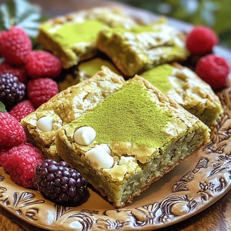 - 1/2 cup unsalted butter - 1 cup packed brown sugar - 1/4 cup granulated sugar - 1 large egg - 1 teaspoon vanilla extract - 1 cup all-purpose flour - 1 tablespoon matcha powder - 1/2 teaspoon baking powder - 1/4 teaspoon salt - 1 cup white chocolate chips - Light dusting of matcha powder - Fresh berries for serving You will need simple, fresh items for these blondies. Start with unsalted butter. It adds creaminess without extra salt. Brown sugar gives a deep, rich flavor. You can use granulated sugar too. This mix adds sweetness and helps with texture. Next, grab a large egg. It binds all the ingredients and helps the blondies rise. A teaspoon of vanilla extract brings warmth and comfort to every bite. Now, for the dry ingredients. All-purpose flour forms the base. Matcha powder gives that bright green color and earthy taste. Baking powder makes these blondies fluffy. A little salt balances the sweetness. Finally, white chocolate chips add creamy bursts of flavor. Optional garnishes can make a big difference. A light dusting of matcha on top looks pretty and adds taste. Fresh berries on the side add a pop of color and freshness. They also pair nicely with the sweet blondies. Enjoy creating these delicious treats with these simple ingredients! - Preheat your oven to 350°F (175°C). - Prepare your baking pan with parchment paper. Start by preheating your oven. This step warms the oven for even baking. Line an 8-inch square pan with parchment paper. Leave some paper hanging over the edges; this helps you lift the blondies out later. - Combine wet ingredients: butter, brown sugar, and granulated sugar. - Add in egg and vanilla extract for flavor. In a mixing bowl, whisk the melted butter, brown sugar, and granulated sugar. Mix until the blend is smooth. Next, crack in a large egg and add one teaspoon of vanilla extract. Whisk these in, ensuring everything is well combined. - Sift and mix dry ingredients. - Combine wet and dry mixtures carefully. In a separate bowl, sift together one cup of all-purpose flour, one tablespoon of matcha powder, half a teaspoon of baking powder, and a quarter teaspoon of salt. Sifting breaks up clumps and evenly distributes the matcha. Gradually mix these dry ingredients into your wet mixture. Stir gently; overmixing can lead to a tough texture. - Pour batter into the prepared pan. - Bake duration and doneness indicators. Pour the batter into your prepared pan. Use a spatula to smooth the top. Bake for 20 to 25 minutes. You know the blondies are done when the edges are lightly golden. A toothpick inserted in the center should come out with a few moist crumbs. Let them cool for at least 10 minutes before lifting them out using the parchment paper. Set them on a wire rack to cool completely before cutting into squares. To make fudgy blondies, avoid overmixing the batter. Mix until just combined. Overmixing adds air and makes them cake-like. You want a dense, chewy feel. For the golden edge, watch your oven closely. Bake until the edges turn light golden brown. This usually takes about 20-25 minutes. A toothpick should come out with a few moist crumbs. Presentation matters! Serve these blondies on a nice plate. Sprinkle a light dusting of matcha powder on top. This adds color and a nice touch. Pair them with fresh berries. Berries give a pop of color and freshness. They balance the sweetness of blondies. Enjoy your creation! {{image_2}} You can spice up your matcha white chocolate blondies in fun ways. - Adding nuts: Try mixing in some chopped macadamia or pecans. These nuts add a nice crunch and flavor. They balance the sweetness of the blondies perfectly. - Different types of white chocolate: Use flavored white chocolate, like raspberry or coconut, for a twist. Each type will change the taste and make your blondies unique. You can adapt this recipe to fit your diet. - Gluten-free alternatives: Use gluten-free flour instead of all-purpose flour. This swap keeps the blondies soft and tasty without gluten. - Vegan substitutions: Replace the egg with a flax egg or applesauce. Use vegan butter and dairy-free white chocolate. These changes make the recipe vegan-friendly while still delicious. These variations let you enjoy matcha white chocolate blondies in new ways. Customize them to fit your taste or dietary needs. To keep your Matcha White Chocolate Blondies fresh, follow these simple steps: - Cool Completely: Always let your blondies cool fully before storing. This helps avoid sogginess. - Use Airtight Containers: Place them in a clean, airtight container. This keeps moisture out and flavor in. - Layer with Parchment Paper: If stacking, use parchment paper between layers. This prevents sticking and maintains shape. - Store at Room Temperature: Keep them in a cool, dark place. They stay fresh at room temperature for about 3 to 4 days. Freezing blondies is a great way to enjoy them later. Here’s how to do it right: - Wrap Individually: Wrap each blondie in plastic wrap. This prevents freezer burn and keeps them tasty. - Place in a Freezer Bag: Put the wrapped blondies in a freezer-safe bag. Remove as much air as possible before sealing. - Label and Date: Write the date on the bag. You’ll know how long they’ve been stored. - Freezing Time: They can last up to 3 months in the freezer. When you’re ready to eat, thaw them: - In the Fridge: Move them to the fridge overnight for a slow thaw. This keeps them from getting soggy. - At Room Temperature: For a quicker method, leave them out for about an hour. Enjoy your delicious blondies! You can use green tea powder, but the taste will change. Matcha has a rich, creamy flavor. It is finely ground and bright green. Green tea powder lacks this depth. If you use it, expect a lighter flavor. You might want to add more to get a stronger taste. Check for a few signs. Look for golden edges on the blondies. The center should not jiggle too much. A toothpick inserted in the center should come out with a few moist crumbs. If it comes out clean, they may be overbaked. Yes, you can make them ahead. Bake the blondies and let them cool completely. Once cool, wrap them tightly in plastic wrap. Store them in an airtight container. They will stay fresh for up to a week. You can also freeze them for longer. Just thaw in the fridge before serving. These blondies pair well with many things. Fresh berries add a nice contrast. A scoop of vanilla ice cream complements the flavors. You can also serve with whipped cream for extra sweetness. A cup of tea or coffee goes well, too. You can create delicious matcha white chocolate blondies with simple steps and ingredients. We covered everything from the required ingredients to baking tips. Remember to mix carefully for the right texture and explore flavor variations to suit your taste. Store your blondies properly for freshness. These treats are not just tasty; they offer a fun twist on a classic recipe. Enjoy your baking and share them with friends for added joy. Follow these tips, and your blondies will impress everyone!