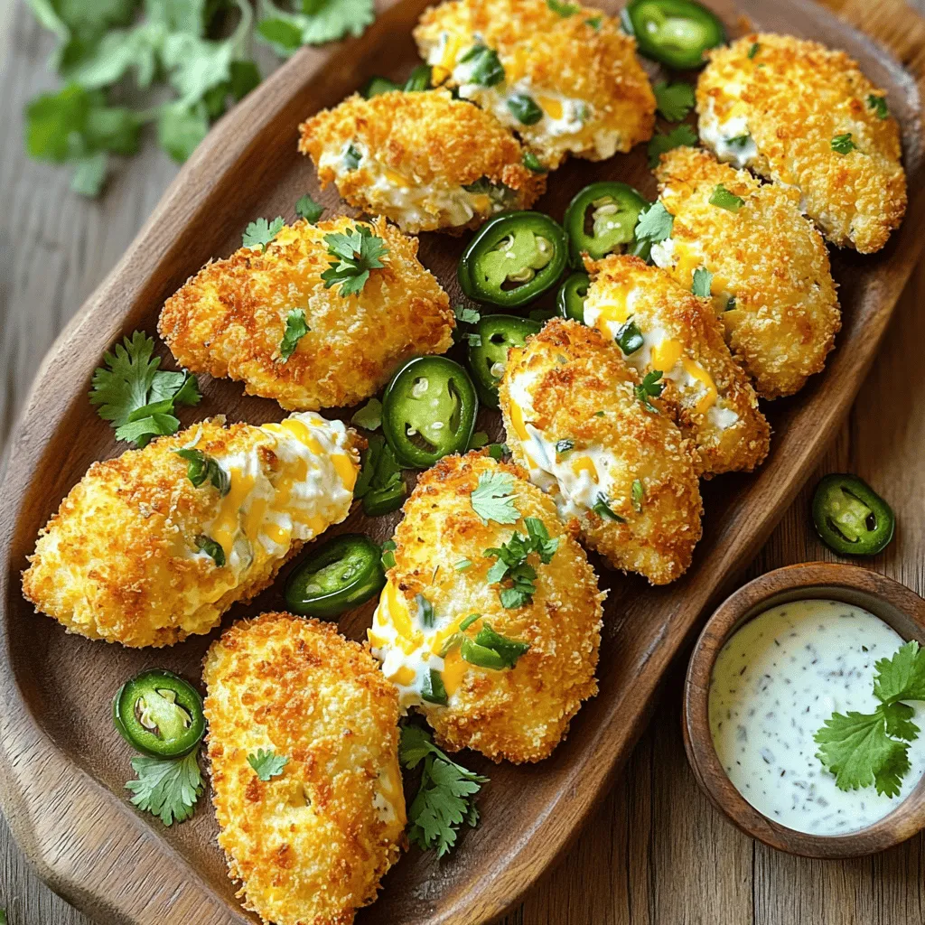 To make Air Fryer Jalapeño Popper Chicken, you need the following ingredients: - 2 boneless, skinless chicken breasts - 1/2 cup cream cheese, softened - 1/2 cup shredded cheddar cheese - 2 fresh jalapeños, seeded and finely chopped - 1/4 cup breadcrumbs (panko recommended for extra crunch) - 1 tsp garlic powder - 1 tsp onion powder - 1/2 tsp smoked paprika - Salt and pepper to taste - Olive oil spray You can swap the cream cheese for Greek yogurt if you like. For extra spice, use more jalapeños or add a dash of hot sauce to the filling. To prepare this dish, you will need a few essential tools: - Mixing bowl - Measuring cups - Air fryer - Sharp knife - Cutting board - Plate for breadcrumbs Optional tools that can enhance your cooking experience include a food thermometer. It helps ensure your chicken is cooked through to 165°F. First, preheat your air fryer to 375°F (190°C). This step is key for even cooking. While it warms up, gather your ingredients. In a medium bowl, mix 1/2 cup of softened cream cheese, 1/2 cup of shredded cheddar cheese, and 2 finely chopped jalapeños. Add 1 teaspoon of garlic powder, 1 teaspoon of onion powder, 1/2 teaspoon of smoked paprika, and sprinkle in some salt and pepper. Mix until smooth. Next, take your two boneless, skinless chicken breasts. Carefully slice a pocket into the side of each chicken breast. Make sure not to cut all the way through. This pocket will hold your tasty filling. Stuff each chicken breast pocket with the cheese mixture. Make sure it is filled well and sealed tightly. Now, let’s move to breading the chicken. Place 1/4 cup of breadcrumbs on a plate. Lightly spray the stuffed chicken breasts with olive oil. Then, coat them in the breadcrumbs, pressing gently to make them stick. This gives a nice crunch when cooked. Place the coated chicken breasts in the air fryer basket in a single layer. Lightly spray the tops with olive oil again. Air fry for 15-18 minutes, flipping halfway through the cooking time. The chicken is done when it reaches an internal temperature of 165°F and the coating is golden brown and crispy. Once cooked, remove the chicken from the air fryer. Let it rest for about 5 minutes. This helps keep it juicy. For serving, slice the stuffed chicken breasts diagonally. Arrange them on a platter for a nice look. You can garnish with chopped cilantro or extra jalapeño slices for color. Serve with a side of ranch dressing for dipping. Enjoy your tasty Air Fryer Jalapeño Popper Chicken! To achieve crispy breadcrumbs, use panko breadcrumbs. They give a great crunch. Lightly spray the chicken with olive oil before coating. This helps the breadcrumbs stick better. To check chicken doneness, use a meat thermometer. The inside should reach 165°F. If you don’t have one, cut into the chicken. It should be white, not pink. For extra flavor, add spices like cayenne pepper or chili powder. A sprinkle of smoked cheese can also enhance taste. If you want more heat, add more jalapeños. You can also leave some seeds for extra spice. If your chicken is overcooked, it may be dry. Cook at a lower temperature next time. Flip the chicken halfway to avoid burning. If it’s undercooked, return it to the air fryer for a few more minutes. To prevent filling leakage, seal the chicken well after stuffing. Use toothpicks if needed. If some filling leaks out, it’s okay! Just serve it with a side of ranch dressing for dipping. {{image_2}} You can easily switch the proteins in this dish. Ground turkey works great and stays juicy. If you want a meatless option, try using jackfruit or tofu. Both will soak up the flavors well. For those avoiding dairy, using vegan cream cheese and cheese gives a tasty dairy-free version. Look for brands that melt nicely for the best results. Want to mix things up? You can infuse different flavors into the dish. Try buffalo sauce for a spicy kick or barbecue sauce for a sweet twist. Both will give your chicken a new vibe. Adding fresh herbs like cilantro or parsley can brighten the flavors. You can also toss in some chopped spinach or bell peppers for extra texture and color. If you follow a low-carb or keto diet, skip the breadcrumbs. You can use crushed pork rinds for a crunchy topping instead. They add great flavor and keep it low-carb. For those needing gluten-free options, look for gluten-free breadcrumbs. They work just as well and keep the dish safe for everyone at your table. After cooking, place your Air Fryer Jalapeño Popper Chicken in an airtight container. This keeps it fresh and tasty. You can store it in the fridge for up to three days. Always let the chicken cool before sealing it. This helps prevent moisture buildup. To freeze your chicken, wrap each piece tightly in plastic wrap. Then, place them in a freezer bag. You can freeze the chicken for up to three months. When you are ready to eat, take it out and thaw in the fridge overnight. To reheat, use the air fryer at 350°F for about 10 minutes. This keeps it crispy and warm. You can prepare the filling a day ahead. Just store it in the fridge. This makes it easier to stuff the chicken when you’re ready to cook. You can also cook several chicken breasts at once. This way, you’ll have meals ready for the week. Just follow the storage tips for the best results. What temperature should chicken be cooked to for safety? Chicken must reach an internal temperature of 165°F (75°C) to be safe to eat. Use a food thermometer to check. This helps kill harmful bacteria. Always check the thickest part of the chicken. Can I use frozen chicken for this recipe? I recommend using fresh chicken for the best results. If you use frozen chicken, thaw it first. This ensures even cooking and flavor. If you cook it frozen, it may take much longer and won’t be as tender. Can I substitute cream cheese with other cheeses? Yes, you can use other soft cheeses. Options like ricotta or goat cheese work well. They add different flavors. Just keep the texture similar to cream cheese for good results. How can I make the dish spicier? To add more heat, use more jalapeños. You can also add hot sauce to the cheese mixture. Another option is to sprinkle crushed red pepper flakes on top before cooking. This will give your dish a spicy kick. How does an air fryer compare to traditional frying? Air fryers use hot air to cook food. They need less oil than traditional frying. This means less fat and fewer calories. Food cooked in an air fryer also gets crispy without deep frying. Do I need to preheat my air fryer every time? Preheating is not always necessary, but it helps. It ensures even cooking and better texture. If your air fryer has a preheat setting, use it for best results. We covered everything you need to make Air Fryer Jalapeño Popper Chicken. You learned about ingredients, tools, and step-by-step instructions. I shared tips for perfecting your dish and suggested fun variations to suit your taste. Remember, this meal suits many diets with easy swaps. Store leftovers properly to enjoy later. Dive into your cooking adventure and impress others with this tasty dish! You'll have fun making it and eating it too.