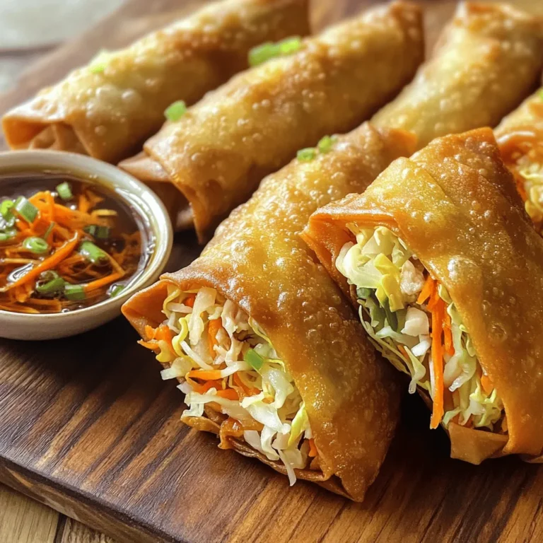 - 1 cup shredded cabbage - 1 cup shredded carrots - 1/2 cup bean sprouts - 1/2 cup cooked chicken or tofu - 3 green onions - 2 cloves garlic, minced - 1 tablespoon fresh ginger - 2 tablespoons soy sauce - 1 tablespoon sesame oil - 1 teaspoon salt - 1/2 teaspoon black pepper - Egg roll wrappers - Vegetable oil for frying You can swap chicken for tofu if you want a vegetarian dish. Tofu gives a nice texture and flavor. For a gluten-free option, look for gluten-free soy sauce. This makes the dish safe for those with gluten allergies. To get the best veggies, choose bright, crisp cabbage and firm carrots. Look for bean sprouts that are crunchy, not wilted. If you use meat, pick fresh chicken or high-quality tofu. Fresh ingredients help your egg rolls taste great. 1. Sauteing garlic and ginger: Start by heating sesame oil in a large skillet. Add minced garlic and grated ginger. Sauté for about one minute. You want the garlic and ginger to smell great but not burn. 2. Stir-frying vegetables: Next, toss in your shredded cabbage, carrots, and bean sprouts. Stir-fry for about five minutes. The veggies should be tender yet crisp. This keeps them fresh and tasty. 1. Rolling techniques for perfect egg rolls: Take an egg roll wrapper and lay it flat. Position one corner facing you. Add about two tablespoons of filling in the center. Fold the bottom corner over the filling. 2. Sealing the wrappers properly: Fold in the two side corners. Roll it tightly toward the top corner. Use a drop of water to seal the top corner. This will keep your filling inside while frying. 1. Choosing the right oil: For frying, use vegetable oil. It has a high smoke point, which is great for frying. 2. Monitoring oil temperature: Heat the oil in a large pot or deep skillet over medium-high heat. Once the oil is hot, place the egg rolls in carefully. Fry them for about three to four minutes on each side. Look for that golden brown color for the best crunch. To get that perfect golden brown look, you need to fry at the right heat. Heat your oil to about 350°F (175°C). This temp helps the egg rolls cook evenly. If the oil is too hot, the outside will burn before the inside cooks. If it's too cool, they soak up too much oil. Oil management is key for a crispy texture. Use enough oil to cover the rolls fully. Fry them in small batches. This way, the temperature stays steady, and they crisp up nicely. You can make uncooked egg rolls ahead of time. Just store them in the fridge for up to a day. Wrap them in plastic wrap to keep them fresh. If you want to store them longer, freezing is a great option. To freeze, lay them in a single layer on a baking sheet. Once frozen, transfer them to a bag or container. They can last up to three months in the freezer. Pair your egg rolls with tasty dipping sauces. Sweet and sour sauce or soy sauce work well. You can also try spicy chili sauce for a kick. For side dishes, consider something light. A fresh salad or steamed veggies complements egg rolls perfectly. You can also serve rice dishes for a heartier meal. {{image_2}} You can fill your egg rolls with many proteins. Shrimp and pork add great flavor. Both cook quickly and give a nice bite. If you want a lighter option, try chicken. It mixes well with veggies. For a vegetarian or vegan choice, use tofu. Tofu absorbs flavors well and keeps the egg rolls filling. Spice up your egg rolls with chili sauce. Add it to your filling for a kick. You can also mix in unique herbs. Fresh cilantro or basil adds freshness. A sprinkle of five-spice powder will boost the flavor. Experimenting with spices keeps your egg rolls exciting. Baking egg rolls is a healthier option. It uses less oil and still tastes great. To bake, preheat your oven to 400°F. Brush the egg rolls with oil for crispiness. Place them on a baking sheet and bake for 20-25 minutes. Flip halfway through for an even golden color. Fried egg rolls have a crispy crunch. But baking gives you a lighter snack without losing flavor. To keep your egg rolls fresh, place them in an airtight container. Refrigerate them within two hours of cooking. This helps lock in flavor and prevent spoilage. For reheating, I recommend using an oven or air fryer. Preheat your oven to 375°F (190°C). Place the egg rolls on a baking sheet for 10-15 minutes. This method helps them stay crispy. You can also use an air fryer, cooking them at 350°F (175°C) for about 5 minutes. Freezing egg rolls is a great option for later. First, let them cool completely. Then, place them on a baking sheet in a single layer. Freeze them for about one hour. After that, transfer them to a freezer bag. This keeps them from sticking together. To cook from frozen, you can bake or fry them. If using an oven, set it to 375°F (190°C) and bake for 20-25 minutes. If frying, cook them in hot oil for 5-6 minutes, turning until golden brown. In the fridge, your egg rolls can last for about 3-4 days. After that, their taste and texture may decline. Watch for signs of spoilage. If they smell sour or look discolored, it’s best to toss them. Always prioritize safety when it comes to food. To get that perfect crunch, the oil must be hot. Heat your vegetable oil to 350°F (175°C). If the oil is too cool, the egg rolls will soak up oil and become greasy. Fry them in small batches. This keeps the temperature steady. Fry for 3-4 minutes on each side until they turn golden brown. Yes, store-bought fillings can save time. Look for options like pre-cooked chicken or vegetable mixes. These can make your prep quick and easy. Just remember to adjust the flavors. Add extra soy sauce or spices if needed to boost taste. If your egg rolls burst, check the sealing. Make sure you seal them tightly. Use a little water to help close the edges. If they still burst, they might be too full. Next time, use less filling. Also, avoid frying at too low a temperature. Yes, you can air-fry egg rolls for a healthier option. Preheat your air fryer to 375°F (190°C). Spray the egg rolls lightly with oil. Place them in the basket, making sure they aren’t touching. Cook for about 10-12 minutes, flipping halfway through. They will be crispy and delicious! Egg rolls and spring rolls are not the same. Egg rolls have a thicker wrapper and are usually fried. They often contain meat and vegetables. Spring rolls have a thinner wrapper and can be fresh or fried. They are mostly filled with vegetables. This article covered all you need for perfect egg rolls. You learned about key ingredients and their roles. I shared tips for selecting fresh vegetables and quality proteins. You now know how to prepare, fill, and fry egg rolls to a golden crisp. Exploring variations and storage options helps you enjoy them longer. With this knowledge and practice, you can impress anyone with your homemade egg rolls. Happy cooking!