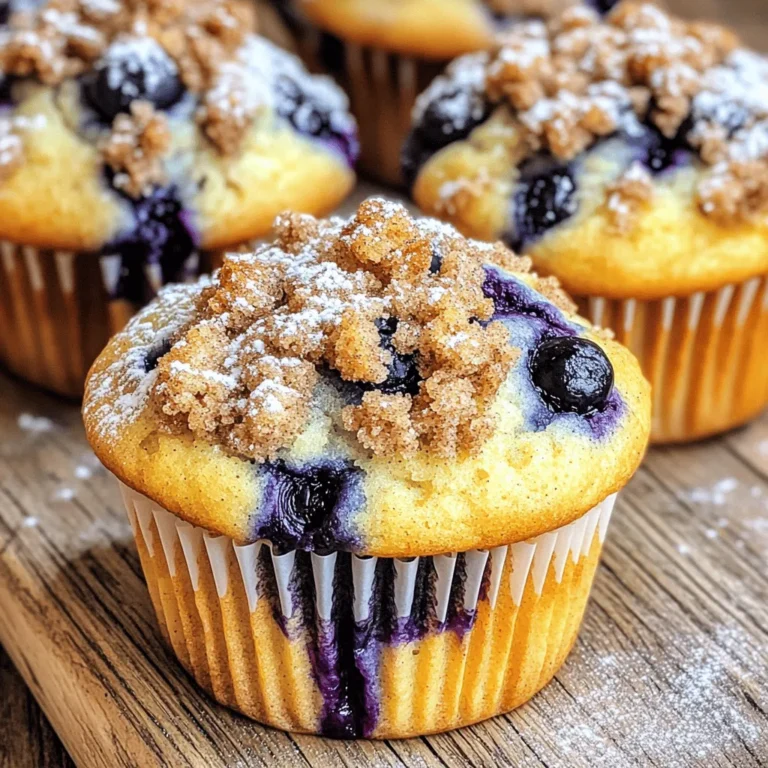 - 2 cups all-purpose flour - 1 cup granulated sugar - 1 tablespoon baking powder - ½ teaspoon baking soda - ½ teaspoon salt - 1 large egg - 1 cup buttermilk (or milk with 1 tablespoon lemon juice) - ½ cup unsalted butter, melted - 1 teaspoon vanilla extract - 1 ½ cups fresh blueberries In this recipe, the main ingredients create a soft, moist muffin. The all-purpose flour gives structure. Sugar adds sweetness and helps with browning. Baking powder and baking soda work together to make the muffins rise. Salt enhances all the flavors. The egg binds everything. Buttermilk keeps the muffins tender and adds a slight tang. Melted butter gives richness, while vanilla adds warmth and depth. Fresh blueberries burst with flavor, making each bite juicy. - ½ cup all-purpose flour - ⅓ cup brown sugar - ¼ cup unsalted butter, cold and cubed - ½ teaspoon cinnamon - ¼ teaspoon salt The streusel topping adds a sweet crunch. All-purpose flour provides the base. Brown sugar gives a deep, caramel flavor. Cold, cubed butter creates a crumbly texture. Cinnamon adds warmth, while salt balances the sweetness. When you mix these ingredients, ensure the butter stays cold. This helps form the perfect crumble on top of your muffins. - Preheat to 375°F (190°C) - Line or grease muffin tin Start by setting your oven to 375°F. This heat gives the muffins a nice rise. While the oven warms, prepare your muffin tin. You can use paper liners or lightly grease the cups. This step helps the muffins come out easily. - Combine flour, sugar, baking powder, baking soda, and salt - Whisk until well blended In a large bowl, mix together two cups of flour, one cup of sugar, and a tablespoon of baking powder. Add a half teaspoon of baking soda and a half teaspoon of salt. Use a whisk to blend these dry ingredients well. - Whisk egg, buttermilk, melted butter, and vanilla - Ensure ingredients are fully combined In another bowl, whisk one large egg with one cup of buttermilk. If you don’t have buttermilk, mix one cup of milk with a tablespoon of lemon juice. Pour in half a cup of melted butter and add one teaspoon of vanilla extract. Mix until everything is combined. - Pour wet ingredients into the dry mixture - Mix gently, noting lumps are okay Now, pour the wet mixture into the bowl with the dry mix. Gently stir them together. It's fine if there are lumps. This keeps your muffins light and fluffy. - Carefully fold in blueberries Take one and a half cups of fresh blueberries and fold them into the batter. Be gentle to avoid smashing the berries. This step adds flavor and color to your muffins. - Mix flour, brown sugar, cinnamon, and salt - Blend in cubed butter until crumbly For the streusel, mix half a cup of flour, a third of a cup of brown sugar, half a teaspoon of cinnamon, and a quarter teaspoon of salt in a small bowl. Then, add a quarter cup of cold, cubed butter. Use a fork to mix until it looks crumbly. - Fill muffin cups 2/3 full with batter - Sprinkle streusel topping generously With a large spoon or scoop, fill each muffin cup about two-thirds full. Next, sprinkle the streusel topping generously over the batter. This will give your muffins a crunchy top. - Bake for 18-22 minutes - Check doneness with a toothpick Place the muffin tin in the oven and bake for 18 to 22 minutes. To check if they are done, insert a toothpick into the center of a muffin. If it comes out clean, they are ready. To make the best muffins, avoid overmixing the batter. Overmixing makes muffins dense. Mix until just combined. A few lumps in the batter are fine. You can use fresh or frozen blueberries. Fresh blueberries add a bright flavor. Frozen blueberries work well too, but they may make the batter a bit wetter. If using frozen blueberries, fold them in gently to prevent color bleeding. Set your oven temperature to 375°F (190°C). This is key for even baking. Use a reliable oven thermometer to check the heat. For the streusel topping, use cold cubed butter. It creates a crumbly texture that is perfect for topping. Mix it well with the dry ingredients until it resembles coarse crumbs. This step is essential for that bakery-style finish. Serve your muffins warm or at room temperature. This enhances their flavor and texture. For a lovely touch, dust them with powdered sugar. You can also serve them with a dollop of whipped cream. These small details make your muffins look and taste even better. Enjoy the smiles they bring at breakfast or brunch! {{image_2}} You can switch things up by using other fruits. Raspberries or blackberries work great in these muffins. Their tartness adds a nice twist to the sweet flavor. You can also add lemon zest to brighten the muffins. Just a teaspoon will bring a fresh, zesty note that pairs well with blueberries. Want to make these muffins a bit healthier? Try using whole wheat flour instead of all-purpose flour. This swap adds fiber and nutrients. For sugar, replace it with honey or maple syrup. These alternatives add sweetness without refined sugars. Adjust the amount since they are sweeter than granulated sugar. If you follow a vegan diet, you can still enjoy these muffins. Replace the egg with flaxseed meal. Mix one tablespoon of flaxseed meal with three tablespoons of water. Let it sit for five minutes to thicken. For the milk, use any plant-based milk you like, such as almond or oat milk. These changes keep the muffins moist and tasty without dairy. To keep your blueberry muffins fresh, store them in the fridge. You should place them in an airtight container. This helps keep moisture in and prevents them from drying out. If you do not have a container, wrap them tightly in plastic wrap. You can freeze muffins for up to three months. To freeze them, let the muffins cool completely. Then, wrap each muffin in plastic wrap. After that, place them in a freezer bag. When you are ready to eat, take a muffin out and thaw it at room temperature. You can also warm it in the microwave for 10-15 seconds. At room temperature, muffins last about two days. After that, they may start to lose their flavor. Watch for signs of spoilage like mold or a sour smell. If the muffins feel dry or hard, they are not good to eat. Always trust your nose and eyes! Yes, you can use frozen blueberries. They may make your muffins moister. Thaw them before adding to the batter. This helps keep the color bright. Dense muffins often come from overmixing the batter. Too much flour can also cause this. Ensure you measure flour correctly. Lastly, check if your baking powder is fresh. To boost sweetness, add more sugar. You can also try honey or maple syrup. Adjust the amount of sugar in the wet mix. Don't forget to taste the batter! You can make mini muffins easily. Fill each mini cup about halfway. Reduce the baking time to 12-15 minutes. Check for doneness with a toothpick. You'll need a muffin tin, mixing bowls, and a whisk. A measuring cup and spoons are also essential. A cooling rack helps muffins cool evenly. Lastly, use paper liners for easy serving. This post walks you through making delicious blueberry muffins from scratch. We covered the key ingredients, step-by-step instructions, and helpful tips to get perfect muffins. Remember, the secret lies in mixing gently and using fresh fruit. You can explore fun variations and make vegan options too. Store leftovers properly to enjoy them later. With these skills, baking muffins can be easy and rewarding. Enjoy your tasty creations!