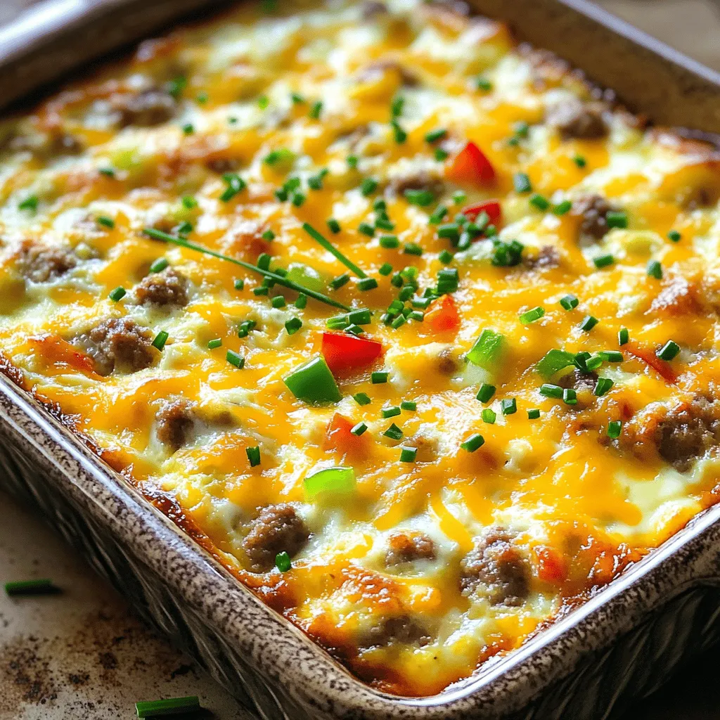 - 1 pound breakfast sausage - 6 large eggs - 2 cups milk - 4 cups cubed bread - 2 cups shredded cheddar cheese The main ingredients bring rich flavor and a hearty texture to the dish. Breakfast sausage adds a savory kick. Eggs provide structure and protein. Milk makes the casserole creamy. Cubed bread acts as the base, soaking up all the delicious flavors. Shredded cheddar cheese gives a gooey finish that everyone loves. - 1 bell pepper, diced - 1 small onion, diced - 1 teaspoon garlic powder - 1 teaspoon dried oregano - Salt and pepper to taste Adding vegetables enhances both taste and nutrition. Diced bell pepper adds sweetness and color. The onion brings a savory depth. Garlic powder and oregano infuse the dish with warmth. Salt and pepper balance all the flavors perfectly. - Fresh chives - Fresh parsley For a fresh touch, consider garnishing with chives or parsley. These herbs add visual appeal and a burst of flavor. A little greenery goes a long way in making this dish even more inviting. - Preheat your oven to 350°F (175°C). Grease a 9x13 inch baking dish. - In a large skillet, cook 1 pound of breakfast sausage over medium heat. Crumble the sausage as it cooks. Brown it fully for about 5-7 minutes. Drain any excess fat and set it aside. - In a large bowl, whisk together 6 large eggs, 2 cups of milk, 1 teaspoon of garlic powder, 1 teaspoon of dried oregano, and a sprinkle of salt and pepper. Mix until smooth. - Add 4 cups of cubed bread to the egg mixture. Gently fold it in so the bread gets coated well. - Stir in the cooked sausage, 1 diced bell pepper, and 1 diced onion. Make sure everything is mixed well. - Pour the mixture into the greased baking dish. Spread it evenly. - Top with 2 cups of shredded cheddar cheese, spreading it out across the top. - Bake in the preheated oven for 30-35 minutes. Check that the eggs are set and the top is golden brown. Let it cool for a few minutes before slicing. Enjoy! - Ensuring sausage is fully cooked: Cook the sausage in a skillet over medium heat. Crumble it as it cooks. You want it to be brown and no longer pink. This usually takes about 5-7 minutes. Drain any fat before mixing it into the casserole. - How to properly cube bread for even absorption: Use day-old bread for the best texture. Cut it into 1-inch cubes. This size helps the bread soak up the egg mixture evenly. Toss the cubes gently in the egg mix to coat them well. - Suggestions for additional spices or herbs: Try adding a pinch of cayenne for heat. You can also use fresh herbs like thyme or basil for a fresh twist. A dash of paprika adds a nice color and flavor too. - Alternatives to cheddar cheese: If you want a different flavor, use mozzarella or pepper jack cheese. Feta cheese can add a tangy kick, while goat cheese offers creaminess. Mix and match to find your favorite combo. - Garnishing the casserole for serving: Once baked, let the casserole cool for a few minutes. Then, sprinkle chopped chives or parsley on top. This adds a pop of color and freshness. - Serving suggestions, such as sides or sauces: Serve with fruit salad or yogurt for a light touch. A drizzle of hot sauce can add a fun kick. You could also pair it with crispy bacon or fresh toast for a hearty meal. {{image_2}} You can change the sausage in this dish. Try turkey sausage for a leaner option. You can also use plant-based sausage for a meat-free version. The flavor will still be great! If you want to switch up the bread, use croissants or bagels instead. These options add a unique taste and texture to the casserole. If you need gluten-free options, choose gluten-free bread. There are many good brands available. For dairy-free needs, look for plant-based milk and cheese. Almond milk or oat milk works well. Dairy-free cheese melts nicely, so it won’t alter the taste too much. Adding veggies makes this dish even better! You can include spinach, mushrooms, or zucchini. These add great flavor and color. If you want some heat, sprinkle in cayenne pepper or red pepper flakes. These spices give the casserole a nice kick! To store leftover sausage breakfast casserole, let it cool down first. Place the casserole in a container with a tight lid. I recommend using glass or plastic containers. These keep the food fresh and help avoid spills. The casserole will last in the fridge for about three to four days. If you want to freeze the casserole, cut it into portions. Wrap each piece tightly in plastic wrap. Then, place the wrapped pieces in a freezer bag. This helps keep out air and moisture. For best taste, use it within three months. To reheat, thaw it overnight in the fridge before cooking. You can reheat the casserole in the oven or microwave. The oven gives a crispier texture. Preheat the oven to 350°F (175°C) and bake for 15-20 minutes. If using the microwave, heat it in short bursts. Check every 30 seconds to avoid drying it out. Keeping it covered helps maintain flavor and moisture. You can keep the casserole in the fridge for about 3 to 4 days. Make sure to store it in an airtight container. This keeps it fresh and safe to eat. If you want to enjoy it later, consider freezing it. Yes, you can prepare the casserole a day before. Just mix all the ingredients and store it in the fridge overnight. Bake it in the morning for a hot, tasty breakfast. The best way to reheat it is in the oven. Preheat the oven to 350°F (175°C). Place the casserole in a baking dish, cover it with foil, and heat for about 15 to 20 minutes. This keeps it moist and tasty. You can also use a microwave, but the oven gives a better texture. Yes, you can use egg substitutes like flaxseed meal or silken tofu. Each substitute may change the flavor and texture a bit. If you need a vegan option, these work great in this casserole. The casserole is done when the eggs are set and the top is golden brown. You can insert a knife in the center. If it comes out clean, it's ready. This usually takes about 30 to 35 minutes in the oven. This breakfast casserole uses sausage, eggs, and bread to create a hearty meal. We discussed the main ingredients, how to properly mix and bake them, and shared tips like cooking techniques and flavor enhancements. You can make this dish suit your taste by swapping ingredients or adapting it for dietary needs. Remember to store leftovers well and reheat them carefully to keep the flavor intact. With these simple steps, you will enjoy a tasty breakfast every time. Happy cooking!