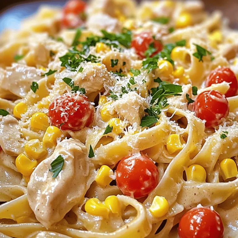 - Chicken - 2 boneless, skinless chicken breasts, diced - Pasta Types - 8 oz (225g) pasta (your choice: fettuccine, penne, or spaghetti) - Sauces and Seasonings - 4 tablespoons unsalted butter - 1 tablespoon olive oil - 3 cloves garlic, minced - 1 medium onion, diced - 1 teaspoon smoked paprika - 1/2 teaspoon cayenne pepper (adjust to taste) - Salt and pepper, to taste - 1 cup heavy cream - 1/2 cup chicken broth - Vegetables and Garnish - 1 cup cherry tomatoes, halved - 1/2 cup corn (fresh or frozen) - 1/2 cup grated Parmesan cheese - Fresh parsley for garnish This recipe has simple yet rich flavors. The chicken brings protein and taste. Choose your favorite pasta type. Fettuccine adds a nice touch, but penne or spaghetti work too. The butter and cream create a rich sauce. Garlic and onion enhance the flavor. You can adjust the spice with cayenne pepper. If you like it hotter, add more. The cherry tomatoes and corn add color and sweetness. Fresh parsley gives a nice finish. Gather these ingredients before you start. It makes cooking easier. Enjoy the process and get ready for a tasty meal! To start, fill a large pot with water and add salt. Bring the water to a rolling boil. Add 8 oz of your favorite pasta, like fettuccine or penne. Cook it according to the package instructions until it is al dente. This means it should be firm but not hard. Once done, drain the pasta in a colander, but save some pasta water for later. This water helps adjust sauce thickness. In a large skillet, pour in 1 tablespoon of olive oil and heat it over medium heat. Next, add 2 diced boneless, skinless chicken breasts. Season them with salt, black pepper, 1 teaspoon smoked paprika, and 1/2 teaspoon cayenne pepper. Cook the chicken for about 6 to 8 minutes. Look for a nice golden brown color. If you like more heat, add extra cayenne. Once cooked, take the chicken out and set it aside. Keep using the same skillet. Melt 4 tablespoons of unsalted butter over medium heat. Add 1 diced medium onion and 3 minced garlic cloves. Sauté these for about 3 to 4 minutes. You want the onion to look clear and soft. Then, pour in 1/2 cup of chicken broth and mix it well. Next, add 1 cup of heavy cream. Let this simmer for about 3 to 5 minutes, stirring often. This will help the sauce thicken nicely. Now, return the cooked chicken to the skillet. Toss in 1 cup of halved cherry tomatoes and 1/2 cup of corn. Stir everything together and let it cook for an extra 2 to 3 minutes. This step allows all the flavors to meld. Make sure every piece of chicken gets coated in the sauce. Finally, add the cooked pasta to the skillet. Mix in 1/2 cup of grated Parmesan cheese. Toss everything well, ensuring the pasta gets covered in the creamy sauce. If the sauce seems too thick, splash in some of that reserved pasta water. Taste and adjust the flavors with more salt or pepper if needed. Serve your creamy cowboy butter chicken pasta with a sprinkle of fresh parsley on top. Enjoy! How to prevent overcooking chicken: To keep your chicken juicy, cook it on medium heat. Use a meat thermometer if you have one. Chicken should reach 165°F. Remove it as soon as it’s done. Let it rest for a few minutes before cutting. This helps keep it moist. Secrets for creamy texture: To get a creamy sauce, use heavy cream. Add it slowly and stir well. Don’t rush this step. Let the sauce simmer gently. If it’s too thick, add a bit of pasta water. This makes it smooth and rich. Presentation ideas for serving: Serve your pasta in deep bowls. Top with extra Parmesan cheese. Add a sprinkle of parsley for color. A drizzle of olive oil adds shine and flavor. For a little heat, sprinkle red pepper flakes on top. Best additional toppings: Try adding some crispy bacon bits for crunch. Chopped scallions also work well. You can use fresh basil or parsley for added freshness. A squeeze of lemon juice can brighten the dish. Ideal side dishes: Serve with a simple green salad. A side of garlic bread goes great too. You can also serve it with roasted vegetables. They add a nice color and texture. Recommended wine pairings: A chilled Chardonnay pairs well with this dish. Its creamy notes match the sauce. If you prefer red, a light Pinot Noir is a good choice. It won’t overpower the flavors of the pasta. {{image_2}} Substitutes for chicken You can use turkey or pork instead of chicken. They add a nice flavor. For a lighter option, choose shrimp. Cook shrimp just until pink to keep them tender. Vegetarian options If you want a meatless meal, try using mushrooms or tofu. Both soak up the sauce well. For extra protein, use chickpeas. They add a hearty touch to the pasta. Best pasta types to use Fettuccine, penne, and spaghetti work great with this dish. Each type holds the sauce well. I love using fresh pasta for added flavor and texture. Gluten-free alternatives If you need gluten-free pasta, choose rice or chickpea pasta. They are tasty and cook nicely in this recipe. Just watch the cooking time, as it may differ from regular pasta. Adding spices or ingredients Boost flavor with herbs like thyme or basil. A squeeze of lemon adds brightness. You can also sprinkle in some crushed red pepper for heat. Suggestions for extra creaminess To make the sauce creamier, add more heavy cream or some cream cheese. You can also include mascarpone for a rich touch. Keep stirring until it melts into the sauce for a smooth finish. To store leftovers, let the pasta cool first. Place it in an airtight container. This keeps the dish fresh for up to three days. Make sure to cover it well to avoid drying out. For best taste, eat within two days. If you want to freeze this dish, use a freezer-safe container. Spoon the cooled pasta into the container. Leave some space at the top to let it expand. This meal stays good for up to three months. To thaw, move it to the fridge overnight. This keeps the texture nice. When reheating, the best method is on the stove. Use a skillet over low heat. Add a splash of water or broth to keep it creamy. Stir often to heat evenly. If you're in a hurry, you can use the microwave. Heat in short bursts, stirring in between, until hot. Cowboy butter is a rich and creamy sauce. It combines butter, garlic, and spices. This sauce has roots in Southern cooking. It adds a bold flavor to many dishes, like steak or pasta. The name evokes the cowboy spirit of the American West. It’s simple but full of taste. Yes, you can prepare this dish in advance. Cook the pasta and chicken separately. Store them in the fridge for up to two days. For the sauce, make it fresh for the best taste. You can mix everything together when you are ready to eat. This way, your meal stays creamy and delicious. To reduce calories, use less butter and cream. You can swap heavy cream for half-and-half or low-fat milk. Adding more veggies, like spinach or zucchini, can also help. These tips keep the flavor while making it healthier. You can still enjoy the creamy taste without the extra calories. If you want a non-dairy option, try coconut milk or almond milk. These can make your dish creamy too. Silken tofu blended until smooth is another great choice. For a lighter option, use Greek yogurt mixed with a bit of broth. Each substitute brings a different taste, so pick what you like best. In this post, we explored key ingredients and steps for a delicious chicken pasta dish. You learned how to cook pasta, sauté chicken, and make the rich Cowboy Butter sauce. I shared tips for serving, variations, and smart storage. Remember, cooking can be fun and easy. Experiment with flavors, and don’t hesitate to make it your own. Enjoy your creation, and share it with friends for a joyful meal!