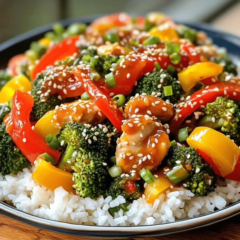 - 1 lb boneless, skinless chicken breast, thinly sliced - 2 cups mixed bell peppers (red, yellow, green), sliced - 1 medium onion, sliced - 2 cups broccoli florets - 1/4 cup sweet chili sauce - 2 tablespoons soy sauce - 1 teaspoon sesame oil - Sesame seeds - Chopped green onions Sweet Chili Chicken Stir Fry is quick and fun to make. You start by gathering the main ingredients. I like using fresh chicken breast for its juicy flavor. The bell peppers add color and sweetness. Broccoli gives a nice crunch. Next, I mix the sauces and seasonings. Sweet chili sauce brings a nice kick. Soy sauce adds depth. A dash of sesame oil gives a nutty note. For a beautiful finish, I sprinkle sesame seeds and chopped green onions on top. This gives a fresh look and taste. In a medium bowl, take your thinly sliced chicken breast. Add 1 tablespoon of cornstarch, a pinch of salt, and pepper. Mix it well. The cornstarch helps make the chicken crispy when you cook it. Heat 2 tablespoons of vegetable oil in a large skillet or wok over medium-high heat. Once the oil is hot, add the coated chicken. Cook it for about 5-7 minutes. Stir it often until the chicken turns golden brown. Once done, remove the chicken and set it aside. In the same skillet, add 1 sliced onion, 2 cups of mixed bell peppers, and 2 cups of broccoli florets. Stir-fry these veggies for 3-4 minutes. You want them to be tender but still crisp. Then, add 3 minced garlic cloves and 1 tablespoon of minced fresh ginger. Stir everything for one more minute until you smell the great aroma. Now it’s time to bring everything together. Return the cooked chicken to the skillet. Pour in 1/4 cup of sweet chili sauce and 2 tablespoons of soy sauce. Stir well to coat all the ingredients. Cook this mixture for another 2-3 minutes over medium-low heat. This lets all the flavors blend nicely. Drizzle 1 teaspoon of sesame oil over your stir fry. Give it one last gentle stir. Taste your dish and adjust the seasoning with salt and pepper, if needed. Serve the stir fry over cooked jasmine rice. For a special touch, garnish with sesame seeds and chopped green onions. To make your chicken crispy, use cornstarch. This coating helps to create a nice crunch when you fry it. Toss the chicken in cornstarch with a pinch of salt and pepper. Make sure each piece is well coated. This simple step gives the chicken a golden brown finish that tastes great. For crisp-tender veggies, time is key. When you stir-fry, cook the onion, bell peppers, and broccoli for about 3-4 minutes. You want them tender but still crisp. This keeps the veggies vibrant and full of flavor. Add garlic and ginger for just one minute to avoid burning them. This keeps your dish fresh and bright. You can customize the sauce to fit your taste. Try adding a splash of lime juice for brightness. If you like heat, add some red pepper flakes. This can make your dish more exciting. You can also swap the sweet chili sauce for a homemade mix of honey and soy sauce. This gives you control over the sweetness and spice. {{image_2}} You can switch out chicken for shrimp or tofu. Shrimp cooks quickly and adds a sweet flavor. Tofu is great for a plant-based option. Just make sure to press and drain it first. This helps it soak up the sweet chili sauce better. Feel free to change the veggies based on what you have. Snap peas, carrots, or zucchini work well. You can also use spinach or bok choy for a different taste. Just remember to adjust the cooking time so they stay crisp. If you need a gluten-free option, use tamari instead of soy sauce. This swap keeps the dish tasty without gluten. You can also look for gluten-free sweet chili sauce. Always check the labels to ensure everything meets your dietary needs. To store leftover Sweet Chili Chicken Stir Fry, let it cool first. Place it in an airtight container. This keeps it fresh and safe. Refrigerate it within two hours of cooking. You can keep it for up to three days. If you want to keep it longer, consider freezing. For the best texture when reheating, use a skillet. Heat it on medium. Add a splash of water or broth to keep it moist. Stir often for even heating. This brings back the crispiness of the chicken and the crunch of the veggies. You can also use a microwave. Cover the dish loosely and heat in short bursts. Stir in between to avoid hot spots. If you wish to freeze your stir fry, portion it out first. Use freezer-safe bags or containers. Remove as much air as possible to prevent freezer burn. You can freeze it for up to three months. To thaw, place it in the fridge overnight. For quick thawing, use the microwave. Reheat it on the stove for the best texture. You can serve this stir fry with cooked jasmine rice. The rice soaks up the sauce well. You can also add a side salad for extra crunch. Maybe some spring rolls would be nice too. Yes, you can prepare the chicken and veggies ahead of time. Just store them separately in the fridge. When you’re ready to cook, stir-fry them quickly for a fresh meal. To reduce the spice, use less sweet chili sauce. You can also add more sugar or honey. This will balance the heat and add sweetness. Store leftover stir fry in an airtight container. Keep it in the refrigerator for up to three days. Make sure to cool it down before sealing. Yes, you can use frozen vegetables. They are easy and save time. Just thaw them before cooking to ensure even cooking. In this blog post, we explored a tasty sweet chili chicken stir fry. We covered main ingredients like chicken and colorful veggies, along with sauces that bring flavor. Step-by-step, I showed how to cook each part perfectly. I shared tips for crispy chicken and how to customize flavors. We also looked at variations and storage options to help you enjoy leftovers. With these simple steps, you can create a dish that’s full of taste and joy. Enjoy your cooking adventure!