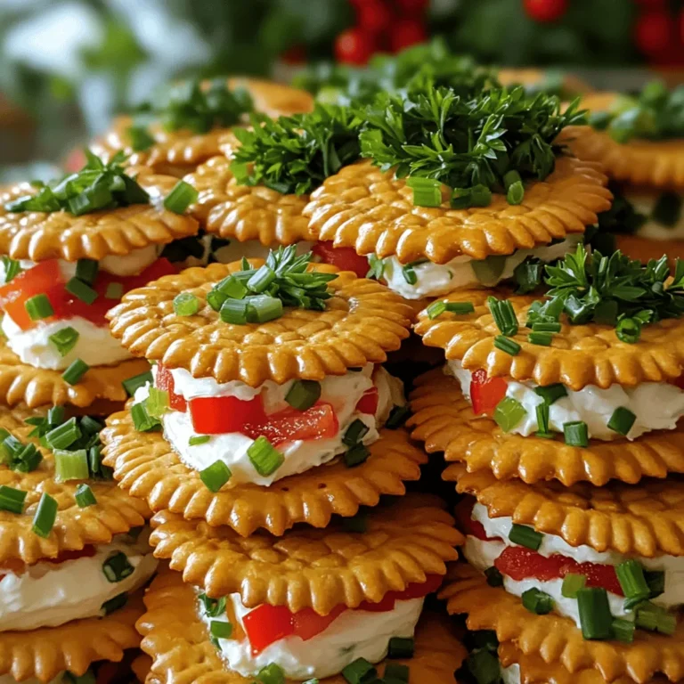 - RITZ Crackers - Cream cheese and its variations For these sandwiches, you need a box of RITZ crackers. They give a nice crunch. You will also need 8 ounces of cream cheese. Softened cream cheese blends well with other flavors. You can use plain cream cheese or try flavored ones. - Diced red bell pepper - Green onions - Deli meats like turkey or ham Next, add some diced red bell pepper. This gives a sweet taste and bright color. Chopped green onions add a fresh bite. If you like, slice some deli turkey or ham for extra protein. These meats make your sandwiches heartier and more filling. - Garlic powder - Cayenne pepper - Garnishes like parsley or chives For extra flavor, you can add garlic powder. Just half a teaspoon works well. If you want a little heat, use a pinch of cayenne pepper. It's optional but worth a try. Finally, consider garnishing your sandwiches with fresh parsley or chives. They add a lovely touch and make the dish more appealing. First, gather your ingredients. In a medium bowl, combine 8 oz of softened cream cheese, 1/2 cup of diced red bell pepper, 1/4 cup of chopped green onions, 1/2 tsp of garlic powder, and a pinch of cayenne pepper if you like some heat. Mix them well until the cream cheese is smooth and all the bits are blended in. Next, take a RITZ cracker and spread about a tablespoon of your creamy mixture on top. Make sure to cover the cracker well for the best flavor. If you want, you can add a slice of deli turkey or ham on top of the cream cheese mixture for extra taste. Now, it’s time to make the sandwiches! Place another RITZ cracker on top of the cream cheese mix. Press down gently to hold everything together. Repeat this step until you have used all of the mixture. You will end up with a lovely platter of RITZ cracker sandwiches that are ready to impress. To make your sandwiches look pretty, add a garnish of fresh parsley or chives on top. This adds color and a bit more flavor. For serving, arrange the sandwiches on a nice platter. You can even use a colorful plate to make them stand out at your gathering. Enjoy your delicious RITZ cracker party sandwiches! To get the best taste, start with softened cream cheese. Softened cream cheese blends easily with other ingredients. It helps create a smooth and creamy filling. If the cream cheese is cold, it will be hard to mix. Next, balance flavors with spices and veggies. Diced red bell pepper adds sweetness and crunch. Green onions bring a mild onion flavor. Garlic powder adds depth without being too strong. If you like heat, add a bit of cayenne pepper. It gives the sandwiches a nice kick. Make your sandwiches look great! You can arrange the sandwiches in fun shapes. Try stacking them in a pyramid or a circle. This makes your platter eye-catching. Using colorful garnishes adds more appeal. Fresh parsley or chives not only look nice but also add flavor. Scatter them on top of the sandwiches for a pop of color. If you have a party coming up, prepare the filling in advance. You can make it a few hours before your guests arrive. Just store it in the fridge until you’re ready to assemble. For quick assembly, have your RITZ crackers and filling ready. You can spread the mixture and stack the sandwiches in just a few minutes. This way, you won’t rush when guests arrive. {{image_2}} You can switch up the fillings to suit your taste. For a vegetarian option, try using mashed avocado or hummus. Both add creaminess and flavor. If you want meat, consider chicken salad or roast beef. These options bring different textures and tastes to the table. Want a little heat? Add sliced jalapeños for a spicy kick. This will give your sandwiches a zesty twist. If you like sweet and savory, try using fruit spreads like fig or apple. These spreads complement the cream cheese well and add a fun flavor mix. Make your sandwiches match the season! For holidays, use red and green veggies or festive spreads. This adds a fun touch to your party table. For kids' parties, use fun ingredients like peanut butter and jelly or mini pepperonis. Kids love colorful and playful food! To keep RITZ cracker sandwiches fresh for a day, place them in an airtight container. This helps to keep the crackers crisp and the filling creamy. If you stack them, add parchment paper between layers. This will prevent sticking. For longer storage, you can freeze the sandwiches. Wrap each sandwich tightly in plastic wrap. Then, place them in a freezer bag. This method keeps the flavors intact. Use the sandwiches within three months for the best taste. To refresh stored sandwiches, let them sit out for a few minutes. This helps them regain some texture. If you want them warm, use a microwave. Heat them for about 10-15 seconds. This will warm the filling without making the crackers soggy. Enjoy your tasty bites! Yes, you can make these sandwiches in advance. Just prepare them a few hours before your event. Keep them in a sealed container in the fridge. This helps the flavors mix well. But, don't stack them too high. The crackers might get soggy if they sit too long. For best taste, eat them within 24 hours. There are many fun ways to change up these sandwiches! Here are some ideas: - Use different cheeses, like cheddar or goat cheese. - Add veggies like cucumbers or olives for crunch. - Swap turkey or ham with chicken salad or roast beef. - Try using hummus or avocado for a vegetarian option. - For a sweet twist, add a fruit spread with cream cheese. You can find RITZ crackers in many places. Check your local grocery store in the snack aisle. If you can't find them, try online shopping. Websites like Amazon often have them. You can also visit big-box stores. They usually have a wider selection of snacks. Don't forget to check specialty food stores too. RITZ cracker sandwiches are simple, tasty, and fun. We covered the main ingredients like RITZ crackers and cream cheese, as well as add-ins like meats and veggies. Remember to use fresh garnishes for a special touch. You can customize these sandwiches for any event. Make them spicy or sweet based on your taste. With the right storage tips, they stay fresh and tasty. Now, you’re ready to impress your guests with these easy, delicious snacks. Enjoy your culinary adventure!