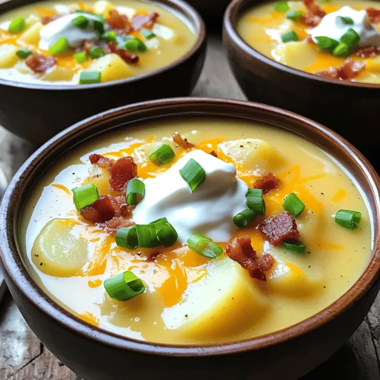 To make Slow Cooker Loaded Potato Soup, you need the right mix of fresh ingredients. Here is what you will need: - 6 medium russet potatoes, peeled and diced - 1 medium onion, finely chopped - 3 cloves garlic, minced - 4 cups vegetable broth - 1 cup heavy cream or coconut cream for a dairy-free option - 1 cup shredded sharp cheddar cheese (plus extra for topping) - 1 cup cooked bacon bits (or tempeh bacon for a vegetarian option) - Seasonings: thyme, onion powder, garlic powder, salt, pepper - Optional toppings: chopped green onions, sour cream These ingredients come together to create a rich and creamy soup. The russet potatoes give it a hearty base, while the onion and garlic add depth. The cream provides a velvety texture. Cheese and bacon bits bring extra flavor and warmth. You can easily adjust the toppings to suit your taste. Enjoy this cozy dish that warms you from the inside out! To start, gather all your ingredients. You will need six medium russet potatoes, one medium onion, three cloves of garlic, and four cups of vegetable broth. Add these to your slow cooker. Next, include one teaspoon each of dried thyme, onion powder, garlic powder, salt, and pepper. Stir everything well to combine. Now, cover the slow cooker. Set it to cook on low for seven to eight hours or on high for four to five hours. This cooking time helps the potatoes become tender and flavorful. Cooking on low allows for a gentle heat, which makes the potatoes soft and creamy. If you're pressed for time, using the high setting works well. Both methods yield tasty soup, but the low setting creates a richer flavor. To achieve your desired texture, use a potato masher or an immersion blender. You can mash a portion of the soup while leaving some chunks intact. This gives the soup a nice, hearty feel. After your potatoes are cooked, it’s time for the creamy goodness. Stir in one cup of heavy cream or coconut cream. Add one cup of shredded sharp cheddar cheese for that delicious cheesy flavor. Mix until everything melts and blends together. Just before serving, stir in one cup of cooked bacon bits or tempeh bacon if you want a vegetarian option. Let it heat for about ten minutes. This adds a savory touch that's hard to resist. Now, your soup is ready to serve! Choosing the right potato makes a big difference. I love using russet potatoes for this soup. They are starchy and create a creamy texture. For even cooking, cut the potatoes into similar-sized pieces. This helps them cook at the same rate. If you want a dairy-free version, try using coconut cream instead of heavy cream. It adds a nice, rich flavor. For a vegetarian twist, use tempeh bacon. It gives you that smoky taste without the meat. To boost the flavor, add more seasoning. Try a pinch of smoked paprika or cayenne pepper for heat. Fresh herbs like parsley or chives can add a fresh taste. Just chop them and sprinkle them on top before serving. {{image_2}} You can change your loaded potato soup by adding new veggies. Carrots and celery bring crunch and color. They add flavor and more nutrients. Just chop them up and toss them in with the potatoes. You can also add spices for heat. A pinch of cayenne or chili powder gives a nice kick. Adjust the amount to your liking. Pairing this soup with bread or salad makes it a full meal. A crusty bread or a fresh garden salad balances the creaminess. For a special touch, serve soup in bread bowls. It looks fun and tastes great! You can also add toppings like crispy bacon bits or a sprinkle of cheese. You can turn this soup into a loaded potato casserole. After cooking, pour it into a baking dish. Top it with cheese, bacon, and breadcrumbs. Bake it at 350°F for about 20 minutes. This adds a golden crust and makes it even more delicious. Serve it hot for a cozy meal! To store leftovers, let the soup cool first. Then, scoop it into containers. Use airtight containers for the best results. Glass jars or BPA-free plastic containers work well. Make sure to leave some space at the top. This allows for any expansion when freezing. To freeze the soup, follow these steps: First, let it cool completely. Next, pour it into freezer-safe bags or containers. Flatten bags for easy stacking. Label them with the date. When ready to eat, thaw it in the fridge overnight. For reheating, warm it in a pot on low heat. Stir often to avoid burning. In the fridge, the soup lasts about three to four days. If you freeze it, it can last up to three months. For the best taste, eat it sooner rather than later. How long does it take to cook in a slow cooker? Cooking this soup in a slow cooker takes about 7-8 hours on low. If you are short on time, you can cook it on high for 4-5 hours. The goal is to make sure the potatoes are nice and soft for the best flavor. Can I use pre-cooked potatoes? Yes, you can use pre-cooked potatoes to save time. Just add them in the last hour of cooking. This helps keep their texture and flavor without turning mushy. Is this soup gluten-free? Yes, this soup can be gluten-free! All the ingredients listed, like vegetable broth and potatoes, are naturally gluten-free. Just check your broth for any hidden gluten. Caloric content per serving Each serving of this loaded potato soup has about 400 calories. The exact number may vary based on the toppings and ingredients you use. Health benefits of key ingredients - Potatoes: They are rich in vitamins and minerals. They also provide fiber, which helps digestion. - Onion and garlic: Both have immune-boosting properties. They add flavor and health benefits. - Cheese: Offers calcium and protein, making the soup more filling. - Bacon or tempeh: Provides protein and adds a savory kick. Best practices for preparing soup ahead of time To prepare this soup ahead of time, chop all your veggies the night before. Store them in the fridge in an airtight container. You can also measure out the spices and keep them ready. This way, you just need to combine everything in the slow cooker. How to reheat without losing texture When reheating, add a splash of broth or cream. This will keep the soup creamy and smooth. Heat it gently on the stove or in the microwave. Stir often to avoid any lumps. You now have a simple yet tasty recipe for creamy potato soup. We covered every aspect, from ingredients to preparation. You learned useful tips for cooking and flavoring, along with variations to try. Don’t forget about storage to keep your soup fresh. Whether you want a cozy dinner or a fun dish, this soup can do it all. Enjoy making it your own and sharing it with friends and family. The warmth and comfort of this soup make it a winner any time.
