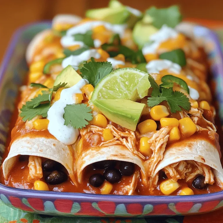 - 2 cups cooked chicken, shredded - 1 cup red enchilada sauce - 1 cup black beans, drained and rinsed - 1 cup corn (fresh, frozen or canned) - 1 cup shredded cheese (cheddar or Mexican blend) - 8 small corn tortillas - 1 tablespoon olive oil - 1 teaspoon ground cumin - 1 teaspoon garlic powder - Salt and pepper to taste - 1 cup sour cream - 1 tablespoon lime juice - 1 teaspoon garlic powder - Salt to taste Using fresh ingredients makes a big difference. The chicken provides protein, while black beans and corn add texture. The red enchilada sauce brings a rich taste that ties it all together. For the sour cream sauce, I suggest using high-quality sour cream. The lime juice adds a nice zing, and the garlic powder boosts the flavor. You can adjust the salt to your taste. This sauce is creamy and complements the enchiladas perfectly. When you gather your ingredients, consider prepping them ahead of time. This will make cooking smoother and faster. Enjoy the process! 1. First, preheat your oven to 375°F (190°C). This step warms up the oven for baking. 2. In a large bowl, mix together the shredded chicken, black beans, corn, half of the cheese, ground cumin, garlic powder, and salt and pepper. Make sure to combine everything well. This filling packs in great flavor. 1. Next, heat olive oil in a skillet over medium heat. Lightly cook the corn tortillas for about 30 seconds on each side. This makes them soft and easy to roll. 2. Now, take about 3 tablespoons of the chicken mixture and spoon it into each tortilla. Roll each one tightly and place them seam-side down in a lightly greased 9x13 inch baking dish. This helps keep everything inside. 1. Pour the red enchilada sauce evenly over the rolled enchiladas, covering them completely. This sauce adds moisture and flavor. 2. Sprinkle the remaining cheese on top. It will melt and form a delicious layer. 3. Bake in the preheated oven for 20-25 minutes. Look for the cheese to be melted and bubbly. This means they are ready to enjoy! - Making tortillas pliable: To keep your corn tortillas from cracking, heat them in a skillet for about 30 seconds on each side. This softens them, making them easier to roll. You can also wrap them in a damp paper towel and microwave them for 20 seconds. - Adjusting spice levels: If you want to change the heat, add more or less red enchilada sauce. For a milder flavor, use less sauce or choose a mild variety. You can also add a pinch of sugar to balance out the spice. - Garnishing ideas: To make your dish pop, top the enchiladas with fresh cilantro or slices of avocado. This adds color and freshness. A squeeze of lime juice enhances the flavor. - Pairing options: Serve your enchiladas with a side of Mexican rice or a crisp salad. Black beans make a great side too. For drinks, try a cold soda or a refreshing agua fresca. - Common mistakes and fixes: A common mistake is overfilling the tortillas. This can make rolling them difficult. Stick to about 3 tablespoons of filling per tortilla. If your enchiladas are dry, you may need more sauce on top before baking. - Ensuring perfect cheese melt: To get that perfect cheesy top, use a mix of cheeses. Cheddar or a Mexican blend works best. Make sure to sprinkle cheese evenly on top before baking. Bake until bubbly and golden for the best result. {{image_2}} You can change the protein in your enchiladas for a new twist. Try shredded beef or pork. You can also use tofu for a plant-based option. These swaps keep the dish fresh and exciting. If you want to switch up the sauce, consider using green enchilada sauce instead of red. The green sauce gives a different flavor and pairs well with chicken. You can even use a homemade sauce for a personal touch. Making these enchiladas vegetarian is simple. Just skip the chicken and add more beans or vegetables like bell peppers and zucchini. This keeps the meal hearty and satisfying. For gluten-free choices, use corn tortillas, which are naturally gluten-free. Always check the ingredient labels on sauces. Some contain gluten, so look for certified gluten-free options to stay safe. To make your enchiladas even more flavorful, add spices. A pinch of chili powder or smoked paprika brightens the taste. You can also mix in fresh herbs like cilantro for added freshness. Incorporating vegetables is another great way to enhance flavor. Consider adding sautéed onions, spinach, or diced tomatoes to the filling. These additions not only boost taste but also add nutrition and color to your dish. After you enjoy your chicken enchiladas, store leftovers in an airtight container. They stay fresh for about 3 to 5 days in the fridge. Make sure to cool them down before you seal the container. This keeps them safe and tasty! You can freeze enchiladas for a later meal. Wrap each enchilada in plastic wrap or aluminum foil. Place them in a freezer-safe bag. They can last up to 3 months in the freezer. To reheat, let them thaw in the fridge overnight. Then, bake at 375°F (190°C) for 20-25 minutes until hot and bubbly. For easy meal prep, make your enchiladas in advance. You can prepare the filling ahead of time and store it in the fridge. Keep tortillas and sauces separate. This helps maintain their texture and flavor. When ready to eat, simply assemble and bake! To boost flavor, use spices like cumin and garlic powder. These spices add warmth and depth. You can also try adding chili powder for a bit of heat. Fresh herbs like cilantro or parsley brighten the dish. Use high-quality enchilada sauce for a rich taste. You might also mix in a splash of lime juice for zest. Yes, you can use flour tortillas as a substitute. Flour tortillas are softer and easier to roll. They also have a mild taste that works well with many fillings. If you want a gluten-free option, look for corn or gluten-free tortillas. Just remember, each type changes the texture and flavor slightly. Many sides complement chicken enchiladas nicely. Consider serving them with a fresh salad. A simple avocado salad adds creaminess. You could also try Mexican rice or refried beans for heartiness. For a crunchy texture, serve tortilla chips with salsa or guacamole. These sides enhance the meal and add variety to your plate. Chicken enchiladas are simple to make and packed with flavor. We covered key ingredients like shredded chicken, enchilada sauce, and black beans. I shared steps to prepare, assemble, and bake the dish perfectly. Plus, I offered tips for storing and variations to suit any diet. Enjoy creating these enchiladas for your next meal. With a little practice, you’ll impress your family or friends. Take risks, try new ingredients, and have fun in the kitchen!