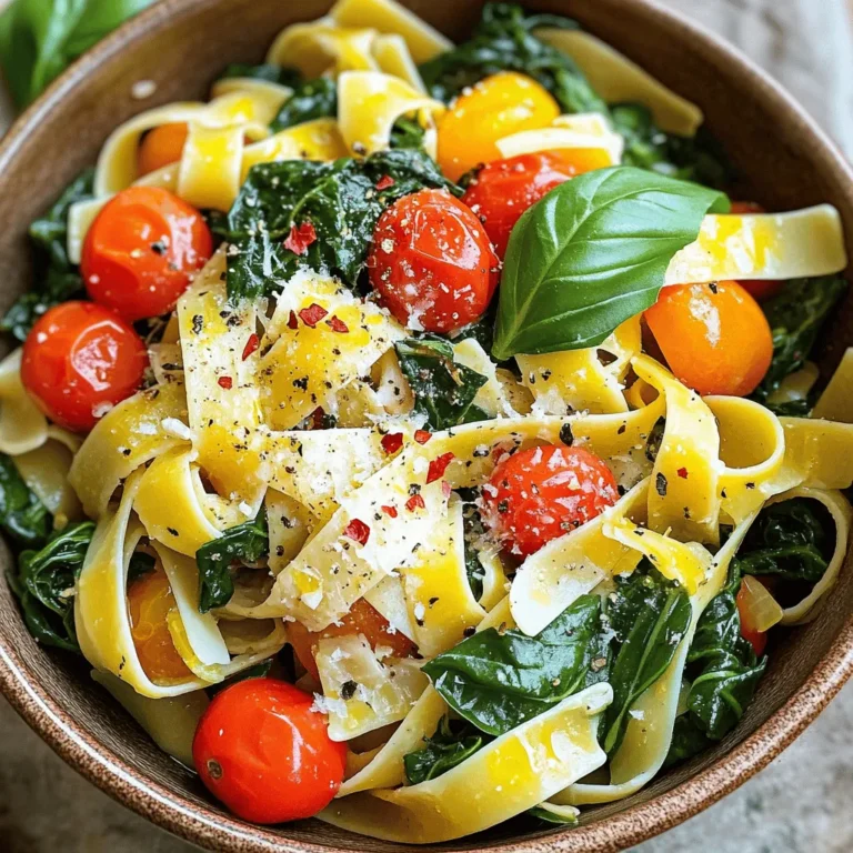 - 12 oz spaghetti or your pasta of choice - 2 cups fresh spinach, roughly chopped - 2 cups cherry tomatoes, halved - 3 cloves garlic, minced - 1 medium onion, finely chopped - 1/4 cup olive oil - 1 teaspoon red pepper flakes (adjust to taste) - Salt and pepper to taste - 1/4 cup grated Parmesan cheese (optional) - Fresh basil for garnish Using fresh, bright ingredients makes this dish shine. The spinach adds color and nutrients. Cherry tomatoes bring sweetness and juiciness, while garlic and onion add depth. Olive oil binds it all together, enhancing flavor. Red pepper flakes add a gentle heat, but feel free to adjust. Parmesan cheese is optional but adds a creamy touch. Fresh basil is perfect for garnish and brings a fresh aroma. These ingredients create a quick and tasty meal that feels special. Enjoy the beauty of this simple yet flavorful dish! Start by bringing a large pot of salted water to a boil. Use enough water so the pasta cooks evenly. Once the water boils, add 12 ounces of spaghetti. Cook it according to the package instructions. You want the pasta to be al dente, which means it should still have a slight bite. After cooking, reserve one cup of pasta water. This water will help the sauce later. Drain the spaghetti in a colander and set it aside. Next, grab a large skillet and heat 1/4 cup of olive oil over medium heat. Once the oil is hot, add a finely chopped medium onion. Sauté it for about 3 to 4 minutes until it softens. Now, add 3 cloves of minced garlic and 1 teaspoon of red pepper flakes to the skillet. Stir this mix for one minute. The goal is to get the garlic fragrant but not burnt. Then, toss in 2 cups of halved cherry tomatoes. Cook these for about 5 to 7 minutes. You want them to soften and release their juices. This will create a tasty sauce base. Finally, add 2 cups of roughly chopped spinach to the skillet. Toss everything together and cook for another 2 to 3 minutes until the spinach wilts. Now it's time to bring everything together. Combine the drained spaghetti with the tomato and spinach mixture in the skillet. Pour in a little of that reserved pasta water to help create a nice sauce. Mix everything well. Next, season the dish with salt and pepper to taste. Allow the pasta to heat through for another 2 minutes. If you like cheese, sprinkle 1/4 cup of grated Parmesan over the top. Toss again to combine. After that, remove the skillet from heat. Let the pasta sit for a minute before serving. Enjoy your colorful, tasty Spinach Tomato Pasta! How to avoid mushy pasta To keep your pasta firm, cook it just until al dente. This means it should have a slight bite when you chew it. Use a big pot of salted water. This adds flavor and helps with texture. Remember to stir the pasta often while it cooks. Best pasta types for this recipe I love using spaghetti for spinach tomato pasta. It holds the sauce well. You can also try penne or fusilli. These shapes catch the sauce and veggies, making each bite tasty. Additional spices and herbs to try Besides red pepper flakes, consider adding dried oregano or fresh thyme. These add depth to your dish. A squeeze of lemon juice brightens the flavors too. You can also use a pinch of sugar to balance the acidity of the tomatoes. Tips for sautéing vegetables Start by cooking onions until they are soft. This takes about 3-4 minutes. Then add garlic for flavor. Keep an eye on the heat; you don't want the garlic to burn. It should become fragrant in about a minute. Add tomatoes next and let them soften. Finally, toss in the spinach until it wilts. Serving ideas with garnishes Serve the pasta in a big bowl or on individual plates. Top with fresh basil leaves for color. A sprinkle of Parmesan cheese adds a nice touch. You can also drizzle olive oil on top for extra flavor. Pairing suggestions for side dishes This pasta pairs well with a crisp green salad. A side of garlic bread is also a great choice. It complements the dish and adds a hearty element to your meal. {{image_2}} You can add protein to make this dish heartier. Adding chicken or shrimp works well. Simply cook bite-sized pieces of chicken or shrimp in the skillet before you add the spinach. This adds great flavor and boosts nutrition. If you prefer vegan options, try chickpeas or lentils. They are rich in protein and add texture. Mix them in with the spinach and tomatoes for a filling meal. You can swap out vegetables based on what you have. Bell peppers, zucchini, or broccoli can work well. Simply chop them and add them to the skillet when you cook the onion. Think about seasonal variations, too. In summer, use fresh corn or green beans. In winter, add roasted butternut squash or kale. This keeps the dish fresh and exciting. Different sauces can change the taste of your pasta. Try a pesto or Alfredo sauce to mix things up. Both will give your meal a new twist. For cheese, Parmesan is classic, but you can use feta or mozzarella too. Crumbled feta adds a salty kick, while mozzarella gives a creamy texture. Experiment with different cheeses for your favorite flavor! To store your spinach tomato pasta, place it in an airtight container. Make sure to cool it first. This keeps moisture in and prevents it from drying out. It stays fresh for about 3 to 5 days in the fridge. When reheating pasta, you have a few options. You can use the microwave or the stove. If using the microwave, add a splash of water. This helps steam the pasta and keeps it moist. Stir it every 30 seconds for even heating. If using the stove, warm it in a pan over low heat. Add a little olive oil to keep it from sticking. Yes, you can freeze spinach tomato pasta! To freeze it, let the pasta cool completely. Then, place it in a freezer-safe bag or container. Be sure to remove excess air to prevent freezer burn. It can last about 2 to 3 months in the freezer. When ready to eat, thaw it in the fridge overnight and reheat as mentioned. To make Spinach Tomato Pasta gluten-free, use gluten-free pasta. Many brands offer great options. Rice, quinoa, or chickpea pasta works well. Check the cooking times, as they may vary. Yes, you can use frozen spinach. Just thaw it first and drain any excess water. Frozen spinach is a time-saver and still tasty. If you want to skip Parmesan, try nutritional yeast for a cheesy flavor. You can also use pecorino or a dairy-free cheese. These options give great taste without dairy. Adding protein is easy! Chicken or shrimp cooks well with the pasta. For a plant-based option, add chickpeas or tofu. Store leftover Spinach Tomato Pasta in an airtight container. It stays fresh in the fridge for up to three days. Yes, you can reheat the pasta in the microwave or on the stove. Add a splash of water to help it steam and soften. Yes, you can prepare the pasta ahead. Store the sauce and pasta separately for best results. Combine them when ready to serve. Fresh herbs like basil, parsley, or oregano add great flavor. Add them at the end for freshness. Dried herbs also work well if fresh isn't available. To add more heat, increase the red pepper flakes. You can also include a dash of hot sauce. Adjust the spice level to your taste! This recipe for Spinach Tomato Pasta is simple and tasty. You can make it with fresh ingredients and basic steps. Remember to cook your pasta just right and try different flavors. Adding proteins or using other veggies can change it up. Storing and reheating it correctly keeps the taste fresh. Enjoy making this meal your own with our tips! Your dinner will be healthy and satisfying.
