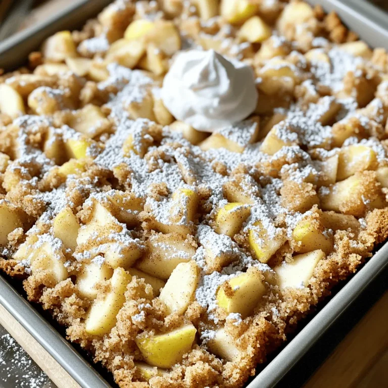 To make the perfect Cinnamon Apple Crumb Cake, gather these key ingredients: - 2 cups all-purpose flour - 1 ½ teaspoons baking powder - ½ teaspoon baking soda - ½ teaspoon salt - 1 teaspoon ground cinnamon - ¾ cup unsalted butter, softened - 1 cup granulated sugar - 2 large eggs - 1 teaspoon vanilla extract - 1 cup buttermilk - 2 large apples (Granny Smith or Honeycrisp), peeled, cored, and diced - ¼ cup brown sugar - 1 tablespoon lemon juice For the crumb topping, you'll need: - ½ cup all-purpose flour - ½ cup brown sugar - ½ teaspoon ground cinnamon - ¼ cup unsalted butter, chilled and cubed - ¼ cup old-fashioned oats Each ingredient plays a role in creating a rich flavor and soft texture. The apples bring moisture and sweetness. The cinnamon adds warmth and comfort. The crumb topping gives a nice crunchy texture. 1. Preheat your oven to 350°F (175°C). This step makes sure the cake bakes evenly. 2. Grease a 9x13 inch baking pan. This helps the cake come out easily. 3. Toss 2 large diced apples with ¼ cup brown sugar and 1 tablespoon lemon juice. This makes the apples sweet and tangy. Set the apples aside for a bit. 1. In a bowl, whisk together 2 cups all-purpose flour, 1 ½ teaspoons baking powder, ½ teaspoon baking soda, ½ teaspoon salt, and 1 teaspoon ground cinnamon. This mix adds structure and flavor. 2. In a large bowl, cream together ¾ cup softened unsalted butter and 1 cup granulated sugar. Mix until it becomes light and fluffy. This usually takes about 3-4 minutes. 3. Add 2 large eggs one by one, mixing well after each. Stir in 1 teaspoon vanilla extract. This adds richness to our batter. 4. Gradually add the dry mix to the butter mix, alternating with 1 cup buttermilk. Start and end with dry ingredients. Mix until just combined. 5. Gently fold in the apple mixture into the batter. This helps distribute the apples evenly. 1. To make the crumb topping, combine ½ cup all-purpose flour, ½ cup brown sugar, and ½ teaspoon ground cinnamon in a small bowl. 2. Add ¼ cup chilled and cubed unsalted butter. Use your fingers to mix until it looks crumbly. Stir in ¼ cup old-fashioned oats for a nice texture. 3. Pour the batter into your prepared baking pan. Spread it evenly. Sprinkle the crumb topping generously over the batter. 4. Bake for 35-40 minutes. A toothpick inserted in the center should come out clean. 5. Let the cake cool in the pan for about 10 minutes. This helps it set before you slice. Enjoy your warm cake! - Importance of ingredient temperature: Use room temperature butter and eggs for a smooth batter. Cold ingredients can create lumps and toughen the cake. - How to check for doneness: Insert a toothpick into the center of the cake. If it comes out clean, the cake is ready. If not, bake for a few more minutes. - Preventing a dry cake: Avoid over-mixing your batter. Mix until just combined. Also, keep an eye on the baking time to prevent drying out. - Dusting with powdered sugar: After cooling, sprinkle powdered sugar on top. This adds a lovely touch and sweetness. - Serving with whipped cream or ice cream: Pair slices with whipped cream or vanilla ice cream. The coolness contrasts well with the warm cake. - Garnishing options: Add a sprinkle of cinnamon or a few apple slices for a pretty finish. This makes the cake even more inviting. {{image_2}} You can make this cake gluten-free! Use 2 cups of a gluten-free flour blend. Look for blends that include xanthan gum. This will help the cake rise and stay together. To make a vegan version, replace eggs with flax eggs. Mix one tablespoon of flaxseed meal with three tablespoons of water. Let it sit for five minutes. For dairy, use plant-based milk and vegan butter. These swaps keep the cake moist and tasty. You can add nuts like walnuts or pecans for a crunchy texture. Dried fruits like raisins or cranberries add sweetness. For apples, try different types. Fuji apples bring a sweet taste, while Granny Smith adds a tartness. Mixing apple types can give your cake a fun twist! To keep your Cinnamon Apple Crumb Cake fresh, use a few simple steps. First, let the cake cool completely after baking. Then, cover it tightly with plastic wrap or place it in an airtight container. This helps keep moisture in and prevents it from drying out. You can store the cake in the refrigerator for up to five days. The cold will help maintain its flavor and texture. If you want to save some for later, freezing is a great option. Start by slicing the cake into pieces. Wrap each slice tightly in plastic wrap. Then, place them in a freezer-safe bag or container. This keeps them fresh and easy to grab. The cake can stay in the freezer for up to three months. When you're ready to enjoy it, just take out a slice and let it thaw in the fridge overnight. You can also warm it up in the microwave for a few seconds for a fresh-baked taste. How do you store a cake with crumb topping? To store your cake, cover it loosely with foil or plastic wrap. This keeps the crumb topping soft. Place it in a cool place. You can also refrigerate it for longer freshness. Can I use other fruits instead of apples? Yes, you can swap apples for pears or berries. Each fruit gives a unique taste. Just remember to adjust the sugar based on the fruit’s sweetness. How can I make this cake moist? To keep your cake moist, measure your flour correctly. Too much flour makes it dry. Also, do not overmix the batter. This keeps the cake light and fluffy. What can I use instead of buttermilk? You can mix 1 cup of milk with 1 tablespoon of lemon juice or vinegar. Let it sit for five minutes. This gives a similar tangy flavor to buttermilk. Is it possible to make the crumb topping ahead of time? Absolutely! You can prepare the crumb topping a day in advance. Just store it in the fridge until you are ready to bake. How long will the cake last at room temperature? The cake stays fresh for about 2 to 3 days at room temperature. If you cover it well, it will remain tasty and moist. This blog post provided a clear guide to making a delicious Cinnamon Apple Crumb Cake. We discussed the key ingredients and detailed steps for preparation and baking. I shared tips for baking success and ways to enhance presentation. The variations section allowed you to explore gluten-free and vegan options. Remember to store leftovers properly for the best taste. Enjoy trying new flavors and serving ideas. Baking can be fun, and this cake is a great choice for any occasion. Happy baking!