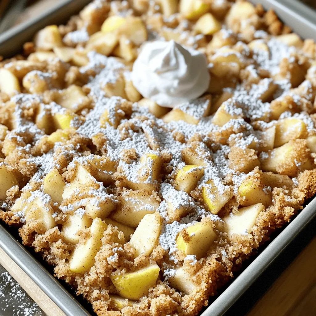 To make the perfect Cinnamon Apple Crumb Cake, gather these key ingredients: - 2 cups all-purpose flour - 1 ½ teaspoons baking powder - ½ teaspoon baking soda - ½ teaspoon salt - 1 teaspoon ground cinnamon - ¾ cup unsalted butter, softened - 1 cup granulated sugar - 2 large eggs - 1 teaspoon vanilla extract - 1 cup buttermilk - 2 large apples (Granny Smith or Honeycrisp), peeled, cored, and diced - ¼ cup brown sugar - 1 tablespoon lemon juice For the crumb topping, you'll need: - ½ cup all-purpose flour - ½ cup brown sugar - ½ teaspoon ground cinnamon - ¼ cup unsalted butter, chilled and cubed - ¼ cup old-fashioned oats Each ingredient plays a role in creating a rich flavor and soft texture. The apples bring moisture and sweetness. The cinnamon adds warmth and comfort. The crumb topping gives a nice crunchy texture. 1. Preheat your oven to 350°F (175°C). This step makes sure the cake bakes evenly. 2. Grease a 9x13 inch baking pan. This helps the cake come out easily. 3. Toss 2 large diced apples with ¼ cup brown sugar and 1 tablespoon lemon juice. This makes the apples sweet and tangy. Set the apples aside for a bit. 1. In a bowl, whisk together 2 cups all-purpose flour, 1 ½ teaspoons baking powder, ½ teaspoon baking soda, ½ teaspoon salt, and 1 teaspoon ground cinnamon. This mix adds structure and flavor. 2. In a large bowl, cream together ¾ cup softened unsalted butter and 1 cup granulated sugar. Mix until it becomes light and fluffy. This usually takes about 3-4 minutes. 3. Add 2 large eggs one by one, mixing well after each. Stir in 1 teaspoon vanilla extract. This adds richness to our batter. 4. Gradually add the dry mix to the butter mix, alternating with 1 cup buttermilk. Start and end with dry ingredients. Mix until just combined. 5. Gently fold in the apple mixture into the batter. This helps distribute the apples evenly. 1. To make the crumb topping, combine ½ cup all-purpose flour, ½ cup brown sugar, and ½ teaspoon ground cinnamon in a small bowl. 2. Add ¼ cup chilled and cubed unsalted butter. Use your fingers to mix until it looks crumbly. Stir in ¼ cup old-fashioned oats for a nice texture. 3. Pour the batter into your prepared baking pan. Spread it evenly. Sprinkle the crumb topping generously over the batter. 4. Bake for 35-40 minutes. A toothpick inserted in the center should come out clean. 5. Let the cake cool in the pan for about 10 minutes. This helps it set before you slice. Enjoy your warm cake! - Importance of ingredient temperature: Use room temperature butter and eggs for a smooth batter. Cold ingredients can create lumps and toughen the cake. - How to check for doneness: Insert a toothpick into the center of the cake. If it comes out clean, the cake is ready. If not, bake for a few more minutes. - Preventing a dry cake: Avoid over-mixing your batter. Mix until just combined. Also, keep an eye on the baking time to prevent drying out. - Dusting with powdered sugar: After cooling, sprinkle powdered sugar on top. This adds a lovely touch and sweetness. - Serving with whipped cream or ice cream: Pair slices with whipped cream or vanilla ice cream. The coolness contrasts well with the warm cake. - Garnishing options: Add a sprinkle of cinnamon or a few apple slices for a pretty finish. This makes the cake even more inviting. {{image_2}} You can make this cake gluten-free! Use 2 cups of a gluten-free flour blend. Look for blends that include xanthan gum. This will help the cake rise and stay together. To make a vegan version, replace eggs with flax eggs. Mix one tablespoon of flaxseed meal with three tablespoons of water. Let it sit for five minutes. For dairy, use plant-based milk and vegan butter. These swaps keep the cake moist and tasty. You can add nuts like walnuts or pecans for a crunchy texture. Dried fruits like raisins or cranberries add sweetness. For apples, try different types. Fuji apples bring a sweet taste, while Granny Smith adds a tartness. Mixing apple types can give your cake a fun twist! To keep your Cinnamon Apple Crumb Cake fresh, use a few simple steps. First, let the cake cool completely after baking. Then, cover it tightly with plastic wrap or place it in an airtight container. This helps keep moisture in and prevents it from drying out. You can store the cake in the refrigerator for up to five days. The cold will help maintain its flavor and texture. If you want to save some for later, freezing is a great option. Start by slicing the cake into pieces. Wrap each slice tightly in plastic wrap. Then, place them in a freezer-safe bag or container. This keeps them fresh and easy to grab. The cake can stay in the freezer for up to three months. When you're ready to enjoy it, just take out a slice and let it thaw in the fridge overnight. You can also warm it up in the microwave for a few seconds for a fresh-baked taste. How do you store a cake with crumb topping? To store your cake, cover it loosely with foil or plastic wrap. This keeps the crumb topping soft. Place it in a cool place. You can also refrigerate it for longer freshness. Can I use other fruits instead of apples? Yes, you can swap apples for pears or berries. Each fruit gives a unique taste. Just remember to adjust the sugar based on the fruit’s sweetness. How can I make this cake moist? To keep your cake moist, measure your flour correctly. Too much flour makes it dry. Also, do not overmix the batter. This keeps the cake light and fluffy. What can I use instead of buttermilk? You can mix 1 cup of milk with 1 tablespoon of lemon juice or vinegar. Let it sit for five minutes. This gives a similar tangy flavor to buttermilk. Is it possible to make the crumb topping ahead of time? Absolutely! You can prepare the crumb topping a day in advance. Just store it in the fridge until you are ready to bake. How long will the cake last at room temperature? The cake stays fresh for about 2 to 3 days at room temperature. If you cover it well, it will remain tasty and moist. This blog post provided a clear guide to making a delicious Cinnamon Apple Crumb Cake. We discussed the key ingredients and detailed steps for preparation and baking. I shared tips for baking success and ways to enhance presentation. The variations section allowed you to explore gluten-free and vegan options. Remember to store leftovers properly for the best taste. Enjoy trying new flavors and serving ideas. Baking can be fun, and this cake is a great choice for any occasion. Happy baking!