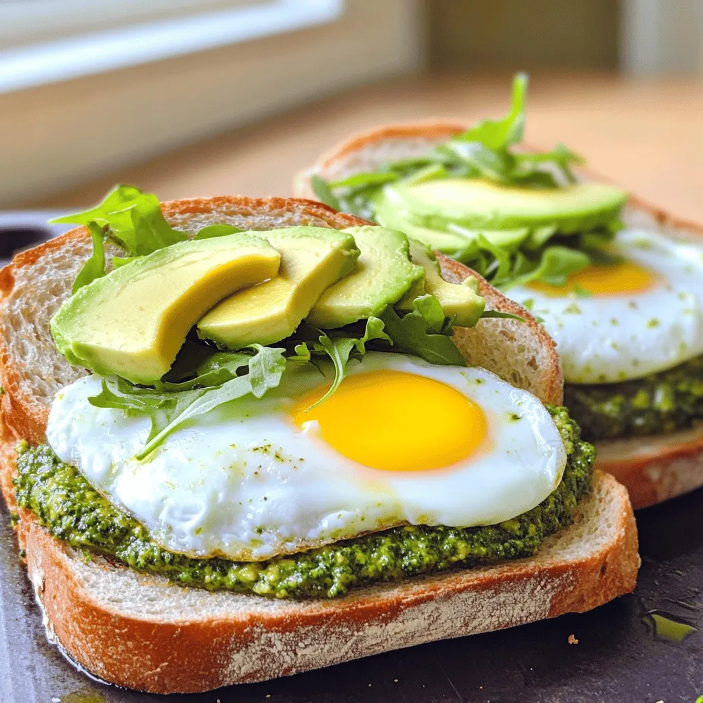 - 2 large eggs - 2 slices of whole-grain bread - 2 tablespoons pesto - 1 slice of fresh mozzarella cheese - 1 small avocado, sliced - Fresh arugula or spinach - Salt and pepper, to taste - Olive oil, for frying The base of the Savory Pesto Egg Breakfast Sandwich is simple yet delicious. You need just two large eggs, which add protein and creaminess. The whole-grain bread provides a hearty texture and nutrients. Pesto, with its fresh herbs and nuts, brings a burst of flavor. For a little extra, you can add a slice of fresh mozzarella cheese. It melts well and makes the sandwich even richer. Sliced avocado offers creaminess and healthy fats. Fresh arugula or spinach adds a nice crunch and color. Don’t forget the salt and pepper! They enhance every bite. A little olive oil helps fry the eggs and toast the bread just right. This combination of basic and optional ingredients makes the sandwich fun and customizable. Each bite offers a blend of flavors, and you can mix and match to find your favorite version. First, heat a non-stick skillet over medium heat. Add a drizzle of olive oil. This will help prevent the eggs from sticking. Next, crack the two large eggs into the skillet. Cook them sunny-side up until the whites are set but the yolks are still runny. Season the eggs with salt and pepper to taste. This simple step adds a lot of flavor to your sandwich. While the eggs cook, take two slices of whole-grain bread. Toast them in a toaster or on a skillet until they are golden brown. This adds a nice crunch to the sandwich. After toasting, spread one tablespoon of pesto on each slice of bread. The pesto gives the sandwich a fresh and herby taste. Once your eggs are cooked, place a slice of fresh mozzarella on top of each egg in the skillet. Let the cheese melt slightly. Now, it's time to assemble your sandwich. On one slice of bread, layer the melted egg and cheese. Then add fresh avocado slices and a handful of arugula or spinach for extra crunch. Finally, top with the second slice of pesto-covered bread. Gently press down on the sandwich. If you like, cut it in half and serve it right away. Enjoy! You can choose between store-bought and homemade pesto for your sandwich. Store-bought pesto is quick and easy. It saves time and still tastes great. However, homemade pesto can bring fresh flavors. To make your own, blend basil, garlic, nuts, cheese, and olive oil. You can also customize your pesto with different herbs or nuts. Try spinach or kale for a twist. Use walnuts or pecans for a unique taste. When cooking eggs, you can choose sunny-side up or over-easy. Sunny-side up keeps the yolk bright and runny. If you prefer a firmer yolk, go with over-easy. To cook over-easy, gently flip the egg in the skillet. Adjust the cooking time to get the yolk just how you like it. For a runny yolk, cook for about three minutes. For a firmer yolk, cook for five minutes. Whole-grain bread is the best choice for this sandwich. It adds flavor and texture. You can also try sourdough or ciabatta for a different bite. If you need gluten-free options, look for gluten-free bread. Many brands now make tasty gluten-free choices. Just check for quality and freshness to ensure a great sandwich. {{image_2}} You can make this sandwich even better with protein options. Adding crispy bacon or smoked salmon gives it a rich flavor. Both add a salty touch that pairs well with the eggs and pesto. If you want a vegetarian option, try using tofu or chickpea eggs. They mimic the texture of eggs and soak up all those tasty flavors. Cheese can change the taste of your sandwich. Fresh mozzarella is creamy and mild. However, you can also use sharp cheddar or pepper jack for a kick. If you prefer dairy-free, look for nut-based cheeses. They offer a similar creaminess and can make your sandwich just as satisfying. Add-ons can boost nutrition and flavor. Sautéed spinach or bell peppers work great. They add vitamins and color to your dish. You can also drizzle some hot sauce for a spicy kick. Spreads like hummus or avocado can give extra creaminess. Don't be afraid to mix and match your toppings for your perfect breakfast bite! To store leftovers safely, wrap the sandwich tightly in plastic wrap or foil. This keeps it fresh and prevents it from drying out. You can also place it in an airtight container. For optimal reheating, use a skillet over low heat. This warms it gently and keeps the bread from getting soggy. You want to heat it until the cheese melts and the eggs are warm. To keep pesto fresh, store it in an airtight jar or container. A thin layer of olive oil on top helps prevent browning. For eggs, keep them in their original carton in the fridge. This keeps them fresh and safe. As for bread, store it in a cool, dry place. If you won't use it soon, freeze it in a bag. This keeps it fresh for longer. You can freeze the assembled sandwich, but it's best to do it without the toppings. Wrap it tightly in foil or freezer-safe wrap. For best results, freeze individual components. You can freeze the eggs, pesto, and bread separately. This way, you can enjoy fresh flavors when you are ready to eat. Just remember to thaw them in the fridge before you reheat. Making this sandwich takes about 15 minutes total. You will spend 10 minutes prepping and cooking. This quick time means you can enjoy a tasty breakfast without a long wait. Yes, you can prepare parts of this sandwich ahead. Cook the eggs and store them in the fridge. Toast the bread when you are ready to eat. Keep pesto and avocado separate to maintain freshness. This way, you can enjoy your sandwich at its best. If you need an alternative to pesto, try using hummus or sun-dried tomato spread. These options add flavor while catering to different diets. You can also make your own pesto with nuts, herbs, and oil. This way, you control the ingredients. The Savory Pesto Egg Breakfast Sandwich is simple and tasty. You need just a few key ingredients, like eggs, whole-grain bread, and pesto. Cooking is straightforward and quick, making it perfect for busy mornings. Experiment with options like avocado or fresh mozzarella for added flavor. Remember to store your leftovers properly to enjoy them later. This sandwich is not just a meal; it's a canvas for creativity. Try different proteins or toppings to make it your own. You’ll love crafting your perfect breakfast!