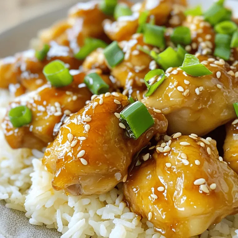 To make honey sesame chicken, you need these key ingredients: - 500g boneless chicken thighs, cut into bite-sized pieces - 3 tablespoons honey - 2 tablespoons soy sauce - 1 tablespoon sesame oil - 2 cloves garlic, minced - 1 tablespoon fresh ginger, grated - 1 tablespoon cornstarch - 1 tablespoon water - 1/4 cup sesame seeds - 2 green onions, chopped - Salt and pepper to taste These ingredients create a great balance of sweet and savory. The honey gives a nice glaze, while the soy sauce adds depth. The sesame oil brings warmth, and garlic and ginger add a fragrant kick. You can add more ingredients to boost the flavor: - Red pepper flakes for spice - Chopped bell peppers for crunch - Broccoli for a pop of color - Pineapple chunks for sweetness These extras can make your dish more vibrant and fun. To round out your meal, consider these side dishes: - Steamed broccoli for a healthy touch - Fried rice for a heartier option - A fresh salad for a light contrast These sides complement the sweetness of the chicken and add balance to your plate. Enjoy each bite! Start by making the marinade. In a large bowl, mix 3 tablespoons of honey, 2 tablespoons of soy sauce, and 1 tablespoon of sesame oil. Add 2 cloves of minced garlic and 1 tablespoon of grated ginger. Whisk the ingredients well until combined. Next, cut 500 grams of boneless chicken thighs into bite-sized pieces. Toss the chicken into the marinade. Make sure each piece is coated. Let the chicken marinate for at least 30 minutes. For more flavor, refrigerate it for up to 2 hours. Heat a large skillet over medium-high heat. Once hot, add the marinated chicken along with the marinade. Cook the chicken for about 5 to 7 minutes. Stir occasionally until the chicken is cooked through and slightly caramelized. The chicken should have a nice golden color. In a small bowl, mix 1 tablespoon of cornstarch with 1 tablespoon of water to make a slurry. Pour this mixture into the skillet with the chicken. Stir gently to combine and thicken the sauce. Cook for an additional 2 to 3 minutes. The sauce should become glossy and thickened. Sprinkle 1/4 cup of sesame seeds over the chicken. Stir to combine and cook for another minute to lightly toast the sesame seeds. Finally, season with salt and pepper to taste. Serve the chicken over cooked jasmine rice and garnish with chopped green onions. Marinating is key for great flavor. Use a large bowl for mixing. Combine honey, soy sauce, sesame oil, garlic, and ginger well. Toss in the chicken pieces and coat them fully. For best results, let the chicken sit for at least 30 minutes. If you have time, marinate for up to 2 hours in the fridge. This deepens the taste and makes the chicken tender. Cook your marinated chicken in a hot skillet. Use medium-high heat for even cooking. Add the chicken and marinade to the skillet. Stir occasionally to avoid sticking. Cook for 5 to 7 minutes until the chicken is fully cooked. Look for a slight caramelization for a nice finish. Remember, overcooking can make chicken dry, so keep an eye on it. Presentation matters, so make it look good! Serve the honey sesame chicken over jasmine rice. Sprinkle sesame seeds on top for a nutty crunch. Add chopped green onions for a fresh touch. You can also place extra sesame seeds around the dish for flair. For a pop of color, serve with steamed broccoli on the side. This not only looks great but also adds nutrients. {{image_2}} Adding vegetables to honey sesame chicken makes it more colorful and healthy. You can use bell peppers, broccoli, or snap peas. These veggies add crunch and nutrition. Just chop them into bite-sized pieces. Add them to the skillet when you cook the chicken. They will cook quickly and stay bright. It’s a great way to sneak in more vitamins. If you want to change the protein, try tofu or shrimp. Tofu works well for a plant-based option. Cut it into cubes and marinate just like the chicken. Cook it in the same way until it's golden. Shrimp cooks fast, so add them to the skillet for just 3-5 minutes. Both options keep the dish tasty and fun. You can switch up the sauce for new flavors. Try adding spicy chili sauce for heat. For a tangy twist, mix in orange juice or zest. If you enjoy a richer taste, add hoisin sauce. Each sauce gives honey sesame chicken a unique flair. Experiment and find your favorite! To store leftovers, let the honey sesame chicken cool to room temperature. Transfer it to an airtight container. Place parchment paper between layers if you stack the chicken. This prevents sticking and keeps it fresh. Store it in the fridge for up to three days. When you're ready to eat the leftovers, reheating is easy. You can use a microwave or a skillet. If using a microwave, cover the chicken with a damp paper towel. Heat it in 30-second bursts until warm. If using a skillet, add a splash of water to prevent sticking. Warm it over low heat for about 5 minutes. If you want to freeze the dish, do so before reheating. Place the cooled chicken in a freezer-safe container. Make sure to remove excess air to avoid freezer burn. It can stay in the freezer for up to three months. To thaw, move it to the fridge overnight before reheating. Enjoy your honey sesame chicken later! Yes, you can use chicken breast. Chicken breast is leaner than thighs. It cooks faster, so watch the time. You may need to adjust the cooking time to avoid dryness. Thighs are juicier and more tender, but breasts work too. To make this dish gluten-free, use tamari instead of soy sauce. Tamari is a gluten-free soy sauce alternative. Also, check that your cornstarch is gluten-free, which most brands are. You can enjoy this tasty dish without gluten. A chilled Riesling pairs well with honey sesame chicken. The wine's sweetness matches the honey. You could also try a Sauvignon Blanc for a crisp contrast. Both wines enhance the dish's flavors and make your meal special. This post shared how to make honey sesame chicken. You learned about the key ingredients, steps, and tips for great flavor. I also shared side dishes and variations to try. Whether you add veggies or switch proteins, you can customize it. Remember to store leftovers well for easy meals later. Enjoy your cooking, and I hope this dish brings you joy and flavor!