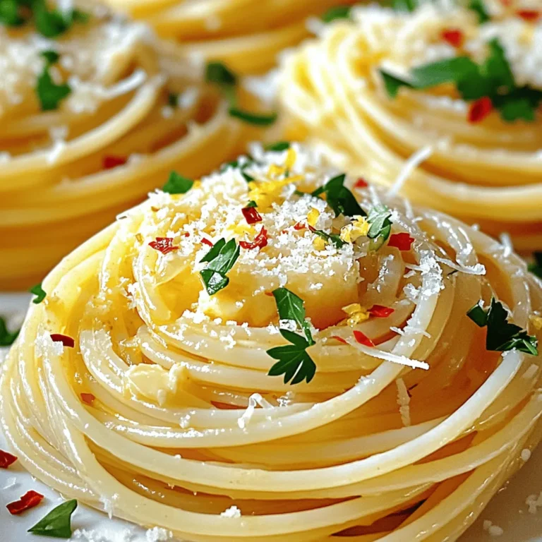 For a tasty garlic butter pasta, you will need: - 400g spaghetti or linguine - 6 tablespoons unsalted butter - 4 cloves garlic, minced - 1 teaspoon red pepper flakes (adjust to taste) - 1/4 cup freshly grated Parmesan cheese - 2 tablespoons fresh parsley, chopped - Salt and black pepper to taste - Zest of 1 lemon - Juice of 1/2 lemon These ingredients come together to create a rich, buttery sauce that wraps around the pasta perfectly. The garlic adds a nice aroma that makes your kitchen smell amazing. To enhance your garlic butter pasta, consider these optional ingredients: - Lemon zest and juice for brightness - Extra herbs like basil or thyme for depth - Toasted pine nuts for crunch - A splash of white wine for a more complex flavor Adding these extras can give your dish a unique twist and make it your own! Garlic butter pasta pairs well with many sides. Here are some ideas: - A simple green salad with lemon vinaigrette - Crusty garlic bread for a true garlic lover's feast - Grilled vegetables for a colorful plate - A light soup like minestrone or tomato basil These sides balance the richness of the pasta and make for a complete meal. Enjoy your cooking! To start, bring a large pot of water to a boil. Add salt to the water. The salt helps flavor the pasta. Once the water is boiling, add 400g of spaghetti or linguine. Cook it according to the package instructions until it is al dente. This usually takes about 8 to 10 minutes. Before you drain the pasta, save 1 cup of the water. This water is starchy and helps the sauce stick. After saving the water, drain the pasta and set it aside. Next, you will make the garlic butter sauce. In a large skillet, melt 6 tablespoons of unsalted butter over medium heat. Once the butter melts, add 4 minced garlic cloves and 1 teaspoon of red pepper flakes. Stir this mixture for about 1 to 2 minutes. The garlic should smell nice and turn a light golden color. Be careful not to burn the garlic, as it can turn bitter. Now it is time to mix the pasta and sauce. Add the drained pasta directly into the skillet with the garlic butter. Toss the pasta well so that it is fully coated in the sauce. If the sauce seems too thick, slowly add some of the reserved pasta water. Do this a little at a time until the sauce reaches the thickness you like. Finally, stir in 1/4 cup of freshly grated Parmesan cheese, 2 tablespoons of chopped fresh parsley, the zest of 1 lemon, and the juice of 1/2 lemon. Season with salt and black pepper to taste. Toss everything together until it is well mixed. Your garlic butter pasta is ready to serve! To boost the flavor of garlic butter pasta, use fresh ingredients. Fresh garlic gives a stronger taste than dried. Add fresh herbs like basil or thyme for a pop of flavor. You can also squeeze a bit of lemon juice for brightness. For extra richness, sprinkle more Parmesan cheese on top. A dash of balsamic vinegar can add depth. Finally, consider using flavored olive oil when cooking the pasta. One common mistake is overcooking the pasta. Always cook it until al dente. This keeps the pasta firm and helps it hold sauce better. Another mistake is not reserving pasta water. This starchy water helps the sauce cling to the pasta. Avoid burning the garlic; sauté it just until fragrant. Burning makes it bitter. Lastly, don't skip seasoning. Salt enhances the dish, so taste as you go. Start with a large pot of boiling salted water. Use at least 4-6 quarts for 400g of pasta. This prevents sticking. Stir the pasta occasionally while it cooks. Follow the package instructions for timing. Always taste the pasta a minute before the end time. Once done, reserve some cooking water before draining. This water is gold for adjusting sauce thickness. Rinse the pasta only if you plan to use it in a cold dish. {{image_2}} You can boost your garlic butter pasta by adding protein. Chicken works well here. Just cook diced chicken in the skillet before adding the garlic. Shrimp is another great option. Sauté shrimp until pink, then add the garlic. If you prefer a plant-based choice, use tofu. Press and cube the tofu, then fry it until golden. This gives you a hearty and filling meal. To make this dish vegetarian, simply skip the meat. You can add extra veggies like spinach or bell peppers. For a vegan version, swap the butter for plant-based butter. Use nutritional yeast instead of Parmesan for that cheesy flavor. This makes the dish creamy and rich without any animal products. Try adding fresh herbs to change the flavor. Basil or thyme can add a fresh taste. You can also sprinkle in some fresh lemon zest for brightness. If you like heat, consider more red pepper flakes or even some chili oil. Combining flavors can make your garlic butter pasta even more exciting! To keep your garlic butter pasta fresh, let it cool first. Place it in an airtight container. Make sure to cover it well. Store it in the fridge for up to three days. This helps keep the flavors intact. If you want to enjoy it later, freezing is a good option. To freeze your garlic butter pasta, first cool it completely. Portion the pasta into freezer-safe bags. Remove as much air as possible before sealing. Label the bags with the date. You can freeze it for up to three months. This way, you can enjoy a quick meal anytime. When reheating, use a skillet for best taste. Add a splash of water or broth. This helps prevent the pasta from drying out. Heat over low to medium heat. Stir gently until warmed through. You can also use the microwave. Cover it to keep moisture in. Enjoy your garlic butter pasta just as good as fresh! Yes, you can use other types of pasta. Spaghetti and linguine work well, but you can try penne, fettuccine, or even gluten-free pasta. Each type brings a different texture. Just make sure to cook it as directed on the package. This way, you keep the pasta al dente. To prevent garlic from burning, keep the heat low to medium. Garlic cooks fast, so watch it closely. Stir it often to ensure even cooking. If it turns too brown, it can taste bitter. If you notice it starting to change color, remove it from the heat. You can make garlic butter pasta gluten-free by using gluten-free pasta. Many brands offer great options like rice or corn-based pasta. Just be sure to check the package for cooking times since they may differ. The garlic butter sauce is naturally gluten-free, so you can enjoy the flavor without worry. Garlic butter pasta is simple yet full of flavor. You learned the key ingredients and how to cook them. The steps to make the sauce and combine it with pasta are easy to follow. Tips help you avoid mistakes and enhance taste. Variations let you add protein or adapt for diets. Proper storage keeps leftovers fresh and tasty. Enjoy trying this dish, knowing you can tweak it as you like. Garlic butter pasta is a fun and delicious meal for everyone.