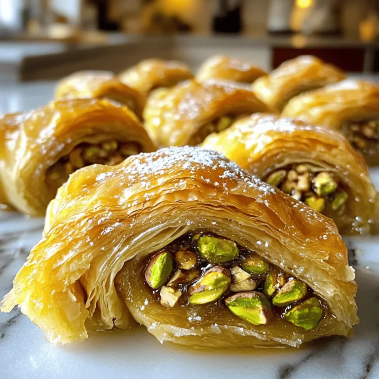 To make honey pistachio baklava twists, gather these ingredients: - 1 package of phyllo dough (16 oz), thawed - 1 cup unsalted pistachios, finely chopped - 1 cup walnuts, finely chopped - 1/2 cup granulated sugar - 1 teaspoon ground cinnamon - 1/2 cup unsalted butter, melted - 1 cup honey - 1/2 cup water - 1 teaspoon vanilla extract - 1/4 cup orange blossom water (optional) - Powdered sugar for dusting You can swap some ingredients if needed. Use pecans instead of walnuts for a different flavor. Almonds also work well in place of pistachios. If you want less sugar, try using honey alone. For a vegan version, replace butter with coconut oil. You can also skip the orange blossom water if you can't find it. Fresh ingredients make your baklava taste great. Choose phyllo dough that is not torn or dry. Check the date on the package. For nuts, pick ones that are firm and smell fresh, not rancid. If you can, buy nuts from a bulk bin. This way, you can ensure they are fresh. Honey should be pure and thick, not overly runny. If possible, look for local honey for the best flavor. First, preheat your oven to 350°F (175°C). This step is key for crisp baklava twists. While the oven warms, tidy up your kitchen. Gather all your tools and ingredients. This will help you work smoothly. In a mixing bowl, combine these ingredients: - 1 cup unsalted pistachios, finely chopped - 1 cup walnuts, finely chopped - 1/2 cup granulated sugar - 1 teaspoon ground cinnamon Mix them well and set the bowl aside. This nut filling brings great flavor and crunch. Unroll your phyllo dough carefully. Cover it with a damp cloth to keep it moist. Lay one sheet down on your clean work surface. Brush it lightly with melted butter. Add another sheet and repeat this step. Aim for 6 to 8 layers. Now, sprinkle a handful of the nut mixture along one edge of the phyllo. Lift the edge with the nuts and roll it tightly. Twist the log gently to create a spiral shape. Place each twist on a greased baking tray. Repeat until you use all the phyllo and nut mix. Brush the tops of your twists with melted butter. Bake them in the preheated oven for 25 to 30 minutes. Look for a golden brown color. While baking, you can make the syrup. In a small saucepan, mix: - 1 cup honey - 1/2 cup water - 1 teaspoon vanilla extract - 1/4 cup orange blossom water (optional) Bring this to a boil. Then, reduce the heat and simmer for about 10 minutes. Let it cool once it thickens. When the baklava twists finish baking, pour the cooled syrup over them. Make sure to cover each twist well. Let them cool completely so they soak up the syrup. Before serving, dust the twists with powdered sugar. Enjoy your delicious baklava twists! Handling phyllo dough can be tricky. Keep it moist to avoid tears. Use a damp cloth to cover unused sheets. This helps keep them soft. Always work on a clean, dry surface. When layering, brush melted butter between each sheet. This adds flavor and helps hold them together. For the best crispy texture, bake the twists until golden brown. An oven at 350°F (175°C) is perfect. Brush the top with melted butter before baking. This adds a nice shine and crunch. Baking for 25-30 minutes ensures they are crispy, not soggy. To make your baklava twists even better, add flavors to the nuts. Try adding a pinch of cardamom or nutmeg to the filling. For a floral touch, use orange blossom water in the syrup. It adds a lovely aroma. You can even drizzle some melted chocolate on top for a sweet twist. {{image_2}} You can change the nuts in this recipe. Almonds and pecans work well. Hazelnuts add a nice crunch too. Mix and match to find your favorite combo. Each nut brings a unique flavor. Try using only one type of nut for a simpler twist. Just remember to chop them finely for the best texture. Honey is a classic choice, but you can try maple syrup or agave. These sweeteners give a different taste. If you want less sugar, use stevia or monk fruit. Adjust the amount based on your taste. Always check the sweetness of your chosen sweetener before adding it to the syrup. Add more flavor to your baklava twists! You can mix in spices like cardamom or nutmeg. Citrus zest, like lemon or orange, brightens the dish. For a floral note, consider adding rose water. Just a few drops can change the entire flavor profile. Experiment with these options to create a baklava twist that’s uniquely yours. To keep your honey pistachio baklava twists fresh, store them in an airtight container. Place parchment paper between layers to avoid sticking. Keep the container at room temperature for up to five days. If you want to keep them longer, refrigeration is an option, but it may change the texture slightly. You can freeze baklava twists for later enjoyment. First, let them cool completely. Wrap each twist in plastic wrap, then place them in a freezer-safe bag. This way, they can last for up to three months. When you are ready to eat, take them out and let them thaw in the fridge overnight. To reheat baklava twists, preheat your oven to 350°F (175°C). Place the twists on a baking sheet. Heat for about 10-15 minutes, or until they are warm and crispy again. Avoid the microwave, as it may make them soggy. Enjoy your baklava twists fresh and warm! Baklava has roots in the Middle East and Mediterranean. Its history goes back centuries. Many cultures, like the Greeks and Ottomans, claim it as their own. The exact origin is hard to pinpoint. However, the blend of nuts and honey is a common theme. Traditionally, baklava represents celebration and hospitality. People enjoy it during holidays and special events. Yes, you can make baklava twists ahead of time. Prepare the twists and store them in the fridge. Cover them tightly with plastic wrap. When you are ready to bake, just pop them in the oven. If you want to prepare the syrup, do that too. Keep it in the fridge until you bake the twists. Homemade baklava lasts about a week at room temperature. Make sure to store it in an airtight container. If you want it to last longer, you can freeze it. Frozen baklava can last up to three months. Just let it thaw at room temperature before serving. Yes, you can make baklava twists gluten-free. Use gluten-free phyllo dough. Many brands offer this option. The taste and texture will still be great. Just check if the other ingredients are gluten-free as well. Baklava twists pair well with many drinks. Serve them with a strong tea or coffee. A scoop of vanilla ice cream is also a great choice. For a fun twist, add fresh fruits like berries. These options enhance the sweet taste of baklava. In this blog post, we covered the essential ingredients and step-by-step instructions for making baklava twists. We explored substitution options and shared tips for selecting the freshest ingredients. You learned how to handle phyllo dough for crispy results and discovered various flavor enhancements. Remember to store your baklava properly and enjoy it fresh or frozen. This treat is not just delicious; it also carries a rich history. Now, go ahead and impress your friends and family with your new baklava skills!