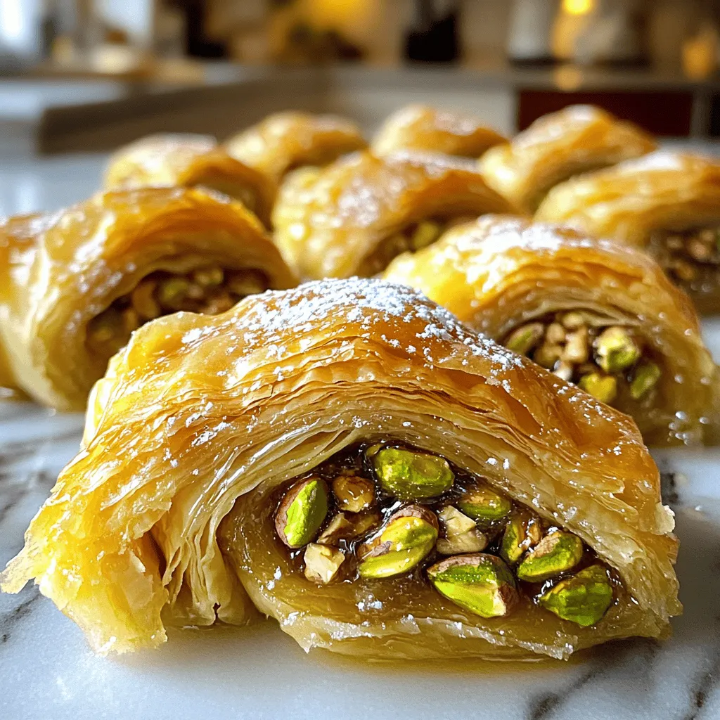 To make honey pistachio baklava twists, gather these ingredients: - 1 package of phyllo dough (16 oz), thawed - 1 cup unsalted pistachios, finely chopped - 1 cup walnuts, finely chopped - 1/2 cup granulated sugar - 1 teaspoon ground cinnamon - 1/2 cup unsalted butter, melted - 1 cup honey - 1/2 cup water - 1 teaspoon vanilla extract - 1/4 cup orange blossom water (optional) - Powdered sugar for dusting You can swap some ingredients if needed. Use pecans instead of walnuts for a different flavor. Almonds also work well in place of pistachios. If you want less sugar, try using honey alone. For a vegan version, replace butter with coconut oil. You can also skip the orange blossom water if you can't find it. Fresh ingredients make your baklava taste great. Choose phyllo dough that is not torn or dry. Check the date on the package. For nuts, pick ones that are firm and smell fresh, not rancid. If you can, buy nuts from a bulk bin. This way, you can ensure they are fresh. Honey should be pure and thick, not overly runny. If possible, look for local honey for the best flavor. First, preheat your oven to 350°F (175°C). This step is key for crisp baklava twists. While the oven warms, tidy up your kitchen. Gather all your tools and ingredients. This will help you work smoothly. In a mixing bowl, combine these ingredients: - 1 cup unsalted pistachios, finely chopped - 1 cup walnuts, finely chopped - 1/2 cup granulated sugar - 1 teaspoon ground cinnamon Mix them well and set the bowl aside. This nut filling brings great flavor and crunch. Unroll your phyllo dough carefully. Cover it with a damp cloth to keep it moist. Lay one sheet down on your clean work surface. Brush it lightly with melted butter. Add another sheet and repeat this step. Aim for 6 to 8 layers. Now, sprinkle a handful of the nut mixture along one edge of the phyllo. Lift the edge with the nuts and roll it tightly. Twist the log gently to create a spiral shape. Place each twist on a greased baking tray. Repeat until you use all the phyllo and nut mix. Brush the tops of your twists with melted butter. Bake them in the preheated oven for 25 to 30 minutes. Look for a golden brown color. While baking, you can make the syrup. In a small saucepan, mix: - 1 cup honey - 1/2 cup water - 1 teaspoon vanilla extract - 1/4 cup orange blossom water (optional) Bring this to a boil. Then, reduce the heat and simmer for about 10 minutes. Let it cool once it thickens. When the baklava twists finish baking, pour the cooled syrup over them. Make sure to cover each twist well. Let them cool completely so they soak up the syrup. Before serving, dust the twists with powdered sugar. Enjoy your delicious baklava twists! Handling phyllo dough can be tricky. Keep it moist to avoid tears. Use a damp cloth to cover unused sheets. This helps keep them soft. Always work on a clean, dry surface. When layering, brush melted butter between each sheet. This adds flavor and helps hold them together. For the best crispy texture, bake the twists until golden brown. An oven at 350°F (175°C) is perfect. Brush the top with melted butter before baking. This adds a nice shine and crunch. Baking for 25-30 minutes ensures they are crispy, not soggy. To make your baklava twists even better, add flavors to the nuts. Try adding a pinch of cardamom or nutmeg to the filling. For a floral touch, use orange blossom water in the syrup. It adds a lovely aroma. You can even drizzle some melted chocolate on top for a sweet twist. {{image_2}} You can change the nuts in this recipe. Almonds and pecans work well. Hazelnuts add a nice crunch too. Mix and match to find your favorite combo. Each nut brings a unique flavor. Try using only one type of nut for a simpler twist. Just remember to chop them finely for the best texture. Honey is a classic choice, but you can try maple syrup or agave. These sweeteners give a different taste. If you want less sugar, use stevia or monk fruit. Adjust the amount based on your taste. Always check the sweetness of your chosen sweetener before adding it to the syrup. Add more flavor to your baklava twists! You can mix in spices like cardamom or nutmeg. Citrus zest, like lemon or orange, brightens the dish. For a floral note, consider adding rose water. Just a few drops can change the entire flavor profile. Experiment with these options to create a baklava twist that’s uniquely yours. To keep your honey pistachio baklava twists fresh, store them in an airtight container. Place parchment paper between layers to avoid sticking. Keep the container at room temperature for up to five days. If you want to keep them longer, refrigeration is an option, but it may change the texture slightly. You can freeze baklava twists for later enjoyment. First, let them cool completely. Wrap each twist in plastic wrap, then place them in a freezer-safe bag. This way, they can last for up to three months. When you are ready to eat, take them out and let them thaw in the fridge overnight. To reheat baklava twists, preheat your oven to 350°F (175°C). Place the twists on a baking sheet. Heat for about 10-15 minutes, or until they are warm and crispy again. Avoid the microwave, as it may make them soggy. Enjoy your baklava twists fresh and warm! Baklava has roots in the Middle East and Mediterranean. Its history goes back centuries. Many cultures, like the Greeks and Ottomans, claim it as their own. The exact origin is hard to pinpoint. However, the blend of nuts and honey is a common theme. Traditionally, baklava represents celebration and hospitality. People enjoy it during holidays and special events. Yes, you can make baklava twists ahead of time. Prepare the twists and store them in the fridge. Cover them tightly with plastic wrap. When you are ready to bake, just pop them in the oven. If you want to prepare the syrup, do that too. Keep it in the fridge until you bake the twists. Homemade baklava lasts about a week at room temperature. Make sure to store it in an airtight container. If you want it to last longer, you can freeze it. Frozen baklava can last up to three months. Just let it thaw at room temperature before serving. Yes, you can make baklava twists gluten-free. Use gluten-free phyllo dough. Many brands offer this option. The taste and texture will still be great. Just check if the other ingredients are gluten-free as well. Baklava twists pair well with many drinks. Serve them with a strong tea or coffee. A scoop of vanilla ice cream is also a great choice. For a fun twist, add fresh fruits like berries. These options enhance the sweet taste of baklava. In this blog post, we covered the essential ingredients and step-by-step instructions for making baklava twists. We explored substitution options and shared tips for selecting the freshest ingredients. You learned how to handle phyllo dough for crispy results and discovered various flavor enhancements. Remember to store your baklava properly and enjoy it fresh or frozen. This treat is not just delicious; it also carries a rich history. Now, go ahead and impress your friends and family with your new baklava skills!