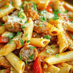 - 8 oz penne pasta - 1 pound spicy Italian sausage - 1 red bell pepper - 1 yellow onion - 3 cloves garlic - 1 cup canned crushed tomatoes - 1/2 cup honey - 1/4 cup BBQ sauce - Spices and seasonings When making Spicy Honey BBQ Sausage Pasta, you need a few key items. First, you will need 8 ounces of penne pasta. This pasta holds onto sauce well, making every bite flavorful. Next, grab 1 pound of spicy Italian sausage. The sausage adds a nice kick to the dish. Next, we have fresh vegetables. You should have 1 diced red bell pepper, 1 diced yellow onion, and 3 minced cloves of garlic. The onions and peppers add sweetness, while the garlic brings a strong aroma. Now, let’s talk about the sauce. You need 1 cup of canned crushed tomatoes. This forms the base of our sauce. Then, add 1/2 cup of honey for sweetness, and 1/4 cup of your favorite BBQ sauce to bring depth. Don't forget spices! You can use salt, pepper, smoked paprika, and red pepper flakes for extra heat. These ingredients combine to create a dish that is rich, spicy, and sweet. You will enjoy every bite of this delightful meal! To start, boil water in a large pot. Add salt to the water for flavor. Once it boils, add 8 oz of penne pasta. Cook it according to the package instructions until it is al dente. This usually takes about 8 to 10 minutes. When done, drain the pasta in a colander. Remember to save 1/2 cup of the pasta water for later use. Now, heat 2 tablespoons of olive oil in a large skillet over medium heat. Once the oil is hot, add 1 pound of spicy Italian sausage. Remove the casings from the sausage first. Use a wooden spoon to break it apart as it cooks. Cook it until it is browned and no longer pink, which takes about 5 to 7 minutes. Next, add the diced onion and red bell pepper to the skillet with the sausage. You want to soften these vegetables. Cook for about 5 minutes until they are tender. Then, stir in 3 cloves of minced garlic. Cook for another minute until you smell that great garlic aroma. Now it’s time to make the sauce. Pour in 1 cup of canned crushed tomatoes, 1/2 cup of honey, and 1/4 cup of BBQ sauce. Add 1 teaspoon of smoked paprika and 1/2 teaspoon of red pepper flakes for heat. Mix everything well. Let it simmer for 5 to 10 minutes. If the sauce gets too thick, add some of the reserved pasta water until it reaches your desired thickness. Taste and season with salt and pepper. Finally, add the drained penne pasta to the skillet with the sausage and sauce. Toss everything together so the pasta is well coated. Cook for an extra 2 to 3 minutes until everything is heated. Serve the pasta warm. For a nice touch, garnish with chopped parsley and sprinkle some grated Parmesan cheese on top if you like. To adjust the spice level, start with the red pepper flakes. If you love heat, add more! For a milder dish, cut back on the flakes. You can also swap spicy sausage for mild sausage. This gives you control over the flavor while keeping it delicious. Garnish the dish with fresh parsley for color and taste. Grated Parmesan cheese adds a creamy touch. For sides, try garlic bread or a fresh salad. These pair well and enhance the meal's flavors. To brown the sausage, use medium heat. This helps render the fat and gets a nice crust. Break it apart with a wooden spoon for even cooking. When sautéing vegetables, add them to the skillet in stages. Start with onions and peppers, then add garlic last. This way, the garlic stays fragrant and doesn't burn. {{image_2}} You can swap the spicy sausage for chicken. Chicken thighs work well and stay juicy. Cook them until tender and cut into bite-sized pieces. For plant-based options, try using lentils or chickpeas. They add protein and flavor while keeping it meat-free. Penne is great, but you can use other pasta types too. Fusilli or rotini holds the sauce well. You can even try spaghetti for a fun twist. Just cook it al dente, so it mixes nicely with the sauce. To boost flavor, add in spinach or kale. These greens give a nice color and nutrition. Mushrooms can add a rich taste, too. For sauces, consider adding a splash of hot sauce or a dash of Worcestershire sauce. These small changes can make a big difference in taste. After enjoying your Spicy Honey BBQ Sausage Pasta, let any leftovers cool. You can cool them in the skillet for a few minutes. Then, transfer the pasta to an airtight container. Make sure to store it in the fridge. It will stay fresh for up to three days. When you’re ready to enjoy the leftovers, use a skillet for reheating. Add a splash of water to the pasta to keep it moist. Heat it over low to medium heat, stirring occasionally. You can also use the microwave. Just cover the bowl with a microwave-safe lid. Heat in short bursts, stirring in between. To freeze your Spicy Honey BBQ Sausage Pasta, let it cool completely. Portion it into freezer-safe containers. Leave some space at the top for expansion. Label each container with the date. It can be frozen for up to three months. When ready to eat, thaw it in the fridge overnight. Reheat in a skillet or microwave until hot. Yes, you can make this pasta dish ahead of time. To prep, cook the pasta and sauce. Cool them separately. Store them in airtight containers. This way, you can reheat them later. When you’re ready, just combine them on the stove. Add a splash of water to help the sauce loosen up. This makes meal prep easy and quick. If you want to swap honey, you have a few options. Maple syrup works great for a sweet touch. Brown sugar is another choice, adding a rich flavor. Agave nectar can also replace honey. Each sweetener will change the taste a bit, but they all work well. Yes, you can make a vegetarian version. Use plant-based sausage instead of spicy Italian sausage. You can also add more veggies like zucchini or mushrooms. This keeps the dish tasty and filling. Don’t forget to check the BBQ sauce for vegetarian options. Adjusting the spice level is simple. Start with less red pepper flakes if you want less heat. You can always add more later as it cooks. For extra heat, try a dash of hot sauce. Taste as you go to find your perfect balance. We explored how to make Spicy Honey BBQ Sausage Pasta step by step. You learned about key ingredients, cooking methods, and flavorful variations. Adjusting spice and adding your favorite veggies can make this dish your own. Store leftovers correctly to enjoy later, or freeze for quick meals. This pasta is easy to make ahead and offers plenty of tasty options. Dive into this recipe, and savor every bite!