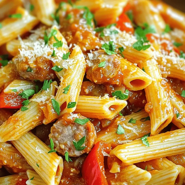 - 8 oz penne pasta - 1 pound spicy Italian sausage - 1 red bell pepper - 1 yellow onion - 3 cloves garlic - 1 cup canned crushed tomatoes - 1/2 cup honey - 1/4 cup BBQ sauce - Spices and seasonings When making Spicy Honey BBQ Sausage Pasta, you need a few key items. First, you will need 8 ounces of penne pasta. This pasta holds onto sauce well, making every bite flavorful. Next, grab 1 pound of spicy Italian sausage. The sausage adds a nice kick to the dish. Next, we have fresh vegetables. You should have 1 diced red bell pepper, 1 diced yellow onion, and 3 minced cloves of garlic. The onions and peppers add sweetness, while the garlic brings a strong aroma. Now, let’s talk about the sauce. You need 1 cup of canned crushed tomatoes. This forms the base of our sauce. Then, add 1/2 cup of honey for sweetness, and 1/4 cup of your favorite BBQ sauce to bring depth. Don't forget spices! You can use salt, pepper, smoked paprika, and red pepper flakes for extra heat. These ingredients combine to create a dish that is rich, spicy, and sweet. You will enjoy every bite of this delightful meal! To start, boil water in a large pot. Add salt to the water for flavor. Once it boils, add 8 oz of penne pasta. Cook it according to the package instructions until it is al dente. This usually takes about 8 to 10 minutes. When done, drain the pasta in a colander. Remember to save 1/2 cup of the pasta water for later use. Now, heat 2 tablespoons of olive oil in a large skillet over medium heat. Once the oil is hot, add 1 pound of spicy Italian sausage. Remove the casings from the sausage first. Use a wooden spoon to break it apart as it cooks. Cook it until it is browned and no longer pink, which takes about 5 to 7 minutes. Next, add the diced onion and red bell pepper to the skillet with the sausage. You want to soften these vegetables. Cook for about 5 minutes until they are tender. Then, stir in 3 cloves of minced garlic. Cook for another minute until you smell that great garlic aroma. Now it’s time to make the sauce. Pour in 1 cup of canned crushed tomatoes, 1/2 cup of honey, and 1/4 cup of BBQ sauce. Add 1 teaspoon of smoked paprika and 1/2 teaspoon of red pepper flakes for heat. Mix everything well. Let it simmer for 5 to 10 minutes. If the sauce gets too thick, add some of the reserved pasta water until it reaches your desired thickness. Taste and season with salt and pepper. Finally, add the drained penne pasta to the skillet with the sausage and sauce. Toss everything together so the pasta is well coated. Cook for an extra 2 to 3 minutes until everything is heated. Serve the pasta warm. For a nice touch, garnish with chopped parsley and sprinkle some grated Parmesan cheese on top if you like. To adjust the spice level, start with the red pepper flakes. If you love heat, add more! For a milder dish, cut back on the flakes. You can also swap spicy sausage for mild sausage. This gives you control over the flavor while keeping it delicious. Garnish the dish with fresh parsley for color and taste. Grated Parmesan cheese adds a creamy touch. For sides, try garlic bread or a fresh salad. These pair well and enhance the meal's flavors. To brown the sausage, use medium heat. This helps render the fat and gets a nice crust. Break it apart with a wooden spoon for even cooking. When sautéing vegetables, add them to the skillet in stages. Start with onions and peppers, then add garlic last. This way, the garlic stays fragrant and doesn't burn. {{image_2}} You can swap the spicy sausage for chicken. Chicken thighs work well and stay juicy. Cook them until tender and cut into bite-sized pieces. For plant-based options, try using lentils or chickpeas. They add protein and flavor while keeping it meat-free. Penne is great, but you can use other pasta types too. Fusilli or rotini holds the sauce well. You can even try spaghetti for a fun twist. Just cook it al dente, so it mixes nicely with the sauce. To boost flavor, add in spinach or kale. These greens give a nice color and nutrition. Mushrooms can add a rich taste, too. For sauces, consider adding a splash of hot sauce or a dash of Worcestershire sauce. These small changes can make a big difference in taste. After enjoying your Spicy Honey BBQ Sausage Pasta, let any leftovers cool. You can cool them in the skillet for a few minutes. Then, transfer the pasta to an airtight container. Make sure to store it in the fridge. It will stay fresh for up to three days. When you’re ready to enjoy the leftovers, use a skillet for reheating. Add a splash of water to the pasta to keep it moist. Heat it over low to medium heat, stirring occasionally. You can also use the microwave. Just cover the bowl with a microwave-safe lid. Heat in short bursts, stirring in between. To freeze your Spicy Honey BBQ Sausage Pasta, let it cool completely. Portion it into freezer-safe containers. Leave some space at the top for expansion. Label each container with the date. It can be frozen for up to three months. When ready to eat, thaw it in the fridge overnight. Reheat in a skillet or microwave until hot. Yes, you can make this pasta dish ahead of time. To prep, cook the pasta and sauce. Cool them separately. Store them in airtight containers. This way, you can reheat them later. When you’re ready, just combine them on the stove. Add a splash of water to help the sauce loosen up. This makes meal prep easy and quick. If you want to swap honey, you have a few options. Maple syrup works great for a sweet touch. Brown sugar is another choice, adding a rich flavor. Agave nectar can also replace honey. Each sweetener will change the taste a bit, but they all work well. Yes, you can make a vegetarian version. Use plant-based sausage instead of spicy Italian sausage. You can also add more veggies like zucchini or mushrooms. This keeps the dish tasty and filling. Don’t forget to check the BBQ sauce for vegetarian options. Adjusting the spice level is simple. Start with less red pepper flakes if you want less heat. You can always add more later as it cooks. For extra heat, try a dash of hot sauce. Taste as you go to find your perfect balance. We explored how to make Spicy Honey BBQ Sausage Pasta step by step. You learned about key ingredients, cooking methods, and flavorful variations. Adjusting spice and adding your favorite veggies can make this dish your own. Store leftovers correctly to enjoy later, or freeze for quick meals. This pasta is easy to make ahead and offers plenty of tasty options. Dive into this recipe, and savor every bite!