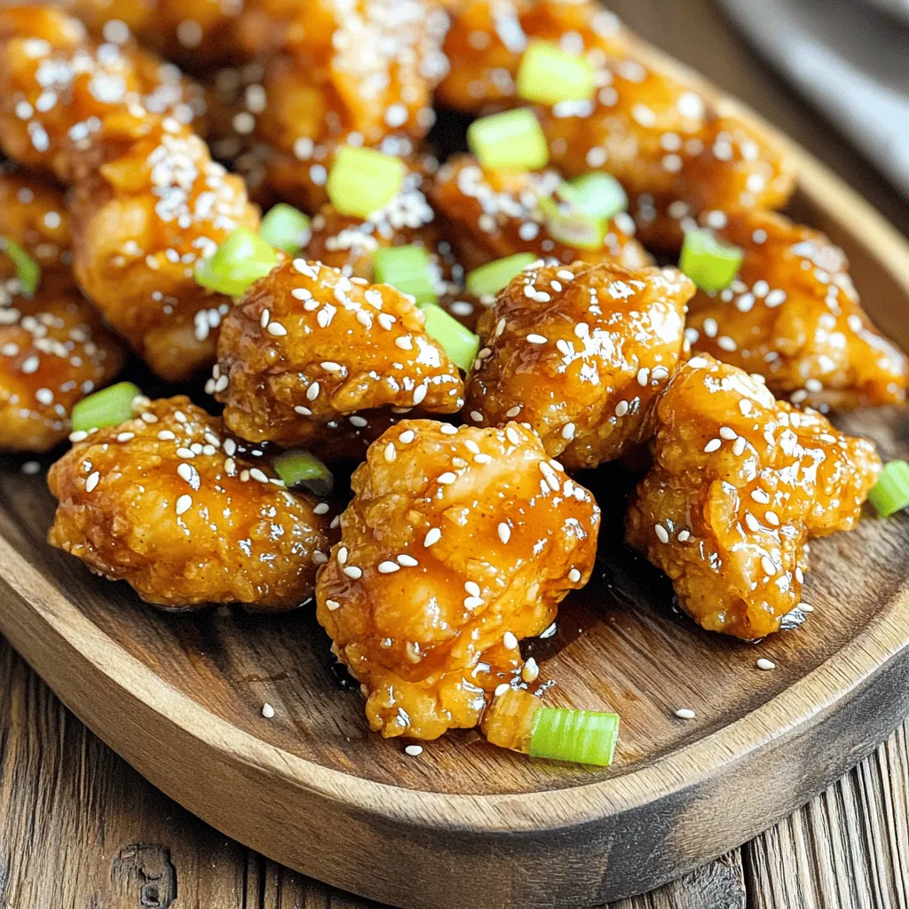 - 1 pound chicken breast, cut into bite-sized pieces - ½ cup honey - 3 tablespoons soy sauce - 4 cloves garlic, minced - 1 tablespoon ginger, grated - 1 teaspoon sesame oil - ½ teaspoon black pepper - 2 tablespoons cornstarch - 1 tablespoon olive oil - Sesame seeds - Sliced green onions The star of this dish is chicken. I love using fresh chicken breast cut into bite-sized pieces. It cooks evenly and absorbs all the flavors well. Honey adds sweetness, while soy sauce gives it depth. Garlic and ginger bring a wonderful aroma and warmth. They add bold flavor. I always use fresh garlic and ginger for the best taste. For added flavor, I include sesame oil and black pepper. The oil adds a nutty note, and the pepper gives a little kick. Cornstarch is key for crunchiness. It makes the bites crispy. A little olive oil helps everything brown nicely in the air fryer. Finally, garnishes like sesame seeds and sliced green onions make the dish pop. They add color and texture. You can’t skip these! Whisk together honey, soy sauce, minced garlic, grated ginger, sesame oil, and black pepper. This mix creates a sweet and savory flavor. The garlic adds a nice kick, while the ginger gives warmth. Make sure it blends well. You want all the flavors to dance together. Coat chicken pieces in the marinade. Stir until every piece is covered. This step is key; it lets the chicken soak in all that goodness. Cover the bowl and refrigerate for at least 30 minutes. If you have time, let it sit longer for even more flavor. Preheat your air fryer to 400°F (200°C) for about 5 minutes. While it heats, sprinkle cornstarch over the marinated chicken. Toss it to coat evenly. This will help the chicken get crispy. Lightly brush the air fryer basket with olive oil. This step prevents sticking and helps the chicken brown nicely. Place the chicken bites in a single layer in the basket. If you crowd the basket, the chicken won’t crisp up well. Air fry the chicken for 10 to 12 minutes. Shake the basket halfway through to ensure even cooking. The chicken should be golden brown and reach an internal temperature of 165°F. This means it’s fully cooked and safe to eat. Once done, remove the chicken. Toss it in any leftover marinade that cooked down in the air fryer. This adds even more flavor. Garnish with sesame seeds and sliced green onions for a pretty finish. Enjoy your tasty air fryer honey garlic chicken bites! Marinating chicken bites is key for great taste. I recommend marinating for at least 30 minutes. This allows the honey, soy sauce, garlic, and ginger to soak into the chicken. The longer you marinate, the deeper the flavor. You can even marinate overnight for a richer taste. Just remember to keep it in the fridge. Cornstarch and oil are your best friends for crispiness. When you sprinkle cornstarch on the marinated chicken, it forms a light coating. This coating turns crispy in the air fryer. A little olive oil helps too. It adds flavor and ensures that the chicken does not stick to the basket. Together, they give you that perfect crunch. Think about what to serve with your honey garlic chicken. Rice is a great base. It soaks up the sauce well. You can also serve it with steamed veggies for a fresh crunch. If you want extra flavor, pair it with a garlic dipping sauce or a spicy sriracha. Garnish with sesame seeds and green onions for a nice touch. {{image_2}} You can switch up the protein in this recipe. Shrimp works great with honey and garlic. Just marinate the shrimp for about 20 minutes. You can also use tofu for a tasty vegetarian option. Press the tofu first to remove extra water. Cut it into cubes, then marinate. Both shrimp and tofu soak up the flavor well. Feel free to play with flavors. You can add spices like chili flakes for heat. A dash of paprika gives a nice smoky taste. Want more tang? Try adding a splash of rice vinegar. You can also swap the soy sauce with teriyaki sauce for a different twist. Each change will give you a unique taste. No air fryer? No problem! You can bake these bites in the oven. Preheat your oven to 400°F (200°C). Spread the marinated chicken in a single layer on a baking sheet. Bake for 15-20 minutes, flipping halfway through. They will be crispy and golden, just like in the air fryer. Enjoy the same great taste! To keep your chicken bites fresh, store them in an airtight container. Place a paper towel at the bottom to absorb moisture. This helps prevent sogginess. Refrigerate the container within two hours of cooking. Leftovers can last up to three days in the fridge. If you want to keep them longer, freezing is a great option. Reheating can be tricky. You want the chicken to stay crispy. The best way is to use an air fryer. Preheat it to 350°F (175°C). Place the chicken bites in the basket for about 5-7 minutes. This method helps regain that crispy texture. You can also use a skillet on medium heat. Just add a touch of oil and cook for a few minutes, turning occasionally. To freeze the chicken bites, let them cool completely. Place them in a single layer on a baking sheet. Freeze for about an hour. Once frozen, transfer them to a freezer bag. Remove as much air as possible before sealing. For best taste, eat them within three months. To thaw, place them in the fridge overnight before reheating. To ensure your chicken is safe to eat, check the internal temperature. It should reach 165°F (75°C). Use a meat thermometer for accuracy. If you slice the chicken, the juices should run clear, not pink. This step helps you avoid any foodborne illnesses. You can use regular soy sauce, but it will change the flavor. Regular soy sauce is saltier. This could make your dish taste too salty. Low sodium soy sauce lets the honey and garlic shine. It’s a healthier choice too, especially if you watch your salt intake. These bites pair well with many sides. Try serving them with steamed rice or quinoa for a filling meal. You can also add a fresh salad with a light dressing. For drinks, iced tea or lemonade complements the flavors nicely. Feel free to get creative with your sides! This blog post shared a simple recipe for honey garlic chicken bites. We covered key ingredients, step-by-step cooking, and helpful tips. You learned how marinating boosts flavor and how cornstarch achieves crispiness. We also discussed variations with proteins and cooking methods. Remember, these bites are not just easy to make; they are also fun to eat. Try customizing the recipe to match your taste. Enjoy your cooking adventure, and don't forget to share with friends!