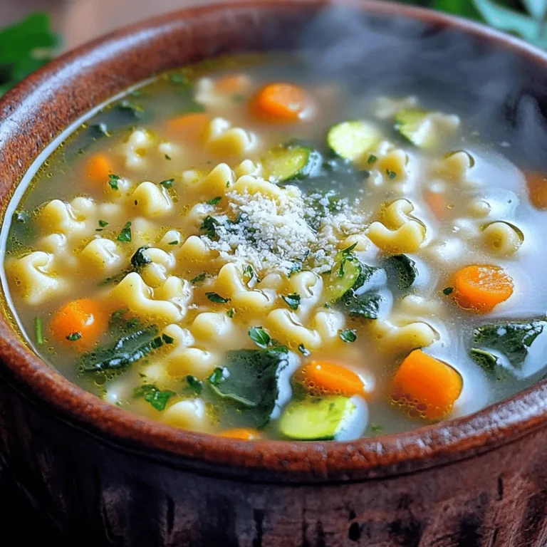 - 1 cup pastina (small pasta, like little stars or dots) - 4 cups vegetable broth - 1 medium onion, diced - 2 cloves garlic, minced - 2 medium carrots, diced - 1 zucchini, diced - 1 cup fresh spinach, roughly chopped - 1 teaspoon dried oregano - 1 teaspoon dried basil - 2 tablespoons olive oil - Salt and pepper to taste - Grated Parmesan cheese (for serving) - Fresh parsley, chopped (for garnish) If you can’t find pastina, you can use small shells or orzo. Both work well in soup. For the broth, feel free to use chicken broth if you prefer. You can also swap out vegetables based on what you have. Peas, green beans, or bell peppers can add nice flavors. If you want a creamier soup, add a splash of heavy cream or milk towards the end. Fresh ingredients make a big difference in flavor. Fresh spinach adds a bright touch. Diced carrots and zucchini bring great texture and a slight sweetness. Always choose the best quality possible. Fresh herbs like parsley enhance the soup's taste. Using good-quality olive oil adds richness. When you use fresh ingredients, your soup will taste even better! Start by gathering all your vegetables. You will need one medium onion, two cloves of garlic, two medium carrots, and one zucchini. Dice the onion and carrots into small pieces. Mince the garlic. Cut the zucchini into small cubes. This will help them cook evenly. Also, chop one cup of fresh spinach. Set all the veggies aside for later. In a large pot, heat two tablespoons of olive oil over medium heat. Add the diced onion and minced garlic. Sauté them for about three to four minutes. You want the onion to turn translucent. Next, add the diced carrots and zucchini. Stir these for five minutes. They should start to soften a bit. Now, pour in four cups of vegetable broth. Bring this mixture to a boil. Once the broth boils, stir in one cup of pastina, one teaspoon of dried oregano, and one teaspoon of dried basil. Reduce the heat to a simmer. Cook for about eight to ten minutes. Check the pastina for tenderness. After that, add the fresh spinach. Let it wilt for one to two minutes. Finally, season with salt and pepper to taste. Serve the soup hot, topped with grated Parmesan cheese and fresh parsley. Enjoy the warmth of this cozy soup! To make this soup shine, use fresh vegetables. Fresh veggies add bright flavors. Sauté your onions and garlic well. This step builds a strong base. Keep an eye on the heat. You don’t want to burn them. When the onion turns clear, you are ready to add the carrots and zucchini. Let them soften before adding broth. This extra time makes your soup rich and tasty. The pastina cooks quickly. It usually takes about 8-10 minutes. Check it for tenderness as you cook. Too long can make it mushy. You want it just right. If you cook it too long, it loses its shape. So, stir and taste it a few minutes before the time is up. Serve your soup hot. A sprinkle of Parmesan cheese adds great flavor. Fresh parsley makes it look pretty. You can also pair this soup with crusty bread. It’s perfect for dipping! Want to make it heartier? Add cooked chicken or beans for protein. Enjoy every comforting spoonful! {{image_2}} You can add protein to your Italian pastina soup for more flavor. Some tasty choices include: - Chicken: Shredded, cooked chicken adds heartiness. - Tofu: Firm tofu works well for a plant-based option. - Beans: Canned white beans bring extra texture and protein. Simply add your choice of protein after the vegetables soften. Stir it in before adding the pastina. This way, the protein warms up and blends with the soup. This soup is easy to make vegan or vegetarian. To do this: - Use vegetable broth instead of chicken broth. - Skip the cheese or use a vegan alternative. You can also add more veggies for flavor and nutrition. Try using mushrooms or bell peppers. They add depth and richness to the soup. You can change the vegetables based on the season. Here are some great swaps: - Winter: Use root veggies like parsnips or turnips. - Spring: Try asparagus or peas for a fresh touch. - Summer: Use corn or bell peppers for sweetness. - Fall: Add squash or pumpkin for warmth. These swaps keep the soup exciting and help you use fresh, local produce. Adjust the cooking time if needed, especially for harder veggies. Enjoy experimenting! Store your leftover soup in an airtight container. Let the soup cool first. This helps keep it fresh. It’s best to eat the soup within three days. If you want it to last longer, try freezing it. To freeze your pastina soup, first cool it completely. Pour it into freezer-safe bags or containers. Leave some space at the top for expansion. Label each bag with the date. You can freeze it for up to three months. When you’re ready to eat it, just take it out and thaw. When reheating, do it slowly on the stove. Add a bit of water or broth if needed. This keeps the soup from getting too thick. Heat it until it’s warm all the way through. You can also use the microwave if you’re in a hurry. Just remember to stir it halfway through cooking. Pastina is a tiny type of pasta. It comes in shapes like stars or dots. This pasta cooks quickly and adds a cozy feel to soups. It is often a favorite for kids and adults alike. The soft texture makes it perfect for comforting meals. Yes, you can use other small pasta shapes. Options like orzo or ditalini work well too. Just keep an eye on cooking times. Larger pasta types will need longer to cook. Adjust the broth amount if you use a bigger pasta. This soup lasts about 3 to 4 days in the fridge. Store it in an airtight container. The pastina may soak up some broth over time. If that happens, add a splash of water when reheating. This recipe is not gluten-free because it uses pastina made from wheat. If you need a gluten-free option, look for gluten-free pasta. Many brands offer small shapes that work well in this soup. Always check the label to be sure. This blog post covered key steps to make a delicious soup with pastina. We discussed the essential ingredients and how fresh ones improve flavor. I detailed easy preparation methods, cooking tips, and variations to suit your taste. Remember, small changes like adding protein or swapping veggies can add excitement. Store your leftovers well for later enjoyment. With these insights, you can create a tasty soup that brings comfort to any meal. Enjoy exploring different flavors and make this recipe your own!