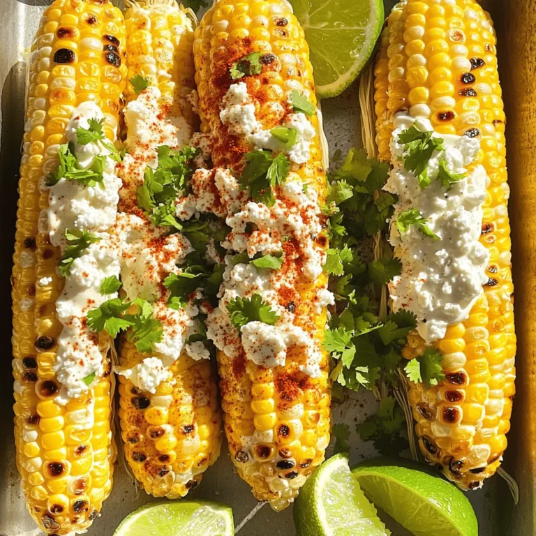 - Fresh Corn: Use 4 ears, husked. Fresh corn gives the best taste and texture. - Mayonnaise: You need 1/2 cup. This adds creaminess and helps flavors stick. - Queso Fresco or Feta Cheese: Use 1/2 cup, crumbled. Both cheeses add a salty kick. - Cilantro: Fresh and chopped. It brightens the dish and adds color. - Lime Wedges: These are for serving. Squeeze them on the corn for extra zest. - Additional Spices: Try chili powder or smoked paprika. They enhance the flavor even more. - Preheat Grill or Stovetop Grill Pan Start by turning your grill to medium-high heat. If you use a grill pan, heat it up the same way. This step is key for getting those nice grill marks. - Husk and Prepare Corn Take four ears of fresh corn and remove the husks. Make sure to take off all the silk. This will help the corn cook evenly and taste great. - Grilling the Corn to Perfection Place the husked corn directly on the grill. Cook it for about 10 to 15 minutes. Turn the corn every few minutes. You want it to be tender and have those lovely grill marks. - Timing for Tender Kernels Keep an eye on the corn while it cooks. The kernels should be soft but not mushy. You can test this by gently squeezing the corn with tongs. - Preparing the Mayo Mixture In a bowl, mix together 1/2 cup of mayonnaise, 1/2 cup of crumbled queso fresco, 1 teaspoon of chili powder, 1 teaspoon of smoked paprika, and 1 tablespoon of lime juice. Add a pinch of salt and stir well. This mixture gives the corn its creamy and zesty flavor. - Coating the Grilled Corn Once the corn is done, take it off the grill. Let it cool for a minute, then generously brush the mayo mixture onto each ear. Make sure all the kernels are nicely coated. Top it off with more queso fresco and a sprinkle of chili powder for extra punch. Selecting the Right Type of Corn Choose fresh, sweet corn for the best taste. Look for corn with bright green husks. The kernels should feel firm and plump. Sweet corn adds that perfect crunch and flavor. You can find it at local markets or grocery stores. Ideal Grilling Techniques Grilling corn gives it a smoky taste. Preheat your grill to medium-high heat. Place the corn directly on the grill. Turn it every few minutes. Cook for about 10 to 15 minutes. Look for golden-brown grill marks on the corn. This step makes the flavors pop. Garnishing Suggestions Garnish your corn with fresh cilantro. It adds a nice color and flavor. Sprinkle additional queso fresco on top. You can also add a pinch of chili powder for a kick. This makes your dish look inviting and delicious. Serving Style for Authentic Feel Serve the corn on wooden skewers or in a basket. Add lime wedges on the side. This way, guests can squeeze lime on their corn. It enhances the flavor and gives a true street food vibe. Enjoy your authentic Mexican street corn! {{image_2}} You can change the cheese to suit your taste. Cotija cheese is a great choice. It has a salty flavor that pairs well with corn. Crumble it over your grilled corn for a tasty twist. If you want a vegan option, use nutritional yeast. It gives a cheesy flavor without any dairy. You can also try vegan cheese crumbles. These still give that nice, creamy taste. Want to kick up the heat? Add diced jalapeños to the mayo mix. This gives your corn a spicy kick. You can also sprinkle them over the finished corn for extra crunch. Don’t stop there! Experiment with other seasonings too. Try garlic powder for a savory touch. Or mix in some cumin for a warm, earthy flavor. A dash of hot sauce can also add a nice zing. The key is to have fun and find your favorite mix! To keep your Mexican street corn fresh, store it in the fridge. Place any leftover corn in an airtight container. It stays good for up to three days. If you want to freeze it, wrap each ear in plastic wrap. Then, put them in a freezer bag. It can last up to three months in the freezer. The best way to reheat your corn is on the grill. Just heat it over medium. Grill for about five minutes until warm. You can also use a stovetop pan. Heat it over low heat for about the same time. After reheating, brush on more mayo mixture if you like. Serve with fresh lime wedges to boost the flavor. Enjoy your next bite just like the first! Mexican street corn is also known as elote. It is a popular snack in Mexico. Vendors sell it on streets and at fairs. Elote consists of grilled corn on the cob. They coat it in mayonnaise and sprinkle cheese on top. The flavors mix together to create a tasty treat. Elote holds cultural significance. It brings people together. Families and friends enjoy it at gatherings. It reflects the joy of Mexican cuisine. Each bite offers a taste of tradition and community. Yes, you can make Mexican street corn in the oven. Oven roasting is a great option if you don’t have a grill. Preheat your oven to 400°F (200°C). Place the husked corn on a baking sheet. Roast for about 20-25 minutes. Turn the corn halfway through for even cooking. Grilling adds a smoky flavor. The grill marks give it a nice look. Oven-roasting works well, too, but it may lack that charred taste. Choose the method that suits you best. You can add heat to your elote in a few ways. One simple option is to mix chopped jalapeños into the mayonnaise. This will give it a nice kick. Another idea is to sprinkle cayenne pepper on top. You can adjust the amount based on your spice level. If you want more heat, use hot sauce on your finished corn. Experiment with different spices to find your favorite flavor. This blog post covered how to make Mexican Street Corn, or Elote. We highlighted key ingredients like fresh corn and cheese, and optional toppings that boost flavor. You learned step-by-step instructions for grilling and coating the corn. We shared tips for the best taste and presentation. You can try variations with different cheeses and spices. Finally, we discussed how to store leftovers and reheat them. Now, you have everything to create and enjoy this tasty dish. Just gather your ingredients and start grilling!