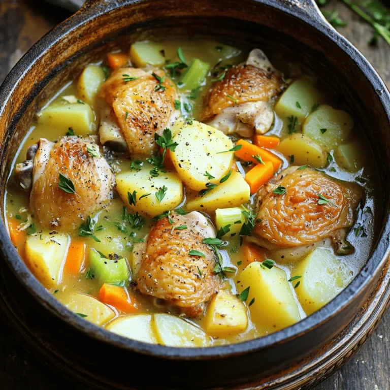 - 1 lb chicken thighs, boneless and skinless, cut into chunks - 3 medium potatoes, diced - 1 large onion, chopped - 2 cloves garlic, minced - 2 carrots, sliced - 1 celery stalk, chopped - 4 cups chicken broth - 1 teaspoon dried thyme - 1 teaspoon dried rosemary - Salt and pepper to taste - 2 tablespoons olive oil - Fresh parsley - Additional seasoning I love using chicken thighs in this recipe. They stay juicy and tender. You can use boneless, skinless thighs for easy prep. Diced potatoes add a creamy texture. I prefer medium potatoes, but you can try different types. Onions and garlic bring strong flavors. Chopped onion adds sweetness, while minced garlic gives a warm kick. Fresh herbs enhance taste. I use dried thyme and rosemary, but feel free to switch them out. For extra veggies, I add carrots and celery. Carrots add color and sweetness. Celery gives a nice crunch. Chicken broth is the base of the soup. It ties all the flavors together. To finish, I sprinkle fresh parsley on top. It adds a burst of color. You can also add extra seasoning to your liking. Enjoy this cozy dish! 1. Start by heating two tablespoons of olive oil in a large pot over medium heat. 2. Chop one large onion and mince two cloves of garlic. Add them to the pot. 3. Sauté the onion and garlic for about 3-4 minutes until the onion turns translucent. 4. While that cooks, cut one pound of boneless chicken thighs into chunks. 5. Season the chicken with salt and pepper. 6. Add the chicken to the pot and cook for about 5-7 minutes. Brown the chicken on all sides. 1. Dice three medium potatoes and slice two carrots. 2. Chop one celery stalk. 3. Stir the diced potatoes, sliced carrots, and chopped celery into the pot. 4. Mix everything well with the chicken and onion. 5. Pour in four cups of chicken broth, making sure all ingredients are submerged. 6. Add one teaspoon each of dried thyme and dried rosemary. Stir to combine. 1. Bring the soup to a boil over high heat. 2. Once boiling, reduce the heat to low and cover the pot. 3. Let the soup simmer for about 25-30 minutes. 4. Check if the chicken is cooked through and the potatoes are tender. 5. Taste the soup and add more salt and pepper if needed. 6. Serve hot, garnished with fresh parsley for color and flavor. - To ensure tender chicken and potatoes, cut them into similar sizes. This helps them cook evenly. - Adjust cooking times if you use larger chicken pieces or more potatoes. They may need extra time to cook through. - Adding lemon juice or zest brightens the soup. Just a splash enhances the taste. - Incorporating more herbs, like fresh thyme or parsley, deepens the flavor. Experiment with your favorites! - Best sides to pair with this soup are a fresh garden salad or roasted veggies. They complement the soup well. - Ideal bread selections include crusty sourdough or warm rolls. They soak up the soup nicely and add texture. {{image_2}} - Low sodium broth: Use low sodium chicken broth to cut back on salt. This keeps the soup tasty and heart-friendly. - Using sweet potatoes: Swap regular potatoes for sweet potatoes. This adds a sweet flavor and more nutrients. Sweet potatoes are also high in fiber and vitamins. - Gluten-free options: Ensure your broth is gluten-free. This way, everyone can enjoy the soup without worries. - Adding legumes: Mix in beans or lentils for a protein boost. This makes the soup heartier and adds new textures. - Mexican chicken soup style: Add cumin and chili powder for a spicy twist. Toss in corn and black beans for extra flavor. - Italian-inspired variations: Use basil and oregano for an Italian touch. You can also add diced tomatoes and spinach for more color and taste. To store leftovers, let the soup cool first. Place it in a container with a lid. Glass or plastic containers work great. Make sure to leave some space at the top for expansion. Store the soup in the fridge for up to four days. For freezing, use airtight containers or freezer bags. Divide the soup into portions for easy thawing. Label each container with the date. This helps you know how long it has been frozen. When ready to eat, thaw in the fridge overnight. You can also use the microwave for quick thawing. In the fridge, the soup lasts about four days. If frozen, it can stay good for up to three months. Always check for signs of spoilage. Look for off smells, unusual colors, or mold. If you see any of these signs, it’s best to throw it out. Yes, you can use chicken breast. Chicken breast cooks faster than thighs. Cut the breast into smaller pieces. Reduce the cooking time by about 5 minutes. Check that the chicken is fully cooked. It should reach an internal temperature of 165°F (75°C). Absolutely! You can make this soup a day in advance. Let it cool before storing. Place it in an airtight container. This soup stays good in the fridge for up to three days. To reheat, warm it on the stove until hot. You can also use the microwave, but stir often for even heating. You have a few options to thicken your soup. One common method is to mix flour with water to create a slurry. Stir this into the soup and let it simmer until thick. Cornstarch works well too; mix it with cold water and add it to the pot. For a heartier soup, mash some potatoes right in. This adds creaminess without extra ingredients. This blog post covered how to make a comforting chicken soup. We explored key ingredients, step-by-step cooking, and helpful tips. You learned about variations for health and flavor. Remember, choosing good broth and fresh herbs can really boost taste. Store leftovers properly to keep them fresh. You can tweak your soup based on your diet or preferences. Now, with these recipes and tips, you can create a delicious meal each time. Enjoy your cooking adventure!
