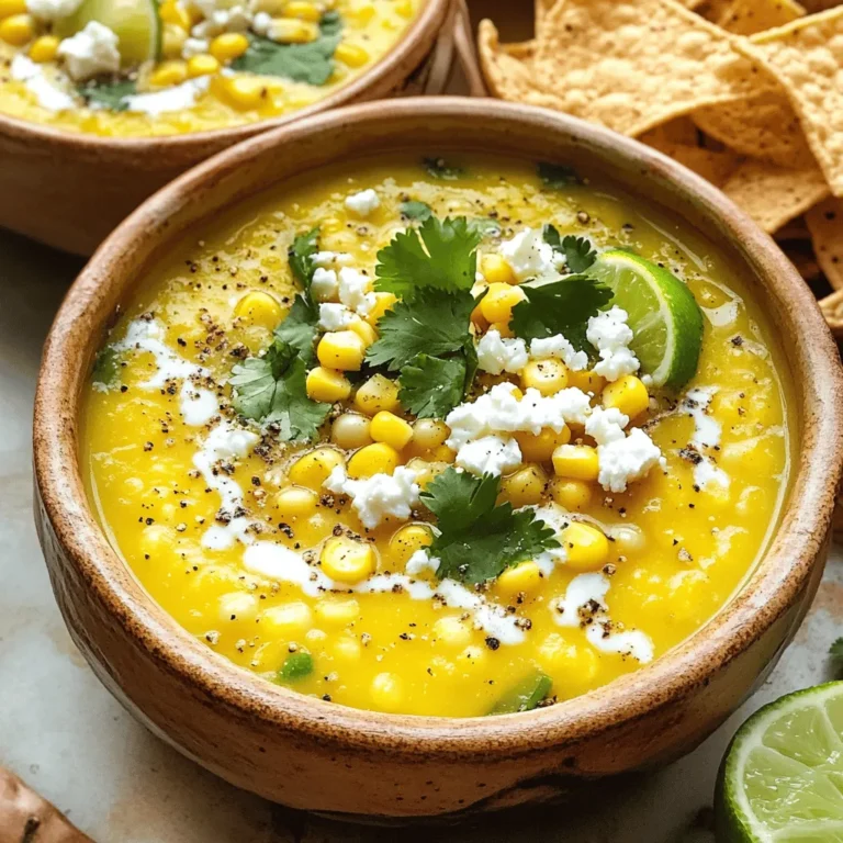 To make Mexican Street Corn Soup, gather these ingredients: - 4 ears of fresh corn, husked and kernels removed - 1 tablespoon olive oil - 1 medium onion, finely chopped - 3 cloves garlic, minced - 1 medium potato, peeled and diced - 4 cups vegetable broth - 1 cup coconut milk - 1 tablespoon lime juice - 1 teaspoon smoked paprika - 1 teaspoon cumin - Salt and pepper to taste - ½ cup crumbled feta cheese (or cotija cheese) - Fresh cilantro, for garnish - Lime wedges, for serving When picking corn, aim for plump, bright kernels. Look for husks that are green and tightly wrapped. Fresh corn should feel firm. If the silk is brown and sticky, it's a sign of age. Always check that the kernels are milky when you press them. This shows they are juicy and sweet. If you need to make swaps, here are some ideas: - For vegan options, replace coconut milk with almond or soy milk. - Use nutritional yeast instead of feta or cotija cheese for a cheesy flavor. - If you want a gluten-free option, ensure your vegetable broth is labeled gluten-free. - To avoid potatoes, you can use cauliflower or sweet potatoes for a different texture. These substitutions keep the soup delicious while catering to your needs. First, gather all your ingredients. You need corn, olive oil, onion, garlic, potato, vegetable broth, coconut milk, lime juice, smoked paprika, cumin, salt, pepper, feta cheese, cilantro, and lime wedges. Start by heating the olive oil in a large pot over medium heat. Once hot, add the chopped onion. Sauté for about five minutes until it becomes soft and clear. Next, add the minced garlic. Cook it for one more minute until you smell its wonderful aroma. Now, stir in the diced potato. Let it cook for three to four minutes. This step helps the potato start to soften. Then, add the corn kernels, vegetable broth, smoked paprika, and cumin. Bring the mixture to a boil. After it boils, turn down the heat and let it simmer for 15 to 20 minutes. You want the potatoes to be tender. Once the time is up, remove the pot from the heat. Use an immersion blender to blend the soup until it's smooth. If you like some texture, you can leave it chunky instead. Then, stir in the coconut milk and lime juice. Mix well to combine everything. Season with salt and pepper to your taste. Return the pot to low heat to warm the soup before serving. To get the perfect texture, blending the soup is key. An immersion blender makes this easy. If you don’t have one, you can carefully transfer the soup to a regular blender. Just be sure to let it cool slightly before blending. Blending creates a creamy soup without adding heavy cream. This keeps it light and bright. You can also control the texture by how long you simmer the soup. A longer cooking time can soften the corn and potatoes more, making your soup smoother. If you prefer a chunkier soup, add the corn and broth later in the cooking process. This way, they stay intact and add bite. For the best flavor, use fresh corn when possible. Fresh corn adds sweetness and depth. If fresh corn isn’t available, frozen corn works well too. Make sure to thaw it before adding to the pot. Don’t skip the lime juice! It brightens the soup and balances the flavors. Adding it at the end keeps the lime's fresh taste. Smoked paprika gives a lovely smoky flavor that enhances the soup. If you want a bolder taste, you can add more cumin or paprika. For a fun twist, consider adding a pinch of chili powder for some heat. You can also top your soup with crumbled feta cheese and fresh cilantro. This adds a burst of flavor and makes the dish look beautiful. Enjoying it with lime wedges on the side lets each person adjust the taste to their liking. To boost the flavor of your soup, focus on fresh ingredients. Use sweet corn for a vibrant taste. Fresh lime juice adds brightness. Smoked paprika gives a nice depth. If you want more heat, add jalapeños or chili powder. You can also mix in fresh herbs like cilantro during cooking. This adds a fresh and lively note. A common mistake is overcooking the garlic. It can turn bitter quickly. Another mistake is not seasoning enough. Always taste as you go. If you blend the soup too early, the potatoes might not be tender. Make sure they are soft before blending. Lastly, avoid using canned corn for this recipe. Fresh corn gives the best flavor. To make it a full meal, serve with tortilla chips. They add a fun crunch. You can also offer a side salad with lime vinaigrette. This pairs well with the soup's flavors. For a heartier meal, add grilled chicken or shrimp on top. Finish with a sprinkle of crumbled cheese and fresh cilantro. This creates a beautiful presentation. {{image_2}} You can easily adjust this soup for different diets. If you want a vegan option, swap the coconut milk for almond milk. For a nut-free version, stick with coconut milk. If you're lactose-free, use a dairy-free cheese instead of feta. If you like more protein, add beans or chicken. To change the spice level, add more smoked paprika or a pinch of cayenne. For a milder soup, reduce the smoked paprika. You can also include diced jalapeños for extra heat. If you want a sweeter taste, add a bit of sugar or honey. To enhance the flavor, try adding fresh herbs like thyme or oregano. Toppings can make your soup shine. Try adding crispy tortilla strips for crunch. A sprinkle of lime zest can brighten the flavor. You can also use sliced avocado for creaminess. A drizzle of hot sauce will give it a nice kick. Fresh cilantro adds color and freshness, while crumbled cheese makes it rich. To keep your Mexican Street Corn Soup fresh, store it in an airtight container. Make sure it cools to room temperature before sealing. You can keep it in the fridge for about 3 to 4 days. If you want to enjoy it later, freezing is a great option. To freeze the soup, pour it into freezer-safe bags or containers. Leave some space at the top for expansion. Label each container with the date. You can freeze it for up to 3 months. When you want to eat it, just thaw it in the fridge overnight. When ready to eat, reheat the soup on the stove. Use low to medium heat to avoid burning. Stir often until it's hot. If the soup seems thick, add a splash of vegetable broth or water. This keeps it creamy and delicious. Enjoy! Mexican Street Corn Soup is a creamy, flavorful dish inspired by elote, a popular Mexican street food. It uses fresh corn, onions, and spices to create a rich taste. The soup is usually topped with cheese, cilantro, and lime for extra flavor. Yes, you can make this soup in advance. I recommend preparing it and then storing it in an airtight container. It will stay fresh in the fridge for about three days. Reheat on the stove when you’re ready to eat. To make this soup vegan-friendly, simply skip the cheese or use a plant-based alternative. You can also replace the coconut milk with a non-dairy milk like almond or oat milk. This keeps the soup creamy while ensuring it’s vegan. This blog post covered everything you need to know about making Mexican Street Corn Soup. We looked at the right ingredients, how to cook it, and tips to boost the flavor. You learned about variations and how to store leftovers for later. Remember, this soup can fit many diets. Mixing it up with toppings makes it fun. Enjoy your cooking and share this tasty dish with friends and family!