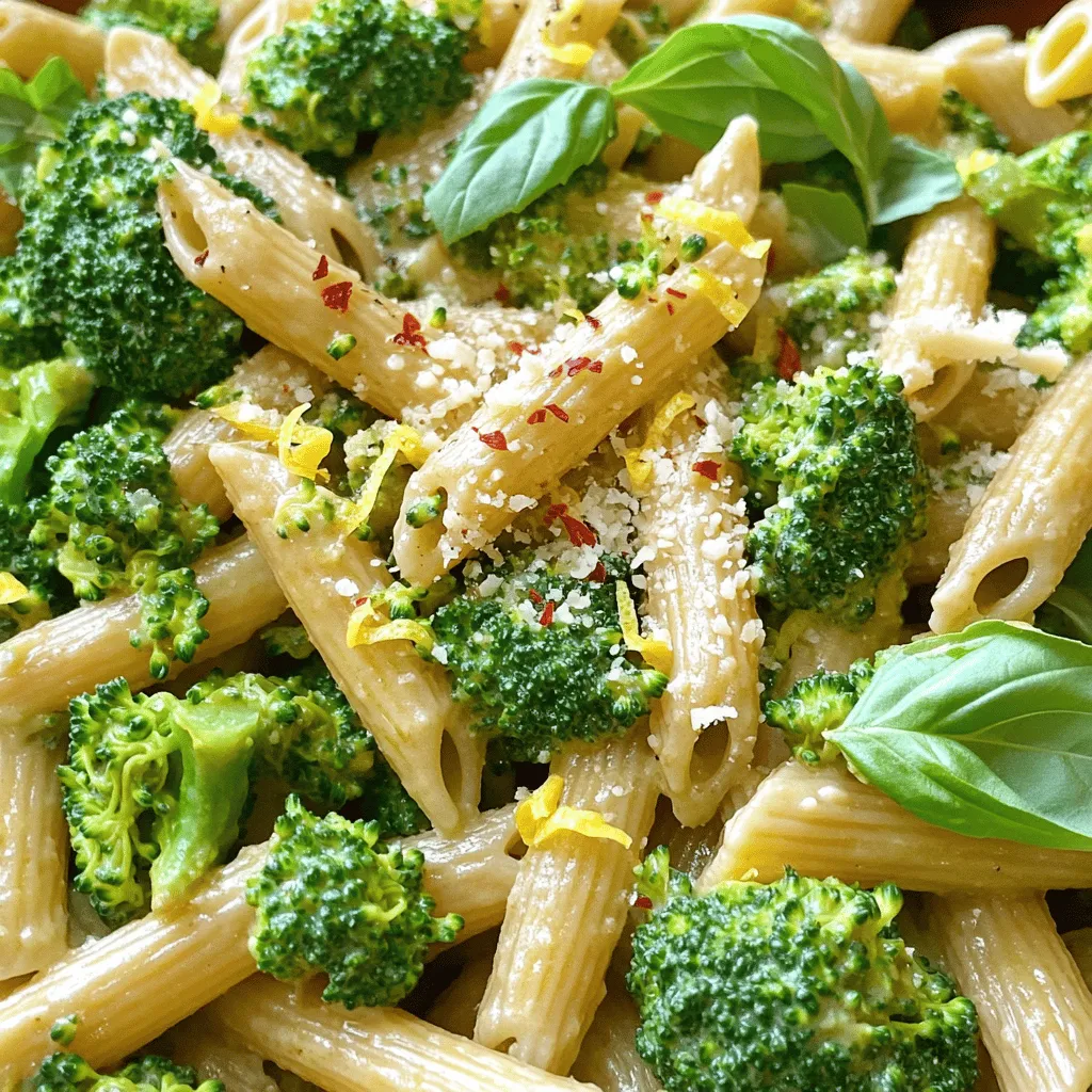 - 8 oz (225 g) whole wheat pasta (penne or fusilli works well) - 2 cups broccoli florets - 3 cloves garlic, minced - 1/4 teaspoon red pepper flakes (adjust to taste) - 1/4 cup olive oil - 1/2 cup grated Parmesan cheese - Zest of 1 lemon - 2 tablespoons lemon juice - Salt and pepper to taste - Fresh basil leaves for garnish - Extra Parmesan cheese for serving - Large pot - Colander for draining - Large skillet or pot for mixing - Cooking spoon or tongs - Zester for lemon zest - Measuring cups and spoons First, fill a large pot with salted water. Bring it to a boil. Once it’s bubbling, add 8 ounces of whole wheat pasta. Cook the pasta according to the package instructions until it is al dente. This usually takes about 10 minutes. With three minutes left to go, add 2 cups of broccoli florets. This blanching step keeps the broccoli bright and crisp. After the time is up, reserve half a cup of pasta water. Then, drain the pasta and broccoli in a colander. Set them aside for later. Next, take the same pot or a large skillet. Heat 1/4 cup of olive oil over medium heat. Add 3 minced garlic cloves and 1/4 teaspoon of red pepper flakes to the oil. Sauté this mixture for about 1-2 minutes. You want the garlic fragrant but not browned. Keep an eye on it! Now, return the drained pasta and broccoli to the pot or skillet. Toss everything well to coat with the garlic oil. Add the zest of one lemon and 2 tablespoons of lemon juice for brightness. Then, mix in 1/2 cup of grated Parmesan cheese. If your pasta looks dry, use the reserved pasta water. Add it a little at a time until you get your desired consistency. Season with salt and pepper to taste. Toss everything again to combine. Serve your pasta hot, garnished with fresh basil leaves and extra Parmesan if you like. Enjoy this simple and flavorful meal! To get the best pasta, cook it al dente. This means it should feel firm when you bite it. Follow the package instructions for time. Near the end, add broccoli florets to the pot. This keeps the broccoli bright and crisp. Remember to save some pasta water! It helps make the sauce creamy. You can add more flavor easily. Try extra garlic for a stronger taste. A squeeze of lemon juice brightens the dish. If you like heat, add more red pepper flakes. Fresh herbs like parsley or thyme give a nice touch. You can also mix in sun-dried tomatoes for a bit of sweetness. To serve, place the pasta on a plate. Sprinkle with fresh basil leaves. Add more grated Parmesan on top if you like. A twist of lemon zest makes it look fancy. Serve it hot for the best taste. This dish pairs well with a simple salad or crusty bread. Enjoy your meal! {{image_2}} You can add protein to your Italian broccoli pasta for a heartier meal. Here are some ideas: - Grilled Chicken: Add sliced grilled chicken for a lean protein boost. - Shrimp: Toss in sautéed shrimp for a quick seafood twist. - Chickpeas: For a plant-based option, mix in canned chickpeas. These proteins pair well with the flavors in the dish. Just cook them separately and mix them in at the end. If you like heat, you can adjust the spice level. Here’s how: - More Red Pepper Flakes: Add extra red pepper flakes for more heat. - Fresh Chili: Slice fresh chili peppers and sauté them with garlic. - Mild Option: For less spice, skip the red pepper flakes entirely. Adjust the spice to fit your taste. You can always add more, but it’s hard to take it out! Feel free to switch up the sauce or cheese. Here are some options: - Alfredo Sauce: For a creamy version, use Alfredo sauce instead of olive oil. - Pesto: Mix in some pesto for a fresh, herbaceous flavor. - Different Cheeses: Try feta or goat cheese for a tangy twist instead of Parmesan. These changes can give your dish a new life. Don’t hesitate to experiment! To store your Italian broccoli pasta, place it in an airtight container. Make sure it cools down first. This keeps the pasta fresh. You can refrigerate it for up to three days. I suggest using it within two days for the best taste. When you’re ready to eat, you can reheat it easily. Place the leftover pasta in a skillet. Add a splash of water or olive oil. Heat it over medium heat. Stir it often until it’s warmed through. This helps keep the pasta from drying out. You can also use a microwave. Just cover it with a damp paper towel. Heat it for 1-2 minutes, checking it often. If you want to keep it longer, freezing is a great option. First, let the pasta cool completely. Then, portion it into freezer-safe bags or containers. Remove as much air as you can. Label the bags with the date. You can freeze your pasta for up to three months. To defrost, move it to the fridge overnight before reheating. This keeps the flavor and texture nice. I recommend using whole wheat pasta for this dish. It adds a nutty flavor and a hearty texture. You can use penne or fusilli, but any short pasta works well. The shape helps catch the sauce and broccoli bits. This makes each bite delicious and satisfying. Yes, you can easily make this dish vegan. Simply replace the Parmesan cheese with a plant-based cheese. You can also use nutritional yeast for a cheesy flavor without dairy. Just be sure to check the pasta for egg ingredients. Many brands offer egg-free options. To make this dish gluten-free, choose a gluten-free pasta. There are many good options available, like brown rice or chickpea pasta. Follow the same cooking steps with the gluten-free pasta. Taste and adjust the seasoning as needed. This keeps the dish tasty and enjoyable. This blog post covered all you need to make a great dish. We looked at key ingredients and tools. I shared simple steps for cooking pasta and broccoli. I also gave tips for perfecting texture and flavor. You learned various ways to change the recipe and how to store leftovers. In the end, this dish is easy and fun to make. You can always adapt it to fit your taste. Enjoy your cooking!