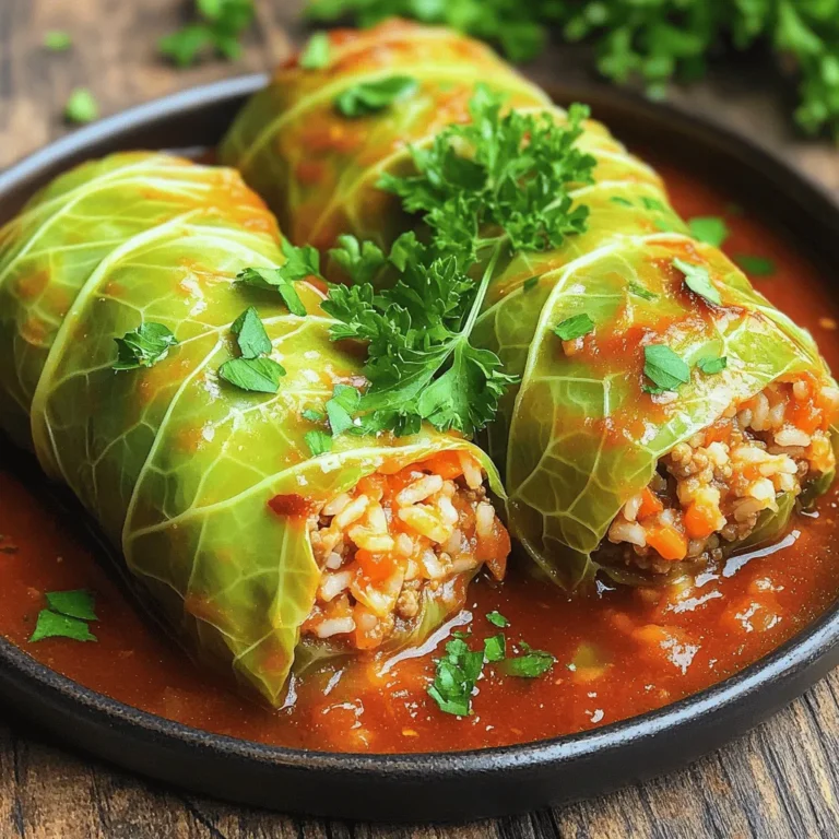 - 1 large head of green cabbage - 1 cup cooked rice (white or brown) - 1 pound ground turkey or chicken - 1 small onion, finely chopped - 2 cloves garlic, minced - 1 carrot, grated - 1 teaspoon dried oregano - 1 teaspoon smoked paprika - 1 teaspoon salt - ½ teaspoon black pepper - 1 can (15 oz) tomato sauce - 1 can (15 oz) diced tomatoes, undrained - 2 tablespoons olive oil - 1 tablespoon lemon juice - Fresh parsley, for garnish Using these ingredients, you can create stuffed cabbage rolls that are both healthy and tasty. The green cabbage provides a sturdy wrap for our filling. The rice adds bulk and texture. Ground turkey or chicken keeps the dish lean and flavorful. The onion, garlic, and carrot bring sweetness and depth to the mix. Seasonings like oregano and smoked paprika give a warm, earthy taste. Salt and black pepper enhance all the flavors. Tomato sauce and diced tomatoes create a rich, tangy base. Olive oil and lemon juice provide brightness and balance. Fresh parsley adds a pop of color and freshness when serving. Gather these ingredients, and you’re ready to make a delicious meal that will impress your family and friends! First, you need to blanch the cabbage. Bring a large pot of water to a boil. Carefully cut out the core of the cabbage head. Place the whole cabbage in the boiling water for about 3 minutes. This softens the leaves. After that, take the cabbage out and let it cool. Once it is cool, gently separate the leaves. Set them aside for later. Now, it's time to make the filling. In a big bowl, mix together the cooked rice, ground turkey or chicken, chopped onion, minced garlic, and grated carrot. Add in the dried oregano, smoked paprika, salt, and black pepper. Stir everything until it combines well. You want the flavors to blend nicely. Next, we will stuff the rolls. Take one cabbage leaf and lay it flat on a clean surface. Place about 2 to 3 tablespoons of the filling at the base of the leaf. Fold the sides over the filling, then roll it up from the bottom to the top. This keeps the filling inside. Repeat this for all the leaves and filling. For the sauce, grab a separate bowl. Combine the tomato sauce with the diced tomatoes. Add olive oil and lemon juice to this mix. Stir it well until everything is blended. This sauce will add great flavor to your cabbage rolls. Now, let's layer in the pot. Spread a thin layer of the sauce mixture on the bottom of a large pot. Place the stuffed cabbage rolls seam-side down in the pot. Pack them tightly together. Pour the remaining sauce over the rolls to keep them moist. Finally, cover the pot and simmer the rolls on low heat. Let them cook for about 40 to 50 minutes. This allows the flavors to meld together. It's key for the meat to cook through. Enjoy the delicious aroma that fills your kitchen! When you choose cabbage, look for a fresh head. It should feel heavy and firm. The leaves should be crisp and bright green. A large head works best for rolling, as it gives you more leaves to use. I prefer green cabbage for its mild taste and flexibility. For the filling, mix ground turkey or chicken with rice, onion, and garlic. You can also add spices like cumin or chili powder for a twist. If you use turkey, cook it for 40-50 minutes. Chicken needs a bit less time. Adjust cooking times based on the meat you choose. Store leftover rolls in an airtight container in the fridge. They can last up to four days. When reheating, use low heat on the stove. This way, you keep the rolls moist and flavorful. You can also add a splash of water to the pot to help steam them. {{image_2}} You can easily make stuffed cabbage rolls vegetarian. Instead of meat, use lentils or beans. These options add protein and fiber. They also bring great flavor. For grains, try using quinoa instead of rice. Quinoa cooks fast and adds a nice texture. You can mix it with your veggies for extra taste. Stuffed cabbage rolls have many global styles. Eastern European recipes often use beef and pork. They may also add spices like dill or caraway. In Mediterranean cuisine, you can find versions with lamb or chicken. These rolls often include fresh herbs and spices, giving a unique twist. When serving stuffed cabbage rolls, think about toppings. Sour cream or yogurt adds creaminess and tang. You can also drizzle some lemon juice for brightness. Pair these rolls with a simple salad or crusty bread. This way, you create a balanced meal. These sides complement the rolls well and make the dish more filling. Stuffed cabbage rolls last in the fridge for about 3 to 4 days. To store them properly, place the rolls in an airtight container. This keeps the flavors fresh and prevents odors from mixing. Make sure the rolls are cool before sealing the container. You can freeze stuffed cabbage rolls both before or after cooking. If freezing raw, wrap each roll tightly in plastic wrap, then place them in a freezer bag. For cooked rolls, let them cool, then follow the same wrapping method. To thaw, move the rolls to the fridge overnight. Reheat in the oven or on the stove, adding a bit of sauce to keep them moist. Check for signs of spoilage before eating leftovers. Bad cabbage rolls may smell sour or look discolored. If the texture feels slimy, it's best to discard them. Always trust your senses; if in doubt, throw them out! To keep the cabbage leaves whole, start with a large head of green cabbage. Remove the core carefully. Blanch the whole head in boiling water for about 3 minutes. This makes the leaves soft and easy to handle. After blanching, let the cabbage cool. Then, gently peel off the leaves. If any leaves tear, use them for the bottom of the pot. Yes, you can use various meats for stuffing. Ground turkey or chicken works well. You can also try ground beef or pork for a richer taste. For a plant-based option, use lentils or mushrooms. Just make sure to adjust cooking times based on the meat you choose. Stuffed cabbage rolls pair nicely with many sides. A simple salad with fresh greens adds crunch. You can also serve crusty bread or garlic bread for dipping. For a drink, try a light red wine or sparkling water with lemon. These options balance the flavors of the dish. To prepare ahead, you can make the filling and stuff the rolls in advance. Store them in the fridge for up to a day. When ready to cook, layer them in the pot with sauce and simmer. You can also freeze them after stuffing. Just thaw in the fridge overnight before cooking. Yes, you can make this recipe gluten-free. Use gluten-free rice instead of regular rice. Ensure that the tomato sauce and diced tomatoes do not contain gluten. Double-check all labels when purchasing ingredients to be safe. This way, everyone can enjoy the dish! Stuffed cabbage rolls are a tasty dish made with simple ingredients. You learned how to prepare the cabbage, make the filling, and cook the rolls for maximum flavor. I also shared tips for variations and storing your rolls. Enjoy experimenting with different ingredients to suit your taste. Whether you go with meat or a vegetarian option, stuffed cabbage rolls can fit any meal. Now, gather your ingredients, start cooking, and savor every bite. Happy cooking!