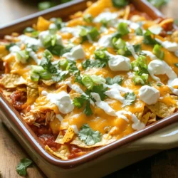 - 3 cups tortilla chips - 2 cups cooked chicken, shredded - 2 cups red enchilada sauce - 1 cup salsa verde - 1 cup shredded cheddar cheese - 1/2 cup black beans, drained and rinsed - 1 jalapeño, finely sliced - Fresh cilantro - Chopped green onions When making Baked Chicken Chilaquiles Casserole, you need specific ingredients to create that rich, layered taste. First, tortilla chips form the crispy base. I like to use three cups to give a satisfying crunch. The chicken adds protein; I often shred two cups of cooked chicken. For the sauce, I use two cups of red enchilada sauce, which brings a bold flavor. Next, salsa verde adds a fresh kick. One cup works well for this dish. Cheese is key, so I include one cup of shredded cheddar cheese for its meltiness. Black beans add texture, too; half a cup is all you need. For optional garnishes, I suggest finely sliced jalapeño for some heat. Fresh cilantro brightens the dish. Finally, chopped green onions add a nice crunch. Each ingredient plays a role in this tasty casserole. - Preheat the oven to 375°F (190°C). - In a large bowl, mix shredded chicken, black beans, corn, and half of the red enchilada sauce. Season with salt and pepper to taste. This mix gives a great flavor base for the casserole. - Grease a 9x13 inch baking dish. Spread half of the tortilla chips evenly across the bottom. This creates a crunchy layer. - Spoon half of the chicken mixture over the chips. - Add half of the salsa verde and half of the cheddar cheese. This adds more flavor and creaminess. - Now, layer the rest of the tortilla chips over the cheese. - Then, add the remaining chicken mixture. - Pour the rest of the red enchilada sauce, salsa verde, and top with the last of the cheese. - Finish with crumbled queso fresco and jalapeño slices if you like some heat. - Cover the dish with aluminum foil. Bake for 20 minutes. This helps all the flavors meld together. - After 20 minutes, remove the foil. Bake for an additional 10-15 minutes, or until the cheese is bubbly and golden. This step makes the cheese melt perfectly and get that nice color. Let it cool for about 5 minutes before serving. Enjoy every cheesy bite! To make your Baked Chicken Chilaquiles Casserole shine, proper seasoning is key. Remember to add salt and pepper to your chicken mixture. This simple step ensures every bite is full of flavor. For shredding chicken quickly, try using two forks. It works like magic! You can also use a stand mixer with a paddle attachment. Just let it shred for a few seconds. It's fast and easy. Pair your casserole with a light salad. A simple green salad with lime dressing works well. You can also serve it with sliced avocados or fresh fruit. This adds color and balance to the meal. Before serving, consider garnishing with fresh cilantro and chopped green onions. These bright toppings not only look great, they also add fresh flavors. Baking times can vary based on your oven. If you know your oven runs hot, check the casserole a few minutes early. This helps avoid overcooking. To make ahead, you can assemble the casserole the night before. Just cover it and keep it in the fridge. When you're ready to bake, add a few extra minutes to the time. Reheating is simple; just warm it in the oven until heated through. This keeps the texture just right. {{image_2}} If you want to switch things up, here are some easy swaps. - Cheese Alternatives: You can use mozzarella or pepper jack instead of cheddar for a different taste. - Sauce Options: Try using green enchilada sauce for a milder flavor. Adding new vegetables can also boost nutrition and flavor. - Vegetable Ideas: Use bell peppers, spinach, or zucchini for a fresh twist. They add color and taste. Making this dish fit your diet can be simple. - Gluten-Free: Use gluten-free tortilla chips and sauces to keep it safe for all. - Vegetarian Versions: Replace chicken with black beans or lentils. This makes it hearty and filling. You won’t lose any flavor with these swaps! To make this dish pop, consider these tips. - Adding Spices: A pinch of cumin or smoked paprika can bring warmth. A bit of garlic powder adds depth too. - Different Proteins: Swap chicken for shredded beef or pulled pork if you want a richer taste. These tweaks will make Baked Chicken Chilaquiles Casserole even more delicious! To store your Baked Chicken Chilaquiles Casserole, let it cool first. Then, cover it tightly with plastic wrap or aluminum foil. You can also use an airtight container. This helps keep it fresh. In the fridge, it lasts about 3 to 4 days. Make sure to label the container with the date. If you want to store the casserole for a longer time, freezing works great. First, let the casserole cool completely. Then, wrap it tightly in plastic wrap, and cover it with aluminum foil. This will prevent freezer burn. It can stay in the freezer for up to 2 months. When you're ready to eat it, take it out and let it thaw in the fridge overnight. When reheating your casserole, the oven is the best choice. Preheat the oven to 350°F (175°C). Place the casserole in an oven-safe dish. Cover it with foil to keep it moist. Heat for about 20-30 minutes, or until it's hot all the way through. You can also use a microwave for quick reheating. However, the oven keeps the texture better. Enjoy your delicious leftovers! You can use several options instead of chicken. For meat, try shredded beef or pork. These meats add great flavor. You can also use cooked turkey for a lighter option. If you prefer non-meat, consider black beans or lentils. Both add protein and texture. Tofu is another good choice for a vegetarian option. Just ensure it’s well-seasoned to match the dish. Yes, you can easily make this casserole in advance. Prepare all the layers and assemble them in your baking dish. Cover it tightly with foil and store it in the fridge. It can stay fresh for up to two days. When ready to bake, let it sit at room temp for about 30 minutes. Then, bake it as directed, adding a few extra minutes if needed. Absolutely! To make this dish gluten-free, choose corn tortilla chips. These are a great substitute for regular chips. For sauces, look for gluten-free red enchilada sauce and salsa verde. Always check labels to be sure. With these swaps, you can enjoy a delicious gluten-free version of Baked Chicken Chilaquiles Casserole. This article covers how to make a delicious baked chicken chilaquiles casserole. We explored the main and additional ingredients, step-by-step instructions, cooking tips, and variation ideas. The casserole is easy to prepare and great for any meal. Whether you use chicken or choose other proteins, the flavors will shine. Remember to store leftovers well, so you enjoy every bite later. Overall, this dish offers a fun twist on traditional recipes, making it perfect for everyone. Enjoy cooking and sharing this tasty meal!