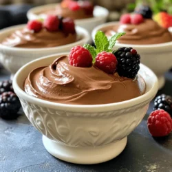 - 2 cups cottage cheese (preferably low-fat) - 1/2 cup unsweetened cocoa powder - 1/3 cup honey or maple syrup (to taste) - 1 teaspoon vanilla extract - 1/4 cup almond milk (or any milk of choice) - 1/2 teaspoon instant coffee granules (optional, for added depth) - A pinch of salt You need simple ingredients for this mousse. Cottage cheese gives it a creamy base. I like using low-fat cottage cheese for a lighter option. Cocoa powder adds rich chocolate flavor. You can sweeten it with honey or maple syrup. I often adjust sweetness based on my taste. Vanilla extract boosts the flavor. Almond milk makes it smooth. You can use any milk you prefer. I sometimes add instant coffee for depth. It enhances the chocolate taste without being too strong. A pinch of salt balances the sweetness and flavor. - Fresh berries - Mint leaves For garnishing, fresh berries add color and a fruity touch. I love using strawberries or raspberries. Mint leaves offer a fresh taste. They look pretty and make the dish pop. You can mix and match these garnishes to your liking. These simple additions make the mousse even more fun! 1. First, drain the excess whey from the cottage cheese. This step is key. It helps make the mousse smooth and creamy. You can use a fine mesh strainer or cheesecloth for this. Let it sit for a few minutes to remove as much liquid as possible. 2. Next, combine all your ingredients in a blender. You will need: - 2 cups cottage cheese - 1/2 cup unsweetened cocoa powder - 1/3 cup honey or maple syrup - 1 teaspoon vanilla extract - 1/4 cup almond milk - 1/2 teaspoon instant coffee granules (if desired) - A pinch of salt 3. Blend on high speed until the mix is smooth. Scrape down the sides of the blender as needed. This ensures everything mixes well together. The result should be a nice, creamy texture. Taste the mixture and add more sweetener if needed. 1. Now, transfer the mousse into serving dishes. You can use small bowls or cups. Be careful not to make a mess! 2. Cover the mousse with plastic wrap. Refrigerate for at least 1 hour. This time helps the flavors blend and the mousse to set. Chilling makes it taste even better! 3. Before serving, give the mousse a gentle stir. This will make it even creamier. 4. Now, garnish with fresh berries and a sprig of mint. This adds a lovely touch and makes your dessert look great! To make a creamy cottage cheese chocolate mousse, you must drain the cottage cheese. This step removes extra whey and helps the mousse become smooth. If you skip this, your mousse might be runny. Use a fine mesh strainer or cheesecloth to get the best results. For blending, I recommend using a high-speed blender. This helps break down the cottage cheese completely. Blend until the mixture is silky and free of lumps. If needed, stop to scrape down the sides. This ensures every ingredient mixes well. Taste the mousse after blending to check the sweetness. You can easily adjust it. If it’s not sweet enough, add more honey or maple syrup. Start with one tablespoon and mix it in. Blend again and taste. A good ratio is 1/3 cup of honey or maple syrup for this recipe. If you prefer less sweetness, use less. Remember, you can always add more, but you can’t take it out once it's in! {{image_2}} You can easily change the taste of your cottage cheese chocolate mousse. Try different sweeteners. Honey and maple syrup both work well, but you can use agave or stevia for a lower-calorie option. Each sweetener gives a unique flavor, so experiment to find your favorite. Flavored extracts can also enhance your mousse. A dash of almond extract adds a nutty note. If you love coffee, add a bit more instant coffee granules. This will deepen the chocolate taste and add a nice kick. If you need a dairy-free version, you can swap cottage cheese with silken tofu. It blends smoothly and keeps the mousse creamy. Use a non-dairy milk like almond or oat milk instead of regular milk. For a low-calorie variation, reduce the sweetener or use a sugar substitute. You can also use low-fat cottage cheese to cut down on calories. These changes keep the mousse delicious and satisfying without adding too many calories. To keep your cottage cheese chocolate mousse fresh, use airtight containers. Glass jars or plastic containers work great. Make sure to seal them well to avoid air exposure. The mousse stays fresh for up to five days in the fridge. After that, it may lose its creaminess and flavor. If you want to save some mousse for later, freezing is a good option. Just scoop the mousse into freezer-safe containers. Leave some space at the top, as it may expand. When you are ready to eat, thaw it in the fridge overnight. This keeps the texture smooth. Serve the thawed mousse chilled. A quick stir may help restore its creaminess before serving. Can I use low-fat cottage cheese? Yes, low-fat cottage cheese works great for this mousse. It keeps the dish creamy while cutting down on calories. You still get all the flavor and protein without the extra fat. I often prefer it for a lighter treat. What can I substitute for cocoa powder? If you need a substitute, try carob powder. It has a sweet taste and is caffeine-free. You can also use dark chocolate melted down for a rich flavor. Just remember to adjust the sweetness since chocolate can be sweeter than cocoa powder. How can I make this mousse vegan? To make this mousse vegan, replace cottage cheese with silken tofu or vegan cream cheese. Use maple syrup as your sweetener. Almond milk is already a great choice. Just blend everything until smooth, and you’ll have a tasty vegan treat! Caloric content per serving Each serving of this mousse has about 140 calories. This is a great option for a sweet treat without the guilt. Protein content and other nutrition facts You get about 10 grams of protein per serving. Cottage cheese is a protein powerhouse. You also get healthy fats and calcium, making this dessert both tasty and nourishing. Plus, the cocoa adds antioxidants, so it’s a win-win! Making this chocolate mousse is simple with just a few key ingredients. You blend cottage cheese, cocoa powder, and your choice of sweeteners for a creamy treat. Consider garnishing with fresh berries or mint for a vibrant touch. Remember to drain the cottage cheese for the best texture, and adjust the sweetness to your taste. This mousse can be tailored to fit your dietary needs, whether low-calorie or dairy-free. Enjoy making this delicious and versatile dessert!