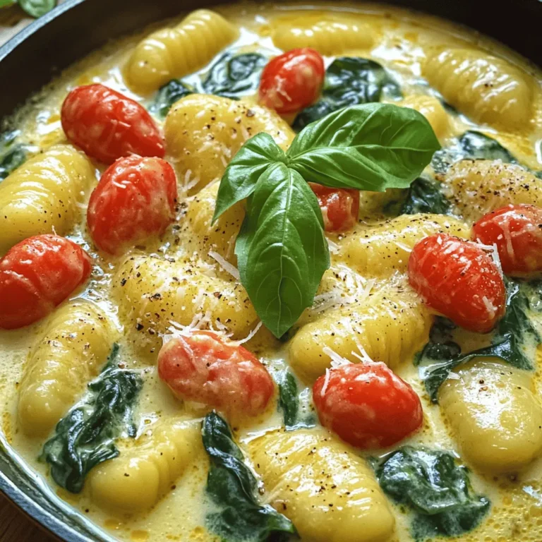- 1 package (16 oz) gnocchi - 2 tablespoons olive oil - 1 cup heavy cream Gnocchi is the star of this dish. You can find it in the pasta aisle. Olive oil adds richness and flavor. Heavy cream makes the sauce smooth and creamy. - 3 cloves garlic, minced - 1 cup cherry tomatoes, halved - 1 teaspoon Italian seasoning Garlic gives a nice aroma and taste. Cherry tomatoes bring sweetness and color. Italian seasoning adds a blend of herbs that makes everything pop. - 2 cups fresh spinach - 1 cup grated Parmesan cheese - Fresh basil leaves, for garnish Spinach adds a nice green touch and nutrients. Parmesan cheese gives a salty and nutty flavor. Fresh basil leaves are perfect for a bright finish on your dish. 1. Start by heating the olive oil in a large skillet over medium heat. This will take just a minute or two. 2. Once hot, add the minced garlic. Sauté it for 1-2 minutes. It should smell great. Be careful not to burn it; that would change the taste. 3. Next, toss in the halved cherry tomatoes. Cook these for about 3-4 minutes. You want them to soften and start to burst. That’s when the flavor really comes out. 1. Now it’s time to add the fresh spinach. Stir it in and cook until it wilts, which is about 2 minutes. The bright green color is so inviting. 2. While the spinach is wilting, pour the heavy cream into the skillet. Lower the heat to keep it from boiling. Stir it all together to combine. 1. In a separate pot, cook the gnocchi according to the package instructions. When they float to the top, they are done. This usually takes about 2-3 minutes. 2. Once the gnocchi is ready, drain it and set it aside. Add the cooked gnocchi to the skillet with the cream, spinach, and tomatoes. 3. Toss everything gently together. You want the gnocchi to be well coated in that creamy sauce. 4. Season with Italian seasoning, salt, and pepper to your taste. Cook for an additional 2-3 minutes to heat through. 5. Just like that, your creamy Tuscan gnocchi is ready! - Perfectly cooking gnocchi: Always cook gnocchi in boiling water. They are done when they float. This usually takes about 2-3 minutes. Stir gently to prevent sticking. - Achieving creamy consistency: Use heavy cream for a rich sauce. Add it slowly to the skillet. Stir constantly to help it blend well with the other ingredients. - Using high-quality Parmesan: A good Parmesan cheese makes a big difference. It adds depth and richness to your sauce. Freshly grated cheese melts better than pre-grated. - Adding additional herbs: Fresh herbs brighten the dish. Try adding basil or thyme for extra flavor. You can mix them in while cooking or sprinkle them on top before serving. - Serving suggestions: Use shallow bowls for a nice presentation. This helps showcase the beautiful colors of the dish. - Garnishing ideas: Top with extra grated Parmesan and fresh basil leaves. This not only adds flavor but also makes your dish look stunning. {{image_2}} You can make this dish even better by changing a few ingredients. - Alternatives for cream: If you want a lighter option, use half-and-half or unsweetened almond milk. These swaps keep the dish creamy but reduce the calories. - Different leafy greens: Instead of spinach, try kale or arugula. They add a unique flavor and still look great in the dish. Adding protein makes this meal heartier and more filling. - Adding chicken: Cook some diced chicken in the skillet before adding garlic. It’ll soak up the tasty flavors and make it a complete meal. - Incorporating shrimp: Shrimp cooks quickly, making it a great addition. Sauté it with the garlic for a seafood twist that pairs well with the creamy sauce. You can easily adapt this recipe to fit your dietary needs. - Gluten-free options: Use gluten-free gnocchi made from potatoes or rice. It tastes just as good and keeps the dish friendly for gluten-free diets. - Vegan adaptations: Swap heavy cream for coconut cream and use nutritional yeast instead of Parmesan. This keeps the dish creamy and adds a nice cheesy flavor without dairy. To keep your creamy Tuscan gnocchi fresh, store leftovers in an airtight container. Place it in the fridge. It will last for up to three days. If you want to keep it longer, consider freezing it. Use a freezer-safe container or bag. This dish can stay frozen for up to three months. Just remember, freezing may change the texture slightly. To reheat your creamy gnocchi, the stovetop is best. Place it in a skillet over low heat. Add a splash of water or cream to help it heat evenly. Stir often to prevent sticking. If you prefer, you can microwave it. Just cover it with a damp paper towel. This keeps it moist. To keep the creaminess intact, avoid high heat. Slow and steady warms it up without breaking the sauce. Enjoy the rich flavors just like when you first made it! Can I use frozen gnocchi? Yes, you can use frozen gnocchi. Just cook it according to the package instructions. It usually takes a bit longer to cook than fresh gnocchi. Check for doneness when they float to the top. How can I make this dish lighter? To lighten this dish, consider using half-and-half instead of heavy cream. You can also reduce the amount of cheese or use low-fat cheese. Adding more spinach will increase volume without many calories. What can I use instead of heavy cream? You can use coconut milk or cashew cream for a dairy-free option. Both provide a creamy texture and good flavor. If you prefer, Greek yogurt can also work but mix it in off the heat to prevent curdling. Can I use other cheeses? Yes, other cheeses can work well! Try using mozzarella for a stretchier texture or feta for a tangy flavor. Just remember that the flavor profile will change slightly. How long does it take to cook gnocchi? Fresh gnocchi typically takes about 2 to 3 minutes to cook. They are done when they float to the surface. Frozen gnocchi may need an extra minute or two. What side dishes pair well with this recipe? A simple green salad or garlic bread pairs nicely. You could also serve roasted vegetables or a light soup for a balanced meal. This blog post walks you through making a delicious gnocchi dish. We covered key ingredients, like olive oil, heavy cream, and fresh spinach. You learned step-by-step how to sauté, combine, and finish your dish. The tips helped enhance flavors and improve presentation. Variations let you swap ingredients or add proteins. Lastly, I shared storage and reheating methods to keep it fresh. You now have all the tools to create your own tasty meal. Enjoy cooking, and feel free to experiment with your favorite flavors!