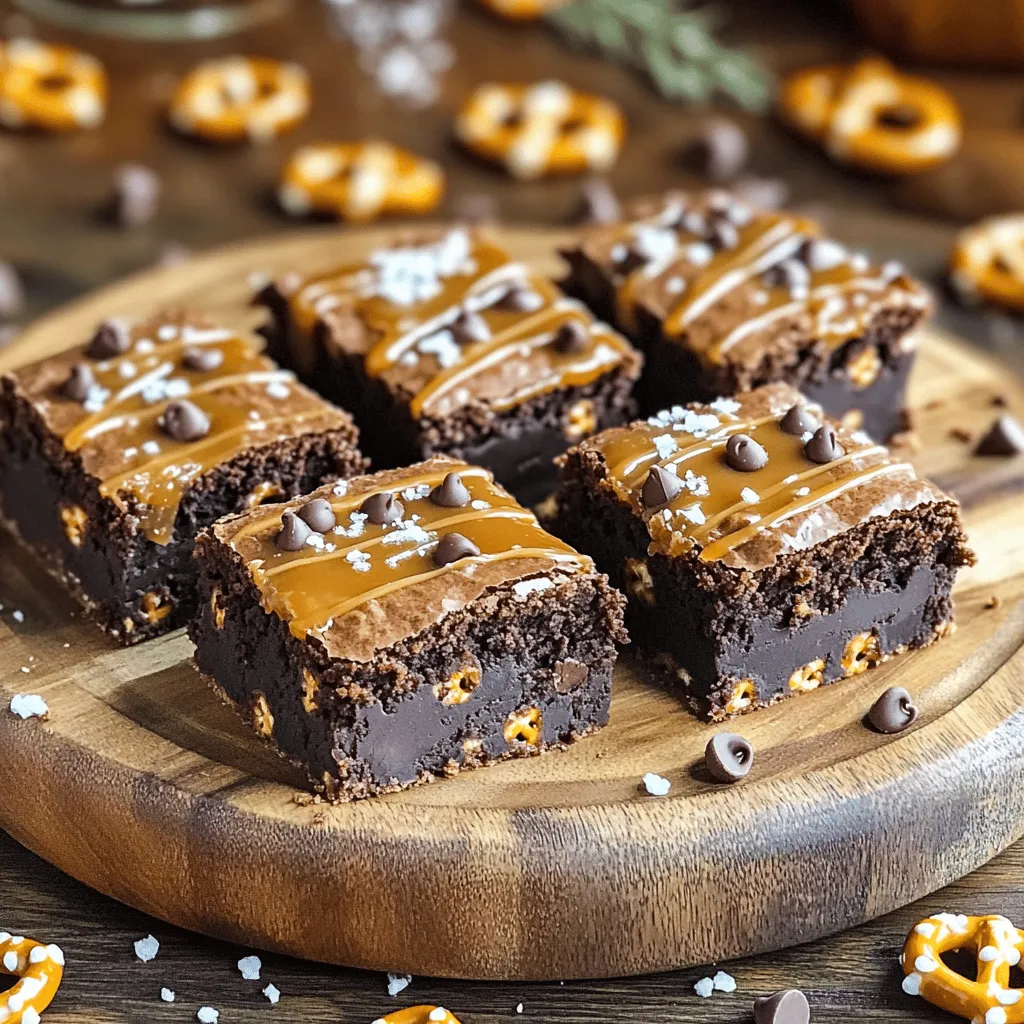 To make Salted Caramel Pretzel Brownie Bars, you need these simple ingredients: - 1 cup unsalted butter (2 sticks) - 2 cups granulated sugar - 4 large eggs - 1 teaspoon vanilla extract - 1 cup all-purpose flour - 1 cup unsweetened cocoa powder - 1/2 teaspoon salt - 1 cup semi-sweet chocolate chips - 1 1/2 cups mini pretzels, crushed - 1 cup homemade or store-bought salted caramel sauce - Sea salt for garnish Each ingredient plays an important role. The unsalted butter gives a rich taste. Granulated sugar adds sweetness and helps with the texture. Large eggs bind the ingredients together. Vanilla extract adds a warm flavor that enhances the chocolate. All-purpose flour and cocoa powder create the brownie base. The salt balances the sweetness. Semi-sweet chocolate chips add extra chocolatey goodness. Mini pretzels bring a crunchy texture and a salty bite. The salted caramel sauce makes these bars special and delicious. Finally, a sprinkle of sea salt on top gives a finishing touch. When gathering these ingredients, I recommend using high-quality chocolate. It can truly elevate your brownie bars. Make sure to crush the pretzels well for an even distribution throughout the batter. This mix of sweet and salty will make your taste buds dance with joy! 1. Preheat your oven to 350°F (175°C). This step is key for even baking. 2. Grease a 9x13 inch baking dish with cooking spray. You can also use parchment paper for easy removal. 1. In a medium saucepan, melt 1 cup of unsalted butter over low heat. 2. Once melted, remove it from heat and stir in 2 cups of granulated sugar until mixed well. 3. Add 4 large eggs one at a time. Mix well after each egg, then stir in 1 teaspoon of vanilla extract. 1. In a separate bowl, sift together 1 cup of all-purpose flour, 1 cup of unsweetened cocoa powder, and 1/2 teaspoon of salt. 2. Gradually mix these dry ingredients into the wet mixture until just combined. Be careful not to overmix. 1. Fold in 1 cup of semi-sweet chocolate chips and 1 1/2 cups of crushed mini pretzels until evenly mixed. 2. Pour about half of the brownie batter into the greased baking dish, smoothing it into an even layer. 3. Drizzle half of the salted caramel sauce over the brownie layer. Use a knife to swirl it in for a marbled look. 4. Pour the remaining brownie batter on top, spreading it evenly. Drizzle the rest of the caramel sauce and swirl again. 5. Sprinkle a pinch of sea salt on top for that perfect salty-sweet balance. Now you're ready to bake! - Checking doneness with a toothpick: Insert a toothpick into the center of the brownies. If it comes out with moist crumbs, they're done. This is key to a gooey texture. - Cooling recommendations: Let the brownie bars cool completely in the dish. This makes cutting easier and keeps them from falling apart. - Serving suggestions: Serve the brownie bars on a nice platter. A drizzle of extra salted caramel on top adds a special touch. Add crushed pretzels for extra crunch. - Garnishing ideas: Fresh mint sprigs can brighten up your dish. They add color and a hint of flavor that contrasts well with the sweet bars. - Overmixing the batter: Mix just until combined. Overmixing makes the brownies tough. You want them chewy and soft. - Not measuring ingredients accurately: Use proper measuring cups. Too much flour or cocoa can ruin the texture. Accurate measuring is crucial for great results. {{image_2}} To make your salted caramel pretzel brownie bars even better, try adding nuts. Chopped pecans or walnuts boost the flavor and add crunch. You can also use different types of chocolate. For a richer taste, mix in dark chocolate chips or use white chocolate for a sweet twist. For those who need gluten-free options, swap all-purpose flour with a gluten-free blend. This keeps the texture creamy and soft. If you want vegan modifications, replace eggs with flaxseed meal mixed with water. Use vegan butter and dairy-free chocolate chips for a delicious result. These brownie bars pair great with ice cream. Vanilla or salted caramel ice cream adds a creamy touch. For parties, serve mini versions. Cut the bars into smaller squares. This way, guests can enjoy a bite-sized treat without too much guilt. To keep your salted caramel pretzel brownie bars fresh, store them in an airtight container. Place a piece of wax paper between layers to avoid sticking. If you want to refrigerate them, they will stay good for about a week. Just remember to let them cool completely before you store them. If you have leftovers, freezing is a great option. Cut the bars into squares and wrap each one in plastic wrap. Place them in a freezer bag. They can last up to three months in the freezer. When you are ready to eat, let them thaw in the fridge overnight. These brownie bars stay fresh for about a week when stored correctly. You will know they are still good if they look moist and smell sweet. If you see any mold or if they smell off, it is best to toss them. Always check for any signs of spoilage, like a dry crust or hard texture. Enjoy your treats while they are at their best! Yes, you can use margarine. But, the taste may change. Margarine has more water than butter. This may make your brownie bars less rich. The texture might be a bit softer, too. If you use margarine, pick a high-quality brand. This will help keep the flavor close to butter. If you need a caramel alternative, try butterscotch sauce. It has a similar sweet flavor. You can also use chocolate sauce for a twist. For a healthier choice, try date caramel. It is made from blended dates and has a nice sweetness. Each option will change the taste, so choose what you like best. To check doneness, use a toothpick. Insert it into the center of the bars. If it comes out with moist crumbs, they are done. If it has wet batter, bake a bit longer. Look for a shiny top and firm edges, too. These signs mean your brownie bars are ready to cool. This blog post walked you through making delicious brownie bars. You learned about key ingredients like butter, chocolate chips, and mini pretzels. The step-by-step guide ensured your baking success, covering everything from prep to serving. I shared tips to avoid common mistakes, storage advice, and variations for everyone’s taste. Try these brownie bars for a fun treat. They’re sure to impress your friends and family. Happy baking!