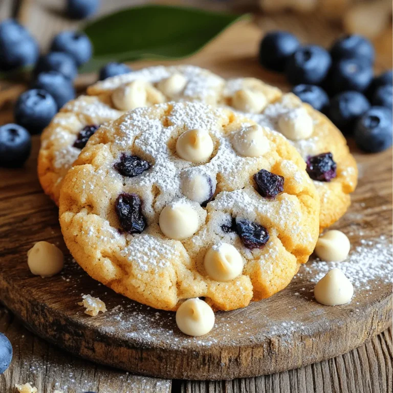 To make bakery-style blueberry white chocolate cookies, gather these ingredients: - 1 cup unsalted butter, softened - 3/4 cup granulated sugar - 3/4 cup brown sugar, packed - 2 large eggs - 2 teaspoons vanilla extract - 2 1/4 cups all-purpose flour - 1 teaspoon baking soda - 1/2 teaspoon salt - 1 cup dried blueberries (or fresh if preferred) - 1 cup white chocolate chips - Zest of 1 lemon Each ingredient plays a key role in creating that soft, chewy texture. The unsalted butter adds richness, while the sugars provide sweetness and help with browning. The eggs bind everything together, making your cookies tender. Vanilla extract and lemon zest add depth, enhancing the overall flavor. The dry ingredients, like flour, baking soda, and salt, give structure and balance. Dried blueberries offer chewy bursts of flavor, and white chocolate chips add creamy sweetness. You can also use fresh blueberries if you prefer their juiciness. Gather all these items before you start. This way, you’ll have everything ready and can enjoy the baking process without interruption. 1. First, preheat your oven to 350°F (175°C). Line two baking sheets with parchment paper. This helps cookies bake evenly and prevents sticking. 2. In a large bowl, cream together 1 cup of softened unsalted butter, 3/4 cup of granulated sugar, and 3/4 cup of brown sugar. Mix until light and fluffy. This step adds air and gives your cookies a nice texture. 3. Next, add 2 large eggs, one at a time. Blend well after each egg. Then stir in 2 teaspoons of vanilla extract and the zest of 1 lemon. The lemon zest adds a fresh, bright flavor. 1. In another bowl, whisk together 2 1/4 cups of all-purpose flour, 1 teaspoon of baking soda, and 1/2 teaspoon of salt. This helps distribute the baking soda evenly. 2. Gradually mix the dry ingredients into the wet ingredients. Stir until just combined. Do not overmix, or your cookies may become tough. 1. Now, gently fold in 1 cup of dried blueberries and 1 cup of white chocolate chips. Make sure they are evenly mixed into the dough. The blueberries add a nice chew, while the chocolate brings sweetness. 2. Scoop out tablespoon-sized portions of dough. Place them on the prepared baking sheets, leaving space between each cookie. They will spread while baking. 1. Bake the cookies in the preheated oven for 10-12 minutes. Look for lightly golden edges, but the center should still be soft. 2. Once done, remove them from the oven. Let the cookies cool on the baking sheets for 5 minutes. Then, transfer them to a wire rack to cool completely. Enjoy your delicious cookies! To get the best texture, you want to know the difference between light and fluffy and chewy. Light and fluffy cookies are soft and airy. They often use more fat. Chewy cookies have a denser feel. They use more brown sugar for moisture. The temperature of your ingredients matters. Use softened butter to mix easily with sugars. Cold eggs can slow the mixing process. Let them sit out for a bit. This helps create that perfect dough. For a lovely display, stack your cookies neatly on a platter. Use a cake stand for height if you have one. Dust them lightly with powdered sugar to add flair. For extra appeal, serve with fresh blueberries on the side. This adds color and freshness to your plate. Cookies can spread too much in the oven. If this happens, try chilling the dough for 30 minutes before baking. This helps the cookies keep their shape. If you live at a high altitude, you may need to adjust the recipe. Add a bit more flour or reduce sugar. This helps cookies bake well without spreading too much. {{image_2}} You can change the flavor of these cookies easily. Try using dark or milk chocolate instead of white. This switch gives a rich taste. You can also add nuts or seeds. Chopped walnuts or pecans add a nice crunch. Sunflower seeds or pumpkin seeds can work too. These additions make the cookies unique and fun. Using fresh blueberries gives a juicy burst in every bite. They add a lovely flavor. On the other hand, dried blueberries are sweet and chewy. They mix well in the dough. The downside of fresh berries is that they can release moisture during baking. This may make cookies flatter. If using fresh, rinse and dry them well. This step helps keep the dough from getting too wet. For gluten-free cookies, use almond flour or oat flour. These flours make soft cookies. You can mix them with a gluten-free blend for best results. For dairy-free options, try coconut oil instead of butter. You can also use dairy-free chocolate chips. These small changes let everyone enjoy the cookies. Store your cookies at room temperature. This keeps them soft and fresh. Use an airtight container to keep moisture in. If you want to keep them longer, you can also refrigerate them. Just make sure they are in a sealed container. However, refrigeration can change the texture. The cookies may become a bit firmer. Glass jars or plastic containers work great. Choose containers with tight lids. You can also use resealable plastic bags. Just make sure to remove as much air as possible. If you layer cookies, place parchment paper in between. This keeps them from sticking together. To freeze cookies, you have two options: unbaked or baked. For unbaked cookies, scoop dough onto a baking sheet. Freeze the scoops until firm, then transfer them to a freezer bag. This way, you can bake them fresh later. For baked cookies, let them cool completely. Then, place them in an airtight container or freezer bag. Remove as much air as you can. You can freeze baked cookies for up to three months. To thaw cookies, take them out of the freezer. Let them sit at room temperature for about 30 minutes. For unbaked cookies, bake them straight from the freezer. Just add a minute or two to the baking time. Enjoy your cookies fresh and tasty! To make these cookies, follow these steps: 1. Preheat the oven to 350°F (175°C). Line two baking sheets with parchment paper. 2. In a large bowl, cream together 1 cup of softened butter, 3/4 cup of granulated sugar, and 3/4 cup of brown sugar until it is light and fluffy. 3. Add 2 large eggs one at a time. Mix well after each egg. Then stir in 2 teaspoons of vanilla extract and the zest of 1 lemon. 4. In another bowl, whisk together 2 1/4 cups of all-purpose flour, 1 teaspoon of baking soda, and 1/2 teaspoon of salt. 5. Gradually add the dry mix to the wet mix. Mix until just combined. 6. Fold in 1 cup of dried blueberries and 1 cup of white chocolate chips until they are evenly spread in the dough. 7. Scoop tablespoon-sized portions onto the baking sheets, leaving space between each cookie. 8. Bake for 10-12 minutes. Look for lightly golden edges, but the center should stay soft. 9. Cool on the sheets for 5 minutes, then transfer to a wire rack. Yes, you can use frozen blueberries. They will make the dough a bit wetter. This may slightly change the texture of your cookies. Since they are colder, you may need to add a minute or two to the baking time. Make sure not to thaw them before adding. This helps keep the cookies from spreading too much. Baking at high altitudes can change your cookies. Here are some tips: - Increase flour by 1-2 tablespoons to help with the rise. - Decrease sugar by 1-2 tablespoons to avoid excess spreading. - Add extra liquid if needed, about 1-2 tablespoons, to keep the dough moist. These adjustments will help you achieve the best texture and flavor at high elevations. You now have all the tools to make Blueberry White Chocolate Cookies. We covered the key ingredients, step-by-step instructions, and tips for perfect results. Remember, baking is both science and art. Don’t be afraid to try new flavors and tweak the recipe. Whether you choose fresh or dried blueberries, your cookies will shine. Enjoy sharing these tasty treats. Happy baking!