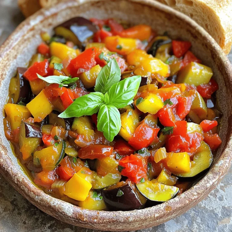 To make classic French ratatouille, you need fresh, colorful vegetables. Here are the main ingredients: - 1 medium eggplant, diced - 1 medium zucchini, sliced - 1 bell pepper (red or yellow), chopped - 1 onion, diced - 2 cloves garlic, minced - 2 cups ripe tomatoes, chopped (or 1 can of diced tomatoes) - 1 tablespoon tomato paste - 1 teaspoon dried thyme - 1 teaspoon dried basil - 1 teaspoon salt - 1/2 teaspoon black pepper - 3 tablespoons olive oil - Fresh basil leaves for garnish These veggies bring great flavor and texture. Eggplant gives a rich taste, while zucchini adds a nice crunch. Tomatoes add sweetness and acidity, making everything pop. Herbs are key to great ratatouille. Thyme and basil give it a fragrant touch. - Thyme adds an earthy flavor. It works well with the veggies and brings depth. - Basil gives a fresh, bright taste. It is a classic herb in French cooking. Using fresh herbs can elevate your dish. They can make the meal feel special and vibrant. You can add them near the end of cooking for the best flavor. You can boost the flavor of ratatouille with a few optional ingredients. Here are some ideas: - Red pepper flakes for heat - A splash of balsamic vinegar for tang - Olives for a savory kick Feel free to experiment with these extras. They can add your personal touch and make the dish unique. Ratatouille is all about using what you love! Start by gathering your ingredients. You need fresh vegetables for a bright flavor. Dice the onion and eggplant, slice the zucchini, and chop the bell pepper. Mince the garlic and chop the tomatoes if using fresh ones. Heat olive oil in a large skillet over medium heat. Add the diced onion first. Sauté it for about 3-4 minutes until it turns clear. Then, add minced garlic and cook for one more minute. This step builds a strong base for your dish. Next, stir in the chopped bell pepper. Cook it for another 5 minutes until it softens. Now, add the diced eggplant. Let it cook for about 5 minutes, stirring occasionally. Eggplant will soak up the oil and flavors. Then, add the sliced zucchini. Cook all the veggies together until tender, which takes roughly 5-7 minutes. This layering method helps each vegetable shine in the dish. Once your vegetables are tender, it’s time to add the tomatoes, tomato paste, thyme, basil, salt, and black pepper. Stir everything well to mix the flavors. Reduce heat to low and cover the skillet. Let the ratatouille simmer for about 30 minutes. Stir occasionally to prevent sticking. If you want a thicker texture, uncover the pot for the last 10 minutes. This simmering time allows the flavors to meld beautifully. Taste your dish and adjust seasoning if needed before serving. When making ratatouille, select fresh, ripe vegetables. Look for firm eggplants, bright zucchini, and colorful bell peppers. Fresh tomatoes enhance the dish's flavor. Avoid any vegetables with soft spots. Choose seasonal produce for the best taste. Local farmers' markets often have the freshest options. Do not rush the cooking process. Each vegetable needs time to soften and release its flavors. Avoid overcooking; this can make the dish mushy. Use a large enough pan to allow for even cooking. Do not skip the herbs; they add essential flavor. Taste while cooking to adjust seasoning. For an elegant touch, serve ratatouille in a shallow bowl. Garnish with fresh basil leaves to add color. Pair it with crusty bread for a rustic feel. You can also serve it with a drizzle of olive oil on top. This adds richness and enhances the dish's taste. {{image_2}} Ratatouille is a great dish for adding your favorite veggies. You can swap or add vegetables easily. Here are some ideas: - Mushrooms: Add sliced mushrooms for a rich flavor. - Carrots: Grate or chop carrots for a sweet crunch. - Spinach: Toss in fresh spinach for a pop of green. Feel free to experiment! The best part about ratatouille is that you can make it your own. Just keep the basic cooking method the same. Different regions have their own takes on ratatouille. Here are a few interesting twists: - Italian Style: Use Italian herbs like oregano and parsley. Add olives for a salty kick. - Spanish Version: Mix in bell peppers and saffron. Serve with crusty bread or rice. - Provençal Touch: In Provence, they often add more garlic and use fresh herbs straight from their gardens. These regional styles show how versatile ratatouille can be. Each twist brings a new flavor to the classic dish. You can serve ratatouille in different ways. It works well as both a side dish and a main course. - As a Side Dish: Pair it with grilled meats or fish. The fresh veggies complement the main dish nicely. - As a Main Course: Serve it with bread or pasta. This makes it hearty and filling. How you serve ratatouille really depends on your mood and meal. Enjoy it however you like! After enjoying your ratatouille, let it cool to room temperature. Use an airtight container to store any leftovers. Place the container in the fridge. Leftover ratatouille stays fresh for up to four days. Keep an eye on it. If it changes color or smell, it's best to toss it. For long-term storage, freezing is a great option. First, let the ratatouille cool completely. Then, divide it into portions. Use freezer-safe bags or containers. Remove as much air as possible to prevent freezer burn. You can freeze ratatouille for up to three months. Label the containers with the date for easy tracking. When you're ready to enjoy your ratatouille again, reheating it is easy. You can use the stove or microwave. For the stove, heat it in a pot over medium heat. Stir occasionally until warm. If using a microwave, place it in a bowl and cover. Heat for two to three minutes, stirring halfway through. Always check the temperature before serving. Enjoy it warm with fresh basil on top! Traditional ratatouille has a rich, savory flavor. The mix of eggplant, zucchini, and bell peppers creates a sweet and earthy taste. Fresh herbs like thyme and basil add a fragrant touch. The tomatoes give it a nice acidity that balances the dish. Overall, it's a warm and comforting dish that feels like a hug in a bowl. Yes, you can use other vegetables! Ratatouille is quite flexible. You might try adding mushrooms, carrots, or even squash. Just keep in mind that cooking times may vary. Make sure the veggies are cut to similar sizes for even cooking. Feel free to experiment with your favorites! Homemade ratatouille lasts about 4 to 5 days in the fridge. Store it in an airtight container for the best results. If you want it to last longer, consider freezing it. Frozen ratatouille can keep for up to 3 months. Just thaw it in the fridge before reheating. Ratatouille is a simple yet tasty dish packed with veggies and flavor. We explored key ingredients, cooking steps, and tips to make it great. Remember to use fresh herbs for the best taste. Avoid common mistakes for perfect results. You can customize ratatouille to fit any meal. Store leftovers properly to enjoy later. Ratatouille is more than just a side—it can shine as a main dish. Embrace creativity in your cooking and enjoy this classic dish!