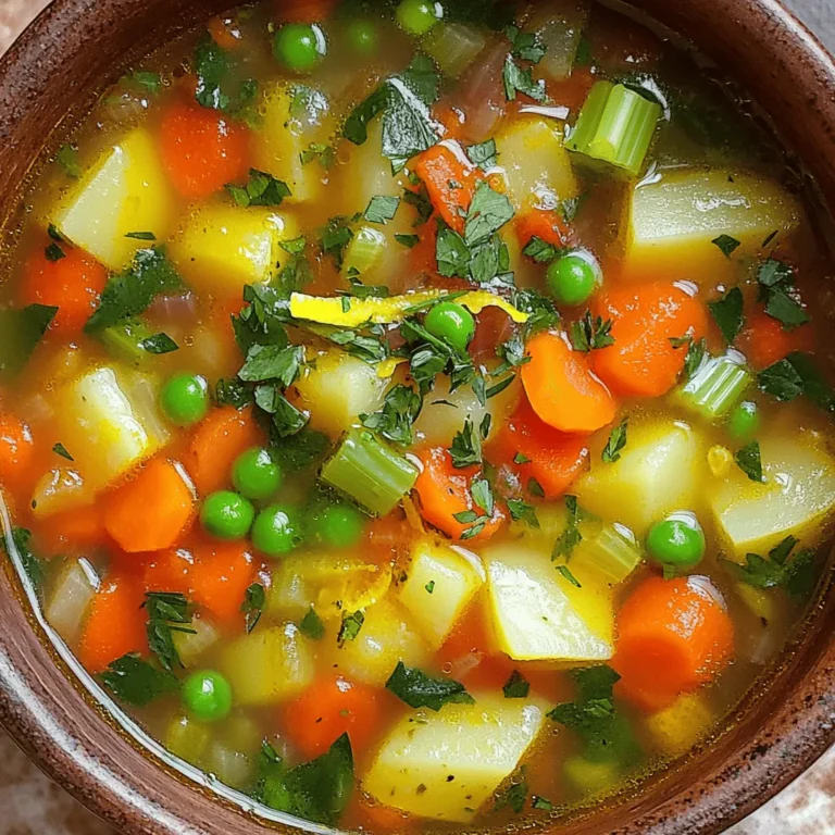 - 1 tablespoon olive oil - 1 large onion, diced - 3 cloves garlic, minced - 2 medium carrots, diced - 2 celery stalks, diced - 1 medium potato, cubed - 1 cup green peas (fresh or frozen) - 6 cups vegetable broth - 1 can (14 ounces) diced tomatoes, with juices - 1 teaspoon dried oregano - 1 teaspoon dried thyme - 1 bay leaf - Salt and pepper to taste - 1 cup cooked pasta (such as ditalini or orzo) - 2 cups fresh spinach or kale, chopped - Zest of 1 lemon - Fresh parsley, chopped for garnish You can add a few ingredients to make this soup even better. Consider these: - A pinch of red pepper flakes for heat. - A squeeze of fresh lemon juice for brightness. - A handful of grated Parmesan for creaminess. - A touch of balsamic vinegar for depth. If you can't find some ingredients, here are some swaps: - Use chicken broth instead of vegetable broth for a richer taste. - Swap the potato for sweet potato for a sweeter flavor. - Zucchini can replace the celery for a different texture. - Use any leafy green if you can't find spinach or kale. These swaps let you play with flavors while keeping the soup comforting. Enjoy the process! Start by gathering all your ingredients. Having everything ready makes cooking easy and fun. Dice the onion, carrots, and celery. Mince the garlic. Cube the potato and chop the spinach or kale. This prep makes a big difference in how smooth your cooking goes. 1. Heat the olive oil: In a large pot, warm the olive oil over medium heat. 2. Add the onions: Toss in the diced onion. Sauté it for about 5 minutes until it turns translucent. 3. Mix in garlic and veggies: Add the minced garlic, diced carrots, and celery. Cook for 3-4 minutes until they soften. 4. Combine remaining ingredients: Add the cubed potato, green peas, vegetable broth, diced tomatoes (with juices), oregano, thyme, and bay leaf. Bring this mix to a boil. 5. Simmer the soup: Lower the heat and let it simmer for 25-30 minutes. Cook until the potatoes are tender. 6. Season the soup: Remove the bay leaf. Season the soup with salt, pepper, and lemon zest. Stir well to mix these flavors. 7. Add pasta and greens: Stir in the cooked pasta and chopped spinach or kale. Cook for another 5 minutes until the greens wilt. 8. Final touch: Adjust the seasoning if needed. Your soup is now ready to serve! Keep an eye on the heat level. Medium heat is best for sautéing. Once you add the broth, bring it to a boil, then lower the heat to simmer. This step keeps the flavors rich. If you find the soup too thick, add a bit more broth or water. Make sure to taste as you cook. Adjusting flavors early helps you create the best soup! To boost the taste of your Italian Penicillin Soup, add a few extra spices. A pinch of red pepper flakes gives heat. Fresh herbs, like basil or thyme, can brighten the soup. You can also use homemade broth instead of store-bought. This change adds depth and richness. A splash of balsamic vinegar at the end can bring all the flavors together. Lastly, don't skip the lemon zest. It adds brightness and freshness to each bowl. To keep your soup thick and hearty, use the right amount of broth. Start with six cups but adjust if needed. If you like it thicker, mash some potato cubes with a fork. This adds creaminess without dairy. If it’s too thick, add a bit more broth or water. Stir well to mix everything evenly. Also, add the pasta towards the end of cooking. This prevents it from getting mushy. Using the right tools makes cooking easier. A large pot is essential for this soup. It allows enough space for all the ingredients to cook evenly. A good knife is also important for dicing vegetables quickly. A wooden spoon works great for stirring. For blending or pureeing, a hand blender can save time. Lastly, measuring cups help ensure you add the right amounts of each ingredient. {{image_2}} You can easily make this soup vegetarian or vegan. The base is already plant-based. Just use vegetable broth, which I always recommend. For extra protein, add beans like white beans or chickpeas. They add texture and keep you full. You can also replace the pasta with quinoa for a hearty twist. If you need a gluten-free option, use gluten-free pasta. There are many types available now. Be sure to check the label and cook it separately. Add it to the soup right before serving. This helps keep the pasta from getting mushy. You can also add rice or lentils as a great substitute. Feel free to swap out any veggies you don’t like. Zucchini or bell peppers work well. You can also change the herbs. Basil or rosemary can add a nice flavor. If you want a bit of spice, add red pepper flakes. For a creamier soup, blend a portion before serving. This creates a rich texture without using dairy. After enjoying your Italian Penicillin Soup, let it cool down. Pour any leftovers into an airtight container. This helps keep the soup fresh and tasty. Store it in the fridge for up to three days. If you want to keep it longer, freezing is a great option. To freeze your soup, use freezer-safe containers. Leave some space at the top. This lets the soup expand when it freezes. It’s best to use the soup within three months for peak flavor. When ready to enjoy, thaw it overnight in the fridge. Reheat it gently on the stove. Stir often and heat until warm. You can also microwave it, but stir it halfway for even heating. The soup lasts up to three days in the fridge and three months in the freezer. For best quality, always check for any changes in smell or texture before eating. If it looks or smells off, it’s best to toss it. Keeping the soup in small portions helps with quick reheating. This way, you can enjoy a warm bowl anytime! Italian Penicillin Soup is full of good ingredients. The broth warms your soul. The garlic helps fight off colds. Carrots and spinach boost your vitamins. Each bite feels comforting and soothing. The soup is a warm hug on a cold day. The lemon zest brightens the flavor and adds freshness. This soup offers heartiness and warmth, making it perfect for recovery. Yes, you can make this soup in a slow cooker! Just follow these steps: - Heat the olive oil in a pan and sauté the onion and garlic. - Add the sautéed onion and garlic to the slow cooker. - Add all the other ingredients, except for the pasta and greens. - Cook on low for 6-8 hours or high for 3-4 hours. - Stir in the cooked pasta and greens for the last 15 minutes. This method will bring out all the flavors slowly and nicely. You can easily change this soup to fit your needs. Here are some ideas: - For gluten-free: Use gluten-free pasta or omit it. - For vegan: Ensure the broth is vegetable-based and skip any dairy. - For low-sodium: Use low-sodium broth and limit added salt. You can also add or swap in your favorite veggies. Adjust the herbs to suit your taste. This soup is flexible and can fit many diets! This blog post explored the key ingredients for Italian Penicillin Soup and how to prepare it step-by-step. I shared tips for enhancing flavor and achieving the right consistency. You can easily adjust the recipe based on dietary needs, such as vegetarian or gluten-free options. Remember to store leftovers properly for the best taste. Enjoy making this comforting soup, and feel free to experiment with your own twists! Your delicious journey with Italian Penicillin Soup starts now.