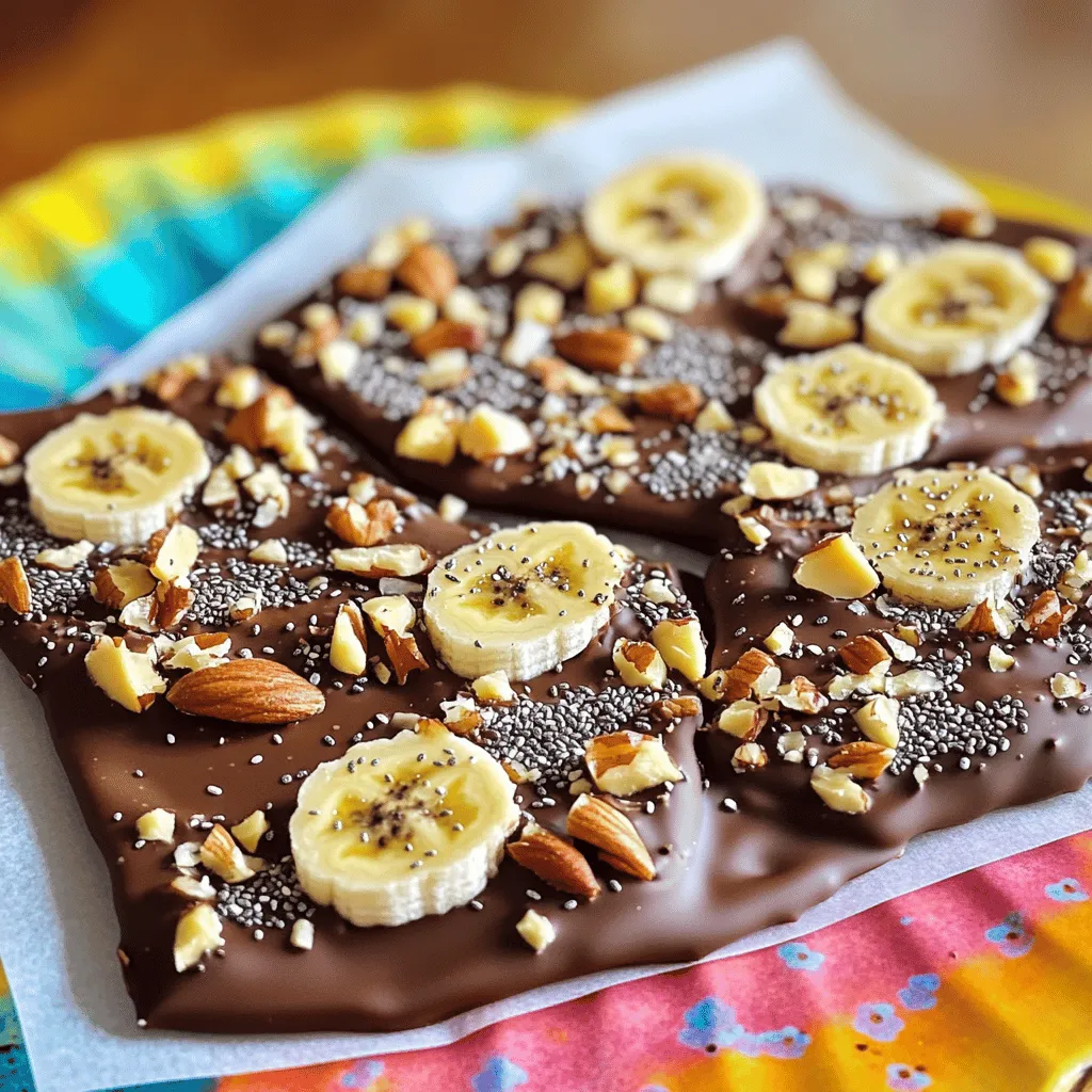 To make Dairy-Free Chocolate Banana Bark, you'll need the following items: - 2 large ripe bananas - 1 cup dairy-free dark chocolate chips - 1 tablespoon coconut oil - ½ cup unsweetened coconut flakes - ¼ cup chopped nuts (e.g., almonds or walnuts) - 2 tablespoons chia seeds - A pinch of sea salt If you don't have an ingredient, try these swaps: - Use any nut butter instead of coconut oil for a creamy twist. - Swap bananas for ripe strawberries or apples for a fresh taste. - Use any type of dairy-free chocolate chips, like semi-sweet or white chocolate. - Replace coconut flakes with crushed graham crackers for a crunchy texture. - Use sunflower seeds if you want a nut-free option. This treat is a great mix of flavors and nutrients. Each serving has about: - Calories: 180 - Protein: 3g - Carbohydrates: 25g - Dietary Fiber: 4g - Sugars: 10g - Fats: 8g - Saturated Fat: 6g Packed with healthy fats, fiber, and natural sugars, this bark is a tasty snack. Enjoy it as a treat or a quick energy boost! 1. Start by lining a baking sheet with parchment paper. This keeps the bark from sticking. 2. Next, slice the two large ripe bananas into thin rounds. Set these aside for later. 1. Take a microwave-safe bowl and add the dairy-free dark chocolate chips and coconut oil. 2. Microwave this mix in 30-second bursts. Stir between each burst until the chocolate is smooth. 1. Once the chocolate is ready, pour it onto the parchment-lined baking sheet. Spread it out evenly into a rectangle. 2. Gently place the banana slices on top of the melted chocolate. Press them down just a bit. 3. Now, sprinkle the coconut flakes, chopped nuts, chia seeds, and a pinch of sea salt over the top. 4. Finally, put the baking sheet in the freezer. Wait for about 1-2 hours until the chocolate is firm. 5. When it’s set, break or cut the bark into pieces and enjoy! To melt chocolate, use a microwave-safe bowl. Add the dairy-free dark chocolate chips and coconut oil. Microwave in short bursts of 30 seconds. Stir after each burst to keep the heat even. This helps avoid burning the chocolate. When it is smooth and shiny, it is ready. Remember, patience is key here! Use ripe bananas for the best flavor. Slice them into thin rounds, about a quarter inch thick. Thin slices help the bananas fit well in the bark. Use a sharp knife for clean cuts. If the bananas are too thick, they may not blend well with the chocolate. Place the slices on a plate and set them aside for later. Once your bark is ready, cut it into pieces. Store the pieces in an airtight container. Keep them in the fridge to stay fresh. If you want to store them longer, you can freeze the bark. Just wrap it well in plastic wrap before placing it in a freezer bag. This keeps it tasty for weeks! {{image_2}} You can get creative by adding different nuts and seeds. Try using cashews, pecans, or pistachios. Each nut gives a unique taste and crunch. For seeds, consider pumpkin or sunflower seeds. They add a nice texture and boost nutrition. Mix and match to find your favorite combo! You can flavor your chocolate bark in fun ways. Add a dash of cinnamon for warmth. A hint of vanilla extract brings a lovely aroma. For a fruity twist, sprinkle some freeze-dried berries on top. These flavors make each bite interesting and delicious! If you want to cut sugar, use alternative sweeteners. Maple syrup or agave nectar can replace sugar. They add sweetness without being too heavy. You can also try a sugar-free chocolate option. This keeps your bark tasty and friendly for different diets. To keep your chocolate banana bark fresh, store it in an airtight container. Use parchment paper between layers to avoid sticking. This will help maintain the bark's texture and flavor. Place the container in a cool, dry place. Avoid direct sunlight and heat, as they can cause the chocolate to melt. When stored properly, your chocolate banana bark lasts about one week at room temperature. If you want it to last longer, freeze it. Wrap each piece in plastic wrap or foil before placing it in a freezer-safe bag. This helps prevent freezer burn. The bark can stay fresh for up to three months in the freezer. To thaw frozen chocolate banana bark, simply take it out of the freezer. Let it sit at room temperature for about 15 to 20 minutes. This will make it easier to bite into. Do not use a microwave to thaw it, as this can alter its texture. Enjoy your treat once it’s ready! Yes, you can use different chocolates. Milk chocolate or white chocolate works well, too. Just make sure they are dairy-free if needed. Each type gives a unique taste. Dark chocolate has a rich flavor, while milk chocolate is sweeter. Experiment with what you like best. To make this bark healthier, use less chocolate. You can add more fruits instead. Try dried cranberries or sliced strawberries for added flavor. You might also swap nuts for seeds. This will change the texture and can add protein. Using unsweetened coconut flakes can cut added sugar. Absolutely! This recipe is great for kids. It has fun textures and a sweet taste. You can involve them in making it, too. Let them help slice bananas or sprinkle toppings. It is a fun way to get kids excited about cooking. Plus, it’s a healthy snack they will enjoy. In this blog post, we explored making delicious chocolate banana bark. We covered ingredients, substitutions, and nutritional info to help you get started. The step-by-step instructions made the process easy. We shared tips for melting chocolate and storing your bark. You can mix in nuts, seeds, and flavors for fun twists. Lastly, we discussed storage methods, shelf life, and addressed common questions. Enjoy your tasty treat, and get creative with your chocolate bark!