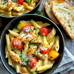 Cooking One-Pot Creamy Cajun Chicken Pasta is easy. Gather these key ingredients for a tasty meal. - Chicken and Seasonings - 2 boneless, skinless chicken breasts, diced - 2 tablespoons Cajun seasoning - 1 tablespoon olive oil - Vegetables - 1 small onion, chopped - 3 garlic cloves, minced - 1 bell pepper (red or yellow), chopped - 1 cup cherry tomatoes, halved - Pasta and Dairy Components - 4 cups chicken broth - 8 ounces penne pasta - 1 cup heavy cream - 1 cup grated Parmesan cheese - Additional Seasoning and Garnish - Salt and pepper to taste - Fresh parsley for garnish Each ingredient plays a role in flavor and texture. The chicken provides protein, while the Cajun seasoning adds a spicy kick. The vegetables bring freshness and color, and the creamy sauce makes the dish rich and satisfying. Don’t forget to add salt and pepper to enhance the overall taste. Fresh parsley adds a nice touch at the end! Start by heating the olive oil in a large pot over medium heat. While the oil heats, season your diced chicken with Cajun seasoning. This spice blend adds a warm kick to the dish. Once the oil shimmers, add the chicken to the pot. Cook it for about 5-7 minutes, turning until it’s browned on all sides. When done, remove the chicken from the pot and set it aside for later. In the same pot, add the chopped onion and bell pepper. Sauté these for 3-4 minutes until they soften. This step builds a tasty base for your pasta. Next, stir in the minced garlic and halved cherry tomatoes. Cook these for an additional 2 minutes until your kitchen smells amazing. The tomatoes will burst and mix with the other flavors. Now it's time to bring it all together. Pour in the chicken broth and bring it to a boil. Once boiling, add the penne pasta, stirring it into the broth. Cover the pot and reduce the heat to a simmer. Cook the pasta for about 10-12 minutes or until it's al dente. After the pasta is cooked, stir in the heavy cream and add the cooked chicken back into the pot. Heat it for another 2 minutes. Finally, mix in the grated Parmesan cheese until it melts and blends into a creamy sauce. Don't forget to season with salt and pepper to taste. To serve, grab some deep bowls. Spoon the creamy Cajun chicken pasta into each bowl. For a pop of color, garnish with chopped parsley and a sprinkle of extra Parmesan cheese. For an added treat, serve this dish with a slice of crusty garlic bread on the side. It’s not just a meal; it’s a delight! To cook pasta just right, follow these steps: - Use a large pot with plenty of water. - Add a generous pinch of salt. This helps flavor the pasta. - Bring the water to a rolling boil before adding the pasta. - Stir the pasta right after you add it. This keeps it from sticking. - Cook until it’s al dente, which means firm to the bite. - Save a cup of pasta water before draining. You can use it later to adjust sauce thickness. If you want to change the spice level, consider these ideas: - Use less Cajun seasoning for a milder dish. - Mix in some cream to tone down the heat. - Add a touch of sugar to balance strong spices. - For more heat, try adding cayenne pepper or red pepper flakes. - Always taste your dish as you go. This helps you find the perfect balance. Here are tools that can make your cooking easier: - A large pot or Dutch oven for cooking the pasta and sauce. - A sharp knife for chopping vegetables and chicken. - A cutting board to keep your workspace tidy. - A measuring cup for accurate liquid measurements. - A wooden spoon or spatula for stirring. - A cheese grater for fresh Parmesan. Using the right tools can make your cooking faster and more fun! {{image_2}} You can easily make this dish vegetarian. Simply swap the chicken for diced mushrooms or zucchini. These veggies add great texture and soak up the Cajun flavors. You can also use firm tofu for added protein. Just make sure to season it well with Cajun seasoning for a punch of flavor. Want to kick up the taste? Consider adding cooked sausage or shrimp. These proteins pair well with the Cajun spice. You can also toss in some spinach or kale for a burst of color and nutrition. Fresh herbs like basil or thyme can enhance the taste even more. While penne works great, feel free to use other pasta shapes. Fusilli or farfalle can add fun shapes to your meal. If you prefer whole grain, try whole wheat penne for a healthier option. For a gluten-free choice, use rice or quinoa pasta. Each type brings its own twist to this creamy dish. To store your creamy Cajun chicken pasta, let it cool first. Transfer the pasta to an airtight container. It will stay fresh in the fridge for up to three days. Make sure to cover it well to keep it from drying out. When you're ready to enjoy the leftovers, use a microwave or a pot. If using a microwave, heat it in short bursts. Stir between each burst to heat evenly. If using a pot, add a splash of chicken broth to keep it creamy. Heat over low until warm, stirring often. You can freeze this dish if you want to save it for later. Place the cooled pasta in a freezer-safe container. Make sure to remove as much air as possible. It will last in the freezer for about two months. To eat, thaw it in the fridge overnight, then reheat. Yes, you can! This dish works well with shrimp or turkey. You can even try sausage for a smoky flavor. Just adjust the cooking time. Cook shrimp until pink, or turkey until browned. If you want a lighter option, use half-and-half. You can also mix milk with cornstarch for thickness. Coconut cream is a great dairy-free choice too. Just remember, these swaps may change the dish's taste. To go gluten-free, choose gluten-free penne pasta. Many brands offer great options. Just check the label to ensure it’s certified gluten-free. The rest of the ingredients are naturally gluten-free. Absolutely! You can make it a day ahead. Just store it in the fridge. When you’re ready to eat, reheat on the stove. Add a splash of broth to keep it creamy. This blog post covered the key ingredients, step-by-step cooking methods, and useful tips for making a delicious dish. It included variations and how to store leftovers. Remember, you can always tweak the recipe to suit your taste. Whether you want it spicy or prefer a vegetarian option, it's all possible. Don't hesitate to experiment with different ingredients and enjoy your cooking journey. With these steps, you can impress anyone at your dinner table.