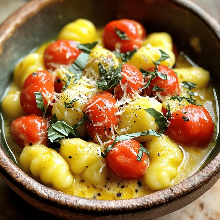 To make the creamy tomato basil gnocchi, gather these key items: - 1 package (16 oz) gnocchi - 2 cups cherry tomatoes, halved - 1 medium onion, diced - 3 cloves garlic, minced - 1 cup vegetable broth - 1 cup heavy cream (or coconut cream for a dairy-free option) - 1 cup fresh basil, chopped - 1 teaspoon dried oregano - 1 tablespoon olive oil - Salt and pepper to taste - Grated Parmesan cheese for serving (optional) These ingredients create a rich and creamy dish filled with flavor. You can personalize this dish by adding: - Spinach or kale for extra greens - Red pepper flakes for a spicy kick - Lemon zest for a fresh twist - Cooked chicken or shrimp for added protein These extras can enhance the meal and make it your own. If you have dietary needs, here are some easy swaps: - Use gluten-free gnocchi for a gluten-free meal. - Coconut cream works well for dairy-free diets. - Swap heavy cream with cashew cream for a lighter option. These substitutions keep the taste while fitting your dietary choices. Gather all your ingredients first. This makes cooking easier. You will need: - 1 package (16 oz) gnocchi - 2 cups cherry tomatoes, halved - 1 medium onion, diced - 3 cloves garlic, minced - 1 cup vegetable broth - 1 cup heavy cream (or coconut cream for a dairy-free option) - 1 cup fresh basil, chopped - 1 teaspoon dried oregano - 1 tablespoon olive oil - Salt and pepper to taste - Grated Parmesan cheese for serving (optional) Now, prepare your workspace. Chop and dice the onion and garlic. Halve the cherry tomatoes. This way, you have everything ready when you start cooking. Heat the olive oil in a large pot over medium heat. Add the diced onion. Sauté for about 3 to 4 minutes until the onion turns soft and clear. Next, add the minced garlic. Cook it for just 1 minute. This will make your kitchen smell great! Now, stir in the halved cherry tomatoes. Cook them for about 5 minutes. You want them to soften and release their juices. After that, pour in the vegetable broth. Bring it to a simmer, which means small bubbles should form. Add the gnocchi to the pot. Stir well to mix everything. Cook the gnocchi according to the package instructions, usually 2 to 3 minutes. Once the gnocchi is soft, lower the heat. Stir in the heavy cream and dried oregano. Mix everything well, and cook for another 2 to 3 minutes. This helps the sauce thicken up nicely. Now it’s time to add the fresh basil. Stir it in gently. Season with salt and pepper to taste. Remove the pot from heat. Serve your creamy tomato basil gnocchi right away. For a special touch, sprinkle grated Parmesan cheese on top if you like. For a beautiful presentation, serve in bowls. Add a few extra basil leaves and a drizzle of olive oil on top. This makes your dish look colorful and appetizing! Enjoy your delightful meal! To make your creamy tomato basil gnocchi extra tasty, use fresh ingredients. Fresh basil brings a bright flavor. Try adding a splash of lemon juice for a tangy twist. A pinch of red pepper flakes will add a nice kick. When you cook the garlic, let it become fragrant but not brown. This keeps the flavor fresh and mild. If your sauce is too thick, add a little vegetable broth. This will loosen it up without losing flavor. In case your sauce tastes bland, add more salt or a dash of vinegar. If the gnocchi sticks together, stir gently but often while cooking. This helps keep them separated and tender. A large pot or Dutch oven is best for this recipe. It allows even cooking and easy stirring. A good chef's knife will help you chop the onion and garlic quickly. Use a wooden spoon to stir the mixture well. For serving, a ladle can help dish out perfect portions. Keep a measuring cup handy for broth and cream to ensure accuracy. {{image_2}} You can easily make this dish vegan. First, swap the heavy cream for coconut cream. This gives a rich flavor without dairy. Use vegetable broth to keep it plant-based. Make sure to check the gnocchi package for any hidden dairy. Many brands offer vegan-friendly options. Want more protein in your meal? Add cooked chickpeas or lentils. They blend well with the sauce and add texture. You can also toss in some sautéed mushrooms or spinach. These not only boost protein but also add depth to the dish. Use seasonal ingredients to change things up. In summer, fresh zucchini or bell peppers work great. In fall, roasted butternut squash adds a sweet touch. You can even replace cherry tomatoes with diced ripe tomatoes in the summer months. This keeps the dish fresh and exciting! To store leftovers, let the gnocchi cool down. Transfer it to an airtight container. Keep it in the fridge. It stays fresh for up to three days. You can also add a little extra cream to keep it moist. Reheat the gnocchi on the stove for the best taste. Use a medium heat and add a splash of broth or cream. Stir gently until it warms through. You can also microwave it in short bursts. Cover it to keep moisture in. To freeze, place the cooled gnocchi in a freezer-safe container. It can last up to three months in the freezer. When ready to eat, thaw overnight in the fridge. Reheat it on the stove or oven. The texture may change slightly, but it will still taste great. You can serve creamy tomato basil gnocchi with a fresh salad. A simple green salad adds crunch and freshness. Garlic bread pairs well too, giving a nice touch of flavor. You could also serve it with grilled chicken or shrimp for extra protein. The rich sauce of the gnocchi complements these sides perfectly. Yes, you can make creamy tomato basil gnocchi ahead of time. Cook it as the recipe says, then cool it down. Store it in an airtight container in the fridge for up to two days. When you are ready to eat, just reheat it on the stove. Add a splash of broth or cream to keep it creamy. Yes, you can make a gluten-free version of creamy tomato basil gnocchi. Look for gluten-free gnocchi made from potato or rice flour. The rest of the recipe stays the same. Use the same fresh ingredients and enjoy a tasty dish that fits your needs. In this post, I shared a detailed guide on making creamy tomato basil gnocchi. We covered essential ingredients, step-by-step cooking, helpful tips, and tasty variations. Remember, you can customize and adjust based on your needs. These easy steps will help you create a delicious meal every time. Explore different options and enjoy your cooking journey. With practice, you'll make this dish a favorite in your home.
