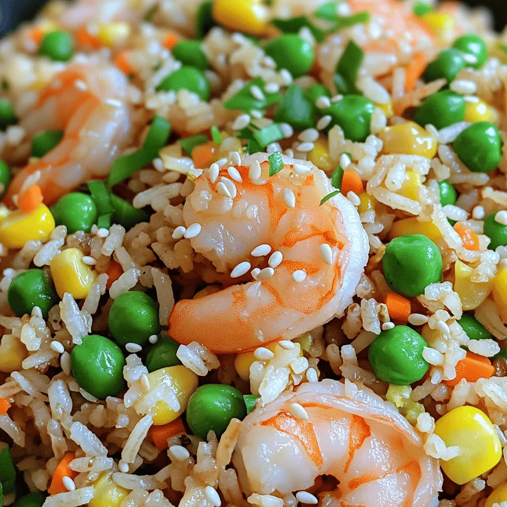 To make Minute Shrimp Fried Rice, you need these key ingredients: - 2 cups cooked jasmine rice (day-old is best) - 1 cup shrimp, peeled and deveined - 1 cup mixed vegetables (peas, carrots, corn) - 2 green onions, chopped - 2 cloves garlic, minced - 2 tablespoons soy sauce - 1 tablespoon sesame oil - 1 tablespoon vegetable oil - 1 teaspoon ginger, grated - Salt and pepper to taste - Optional: sesame seeds for garnish You can swap some ingredients based on what you have. Use brown rice if you want more fiber. Frozen shrimp is fine if you don’t have fresh. You can also replace mixed vegetables with whatever you like, such as bell peppers or broccoli. If you want a gluten-free version, use tamari instead of soy sauce. Pick shrimp that look fresh and have a mild smell. They should be firm, not slimy. If you can, buy shrimp that are wild-caught. They often taste better and are more sustainable. Check for the size; larger shrimp make a great visual impact in your dish. Start by gathering all your ingredients. You need 2 cups of cooked jasmine rice. Day-old rice works best since it is dry and fluffy. Next, take 1 cup of shrimp and make sure they are peeled and deveined. Chop your green onions and any other vegetables you want to use. I like to use a mix of peas, carrots, and corn for color and taste. Heat 1 tablespoon of vegetable oil in a large skillet or wok over medium-high heat. Once the oil is hot, add the shrimp. Stir-fry them for about 2-3 minutes. They will change color and look pink and opaque when done. Remove the shrimp and set them aside. In the same skillet, add another tablespoon of oil. Toss in the minced garlic and grated ginger. Cook this for about 30 seconds, and your kitchen will smell amazing! Now, add the mixed vegetables. Stir-fry them for 3-4 minutes until they are tender-crisp. Time to bring it all together! Add the cooked rice to your skillet. Break up any clumps with a spatula. Then, stir in the cooked shrimp. Mix everything well so that the shrimp and veggies are evenly spread throughout the rice. Now we add some flavor! Pour 2 tablespoons of soy sauce and 1 tablespoon of sesame oil over your rice mixture. Stir everything together to coat all the ingredients. Season with salt and pepper to taste. Let it cook for another 2-3 minutes to let the flavors blend. Finally, add the chopped green onions and give it one last mix. Remove the skillet from heat. If you want, sprinkle some sesame seeds on top for extra crunch and flavor. Serve your Minute Shrimp Fried Rice hot and enjoy! To get great fried rice, use day-old jasmine rice. Fresh rice can be too sticky. Cool the rice completely before using. You can spread it out on a plate to help cool it faster. This way, the grains stay separate when you fry them. Add ginger and garlic for a tasty kick. Sauté them in oil before adding other ingredients. Use soy sauce and sesame oil to bring depth to your dish. Mix them well, so every bite has flavor. Don’t forget fresh green onions; they add a nice crunch and color. Don’t overcrowd the pan. This can steam the rice instead of frying it. Make sure your skillet is hot before adding ingredients. Also, avoid overcooking the shrimp. They should be pink and opaque but not rubbery. Lastly, always taste as you go to balance flavors. {{image_2}} If you want a vegetarian version, skip the shrimp. Use extra vegetables instead. You can try tofu, tempeh, or mushrooms. These options add protein and flavor. You can switch shrimp for chicken, beef, or pork. Just cut the meat into small pieces. Cook it the same way as shrimp. For a quick meal, use cooked rotisserie chicken. You can also use canned tuna for a twist. Feel free to add any vegetables you like. Bell peppers, broccoli, and snap peas work well. Chop them into small pieces for even cooking. This way, you can use up leftovers and add colors to your dish. The more veggies, the better! To keep your Minute Shrimp Fried Rice fresh, store it in an airtight container. Let the dish cool down first, then cover it tightly. This will help keep the flavors and moisture in. You can store it in the fridge for up to three days. If you notice any odd smell or color, it’s best to toss it out. When you want to reheat your fried rice, use a skillet or a microwave. If using a skillet, add a splash of water or oil to keep it moist. Heat it on medium until hot, stirring often. If you prefer the microwave, place the rice in a bowl and cover it with a damp paper towel. Heat for one to two minutes, checking halfway through to stir. You can freeze Minute Shrimp Fried Rice for future meals. Pack the cooled rice in a freezer-safe bag or container. Try to remove as much air as you can to prevent freezer burn. It will stay good for up to three months. To thaw, place it in the fridge overnight before reheating. This keeps the texture better than thawing in the microwave. Yes, you can use fresh shrimp. Just peel and devein them first. Fresh shrimp adds a nice flavor to your dish. Make sure to cook them until they turn pink and opaque. This will take about 2-3 minutes in your skillet. Jasmine rice is the best choice. It has a lovely aroma and a fluffy texture. Day-old rice works even better. This rice is less sticky after cooling. If you don’t have jasmine, long-grain rice is a good alternative. Leftover shrimp fried rice stays good for about 3-4 days in the fridge. Store it in an airtight container to keep it fresh. Always check for any off smells before eating. If it looks or smells strange, it’s best to throw it away. Yes, you can make shrimp fried rice ahead. It’s great for meal prep! Just cook it and let it cool before storing. Keep it in the fridge or freezer. Reheat it well before serving. We covered the key steps to make shrimp fried rice. Remember to choose quality shrimp, cook rice properly, and avoid common mistakes. You can customize the dish to fit your taste or even go vegetarian. Store leftovers well and reheat them properly for another meal. Use this guide to create a delicious shrimp fried rice dish that your friends and family will love. Enjoy your cooking and discover new flavors!