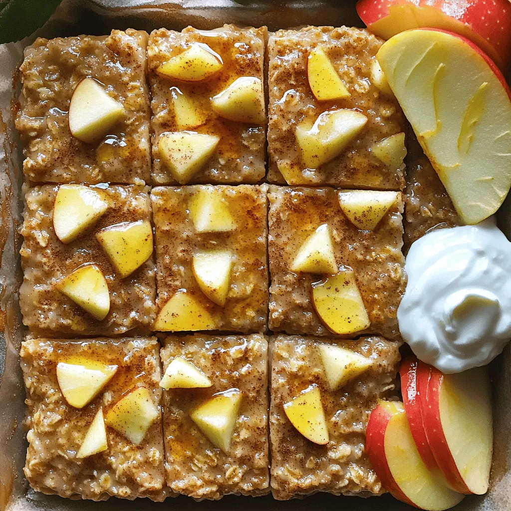 For this Apple Cinnamon Oatmeal Bake, you need the following: - 2 cups rolled oats - 2 cups almond milk (or any milk of choice) - 2 medium apples, peeled and diced - 1/2 cup brown sugar or coconut sugar - 1/4 cup maple syrup - 2 teaspoons cinnamon - 1/2 teaspoon nutmeg - 1/4 teaspoon salt - 1 teaspoon vanilla extract - 1/2 cup raisins (optional) - 1/4 cup chopped walnuts or pecans (optional) - 1 tablespoon baking powder These ingredients work together to create a warm and filling dish. The oats provide a hearty base, while the apples add sweetness and moisture. The spices give it that cozy, cinnamon flavor we all love. You can tweak this recipe to fit your taste. Here are some optional ingredients: - 1/2 cup raisins for added sweetness - 1/4 cup chopped walnuts or pecans for crunch Adding these gives more texture and flavor. If you like a nutty taste, go for the nuts. If you enjoy sweet bites, add the raisins. If you have dietary needs, you can still enjoy this recipe. Here are some easy swaps: - Use oat milk or coconut milk instead of almond milk for dairy-free options. - Swap brown sugar for coconut sugar for a lower glycemic index. - Leave out the nuts to make it nut-free. These substitutions ensure everyone can enjoy this tasty bake. You can adapt the recipe to suit your dietary needs without losing flavor. First, set your oven to 350°F (175°C). Grab a 9x9 inch baking dish and lightly grease it. In a large bowl, mix the rolled oats and almond milk. Add in the brown sugar and maple syrup for sweetness. Sprinkle in the cinnamon, nutmeg, and salt. Finally, stir in the baking powder and vanilla extract. Mix everything well until it's combined. Now, fold in your diced apples and raisins if you want. Make sure they spread out evenly in the mixture. Once your mixture is ready, pour it into your greased baking dish. Smooth the top with a spatula. If you want some extra crunch, sprinkle chopped walnuts or pecans on top. This step adds a nice texture and flavor to your bake. Place your dish in the oven. Bake for 35 to 40 minutes. You want the top to turn golden brown. To check if it’s done, insert a toothpick in the center. If it comes out clean, your bake is ready. Let it cool for a few minutes before slicing it into squares. Enjoy the warm, cozy flavors of your apple cinnamon oatmeal bake! To achieve the best texture, use rolled oats. They absorb liquid well and stay chewy. Avoid instant oats, as they can turn mushy. When mixing, ensure that all oats are coated in the liquid. This helps them cook evenly. Let the mixture sit for a few minutes before baking. This allows oats to soak up moisture and become soft. To boost flavor, use fresh spices. Fresh cinnamon and nutmeg add warmth. You can also add a splash of vanilla extract for depth. For a fruity twist, mix in dried fruits like cranberries or apricots. If you want a nutty taste, use pecans or walnuts. Toasting these nuts before adding can enhance their flavor. Store leftovers in an airtight container. They can last up to five days in the fridge. For longer storage, freeze the bake in squares. Wrap each piece in plastic wrap and place them in a freezer bag. When ready to eat, reheat in the microwave for quick meals. You can also warm it in the oven at 350°F for about 10-15 minutes. {{image_2}} You can change the fruit in this recipe to fit your taste. Try using pears, bananas, or berries. Each fruit adds a new flavor. For example, mashed bananas give a nice sweetness. You can also mix different fruits for a fun twist. Just make sure to use about two cups of fruit in total. Want to make this dish gluten-free? Use certified gluten-free oats. If you want a vegan option, almond milk works great. You can also swap brown sugar for coconut sugar to keep it vegan. This makes it friendly for many diets while still tasting amazing! You can boost the nutrition by adding seeds or nuts. Chia seeds or flaxseed meal work well. They add fiber and healthy fats. You can also throw in some spinach or shredded zucchini for more veggies. Just make sure to adjust the liquid if you add more ingredients. These add-ins keep the dish healthy and flavorful! You can freeze the Apple Cinnamon Oatmeal Bake easily. First, let it cool completely. Cut it into squares. Wrap each square in plastic wrap. Place the wrapped squares in a freezer-safe bag. Make sure to label the bag with the date. It will stay fresh for up to three months in the freezer. To store leftovers, let the bake cool to room temperature. Cover it with plastic wrap or aluminum foil. You can also place it in an airtight container. It will stay good in the fridge for about five days. For a quick breakfast, just reheat it in the microwave for a minute. The bake tastes best when fresh. However, if kept in the fridge, it will last about five days. If you freeze it, you can enjoy it for three months. Always check for any signs of spoilage before eating. If it looks or smells off, it's best to toss it. Yes, you can make this oatmeal bake ahead of time. Prepare the mixture and pour it into the baking dish. Cover it with plastic wrap and store it in the fridge. Bake it the next day for a warm breakfast. This method saves time and keeps your mornings stress-free. If you want to skip nuts, there are many options. You can use seeds like pumpkin or sunflower seeds. You could also add extra raisins or other dried fruit for texture. This will keep the bake tasty without nuts. To boost protein in this oatmeal bake, try adding Greek yogurt to the mixture. You can also mix in protein powder. Another great option is to add cottage cheese. These choices keep the bake creamy and delicious while packing in more protein. This blog post covered key elements for your recipe, from essential ingredients to unique variations. You learned how to prepare, store, and enhance flavors. I also shared tips to achieve perfect texture and nutritious add-ins. Remember, customizing your dish can make it your own. Try different fruit or dietary options based on your needs. Keep these ideas in mind to elevate your cooking. Enjoy experimenting and share your tasty results!