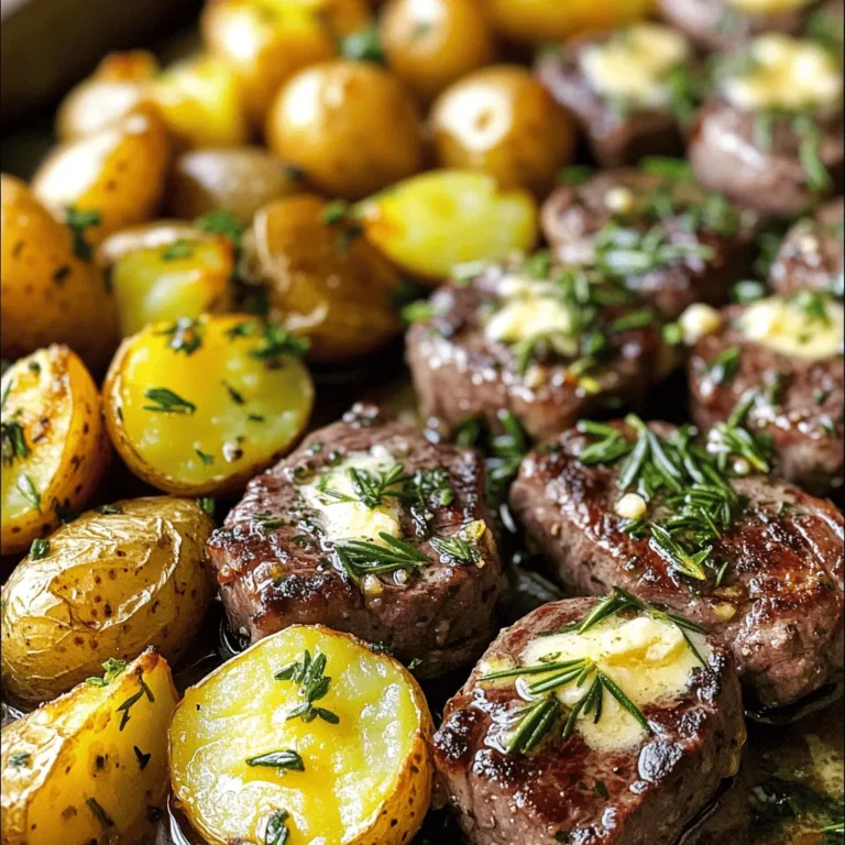 - 1 lb sirloin steak, cut into 1-inch cubes - 1 lb baby potatoes, halved - 4 tablespoons unsalted butter - 4 cloves garlic, minced - 1 teaspoon fresh rosemary, chopped - 1 teaspoon fresh thyme, chopped - Salt and pepper to taste - Olive oil for drizzling - Fresh parsley, chopped (for garnish) - Oven - Skillet - Baking sheet - Mixing bowl Gathering quality ingredients is key for great flavor. Sirloin steak is a perfect choice for tender bites. The baby potatoes add a nice texture and taste. Unsalted butter gives you control over saltiness. Fresh garlic and herbs bring the dish to life. When seasoning, use salt and pepper to enhance the meat and potatoes. A drizzle of olive oil helps the potatoes crisp up nicely. Fresh parsley adds a pop of color and freshness when serving. For equipment, you will need an oven to roast the potatoes, a skillet for the steak, a baking sheet to hold the potatoes, and a mixing bowl to combine the ingredients. Having these tools ready will make cooking easy and fun. Set your oven to 400°F (200°C). Preheating helps your potatoes roast evenly. It ensures that they get crispy and golden. In a large bowl, mix halved baby potatoes with olive oil, salt, and pepper. Toss them well to coat every piece. This step makes sure each potato gets flavor. Spread the coated potatoes on a baking sheet. Make sure they are in a single layer. Roast them for 25-30 minutes. Flip them halfway through for even cooking. This helps achieve that perfect crispiness. While the potatoes are roasting, heat a large skillet over medium-high heat. Add 2 tablespoons of butter to the pan and let it melt. Make sure the butter is hot before adding the steak. Once the steak is browned, lower the heat. Add minced garlic, chopped rosemary, and thyme to the skillet. Stir this mix and let it cook for 1-2 minutes. This step enhances the dish with rich flavors. Remove the skillet from heat and add the remaining 2 tablespoons of butter. Toss the steak bites in the melted butter. This makes them rich and delicious. Serve them alongside your crispy potatoes, garnished with fresh parsley for color. To make the best steak bites, cook them for about 2-3 minutes on each side. This gives you a nice sear while keeping the inside juicy. If you like your steak medium, aim for a little pink in the center. For seasoning, sprinkle salt and pepper on the steak cubes before cooking. You can also mix in some garlic powder for extra flavor. Use baby Yukon Gold or red potatoes for a crispy finish. These potatoes have a great texture when roasted. To get them extra crispy, coat them well with olive oil. Spread the potatoes on the baking sheet so they don’t touch. This helps them brown evenly. Don’t forget to flip them halfway through to ensure all sides get crispy. If you don’t have sirloin, you can use ribeye or flank steak. Both cuts work well and taste great. For herbs, try using oregano or basil if you want a different flavor. Fresh herbs add a nice touch to the dish. You can also add veggies like bell peppers for more color and taste. {{image_2}} Adding bell peppers or onions can enhance your dish. These veggies bring more texture and flavor. Cut them into bite-sized pieces. Toss them in with the steak bites near the end of cooking. This way, they soften but still keep some crunch. You’ll love the colorful plate and the added nutrients. For a kick, try incorporating red pepper flakes. Just a pinch can make a big difference. Add the flakes when you add the garlic. This gives the dish a nice heat without overpowering the steak. Adjust the amount to your taste. You can always add more if you want it spicier. Cooking all ingredients together saves time and cleanup. Start with the potatoes in the oven. After about 15 minutes, add the steak bites to the same baking sheet. Make sure to stir them halfway through. This method allows the flavors to blend beautifully. Plus, you get a great crispy texture on everything. After you enjoy your meal, you can store leftovers for later. First, let the steak bites and potatoes cool down to room temperature. Then, place them in an airtight container. This keeps air out and prevents moisture loss. You can refrigerate them for up to three days. Make sure to separate the steak and potatoes if you want them fresh longer. To reheat your leftovers, use the oven or a skillet. If you choose the oven, preheat it to 350°F (175°C). Place the steak bites and potatoes on a baking sheet. Heat for about 10-15 minutes, until warm. If using a skillet, add a bit of butter over medium heat. Cook for about 5 minutes, stirring gently. This helps keep the texture and flavor intact. If you want to store your meal longer, you can freeze it. First, let the dish cool completely. Next, place the steak bites and potatoes in a freezer-safe container. Seal it well to avoid freezer burn. You can freeze them for up to three months. When you're ready to eat, move the container to the fridge overnight to thaw. Then reheat as mentioned above. This way, you get to enjoy your garlic butter steak bites and potatoes again! Cooking steak bites takes about 10 to 15 minutes. The time varies by doneness. For rare, cook for about 2-3 minutes per side. For medium, aim for 3-4 minutes per side. Well-done requires about 4-5 minutes a side. Always check the center for your preferred doneness! Yes, you can! If you can't find baby potatoes, try Yukon Gold or red potatoes. These types will still give you a nice crispy texture. You can also use sweet potatoes for a twist. Just cut them into even pieces for even cooking. I love serving these with a fresh salad or steamed veggies. Grilled asparagus or green beans pair well. You can also add some crusty bread to soak up the garlic butter. It makes for a complete meal that feels fancy yet simple. Absolutely! To make it low-carb, skip the potatoes. Instead, serve the steak bites with sautéed zucchini or cauliflower rice. You can make a tasty side dish with these veggies. They will still give you a filling, satisfying meal without the carbs. In this blog post, we explored how to make garlic butter steak bites. We covered the main ingredients, proper seasoning, and necessary equipment. You learned step-by-step instructions, useful tips, and variations to try. Remember, the key to success is using fresh ingredients and cooking with care. Enjoy experimenting with this recipe and making it your own. Cooking should be fun, so don’t hesitate to add your favorite flavors or sides!