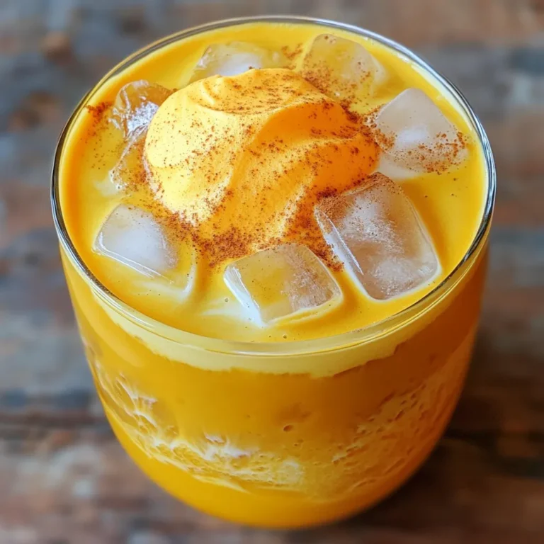 - 1 cup freshly brewed coffee, cooled - 1/2 cup milk (or non-dairy alternative) - 1/4 cup pumpkin puree - 2 tablespoons maple syrup - 1 teaspoon vanilla extract - 1/2 teaspoon pumpkin pie spice - Additional sweeteners and flavorings - Dairy-free options - Blender - Glass for serving - Coffee maker To make the Pumpkin Cream Cold Foam Iced Coffee, you'll need simple ingredients. Start with one cup of freshly brewed coffee. Make sure it’s cooled down to room temperature. If you want, brew it the night before and chill it in the fridge. Next, grab half a cup of milk. You can choose regular milk or a non-dairy alternative like almond or oat milk. This choice changes the flavor, so try both! You will also need a quarter cup of pumpkin puree. This gives that rich pumpkin taste. Then, add two tablespoons of maple syrup for sweetness. You may adjust this to your taste. Don't forget one teaspoon of vanilla extract. This adds a nice base flavor. Lastly, use half a teaspoon of pumpkin pie spice. This spice mix brings all the flavors together. For some fun, you can add more sweeteners if you like. Also, feel free to use dairy-free options to suit your needs. Gather your tools! You need a blender to mix everything smoothly. A glass for serving is important too. Finally, make sure you have a coffee maker to brew that perfect cup of coffee. Brew your coffee and let it cool. I like to brew it fresh and then let it sit for about 10 minutes. You can also brew it the night before. Just place it in the fridge. This way, it’s ready to go in the morning. If you want a different method, try using a French press. It gives a rich flavor that pairs well with pumpkin. In a blender, mix these ingredients: - 1/2 cup milk (or non-dairy alternative) - 1/4 cup pumpkin puree - 2 tablespoons maple syrup - 1 teaspoon vanilla extract - 1/2 teaspoon pumpkin pie spice Blend on high until smooth and creamy. This step is key for the right texture. For extra creaminess, use whole milk or cream. If you want it vegan, almond or oat milk works great. Grab a glass and fill it with ice cubes. Pour your cooled coffee over the ice, filling it about three-quarters full. Then, carefully pour the pumpkin cream on top. This creates a lovely layered look. If you stir it, the colors mix, but I love the look of the layers. Finally, sprinkle a pinch of pumpkin pie spice on top for extra flair. Now, you have a stunning Pumpkin Cream Cold Foam Iced Coffee! You can easily change the sweetness of your drink. Start with the maple syrup. Add more if you like it sweeter. You can also try honey or agave syrup for a different flavor. For flavor variations, you can mix in spices. Try adding cinnamon or nutmeg to your pumpkin cream. A dash of cocoa powder can also add a nice twist. If you want to use a milk alternative, consider almond milk or oat milk. Each type of milk gives a unique taste. Almond milk will be nutty, while oat milk adds creaminess. Enjoy your iced coffee on a warm afternoon. It’s perfect for brunch or a quick morning pick-me-up. Pair your drink with a slice of pumpkin bread or a muffin. The flavors complement each other well. You can also serve it with a light salad for a refreshing meal. Be careful not to over-blend the pumpkin cream. If you blend it too long, it can become too thin. You want it to be smooth and thick. Always cool your coffee before adding the pumpkin cream. If the coffee is too hot, it will melt the foam. Let it sit for a bit or chill it in the fridge. {{image_2}} You can add fun spices to your pumpkin cream. Try using cinnamon or nutmeg for a cozy twist. These spices blend well with pumpkin and coffee. You can also experiment with seasonal fruits like apples or pears. Their sweetness adds a fresh touch to your drink. Each variation brings a new flavor, making your iced coffee unique every time. If you want a smoother taste, consider using cold brew instead of regular coffee. Cold brew is less bitter and offers a gentle flavor. You can also switch up the coffee beans you use. Try a light roast for fruity notes or a dark roast for rich flavors. Each bean type will change your drink's character. For a dairy-free version, explore non-dairy milk like almond, oat, or coconut. Each option adds its own flavor and texture. If you want to make it vegan, use maple syrup or agave nectar as sweeteners. These natural options keep your drink sweet without any animal products. Adjust the sweetness to fit your taste. Enjoy your pumpkin cream cold foam without any worries! To keep your pumpkin cream fresh, store it in an airtight container. This helps protect it from air and odors. Use it within three days for the best taste. If you see any change in color or smell, it's best to toss it. You can refrigerate pumpkin puree mixtures for about five to seven days. Keep it in a sealed jar or container. Label it with the date so you know when to use it. For brewed coffee, let it cool down first. Then, pour it into a clean container. A glass jar works well. Store it in the fridge for up to a week. When reheating coffee, use a microwave or a stovetop. Heat it gently so it doesn’t taste burnt. If you need to add more flavor, a splash of milk can help. Yes, you can freeze the pumpkin cream. Pour it into an ice cube tray for easy use later. Once frozen, transfer the cubes to a freezer bag. Use within three months for best flavor. To freeze coffee and cream mixtures, blend them well first. Pour into a freezer-safe container and seal it tightly. When ready to use, thaw overnight in the fridge. Pumpkin Cream Cold Foam is a tasty iced coffee drink. It has layers of cold coffee and creamy pumpkin foam. This drink comes from the rise of pumpkin flavors in fall. People love it for its rich taste and festive feel. To make your drink sweeter, you can add more maple syrup. Start with the two tablespoons from the recipe. If you want it sweeter, add one more tablespoon at a time. You can also try other sweeteners like: - Honey - Agave syrup - Brown sugar Mix well to see how sweet it gets. Yes, you can easily make a larger batch! Just multiply each ingredient by the number of servings you want. For example, if you want to serve four people, use: - 4 cups coffee - 2 cups milk - 1 cup pumpkin puree - 8 tablespoons maple syrup - 4 teaspoons vanilla extract - 2 teaspoons pumpkin pie spice Blend everything together as before. This way, you can share your delicious drink with friends! This blog post shared how to create the perfect Pumpkin Cream Cold Foam Iced Coffee. From selecting fresh ingredients to blending them into a creamy treat, you now have the steps to make it delicious. Remember to customize flavors and avoid common mistakes, like over-blending. Whether you enjoy it on a warm day or as a seasonal treat, this drink brings joy. Enjoy sharing this recipe with friends and family for a delightful experience!