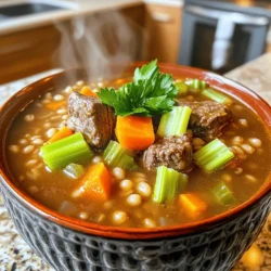 - 1 pound beef chuck, cut into 1-inch cubes - 1 cup barley (pearl or hulled), rinsed - 4 cups beef broth (low sodium recommended) - 2 cups water The main ingredients are key for a tasty soup. I love using beef chuck because it becomes very tender after slow cooking. Barley adds a hearty texture. The beef broth gives depth, while the water helps balance the flavors. - 1 medium onion, diced - 2 cloves garlic, minced - 2 carrots, sliced - 2 celery stalks, diced Fresh vegetables make the soup bright and flavorful. The onion and garlic create a base for rich flavor. Carrots and celery add sweetness and crunch. Using fresh ingredients makes a big difference in taste. - 1 bay leaf - 1 teaspoon dried thyme - 1 teaspoon dried rosemary - Salt and pepper to taste - 1 tablespoon olive oil Seasonings bring everything together. A bay leaf adds earthy notes. Thyme and rosemary give the soup a warm aroma. Salt and pepper enhance all the flavors. Olive oil helps brown the beef and adds richness. - Browning the beef: Start by heating one tablespoon of olive oil in a large skillet over medium heat. Once hot, add one pound of beef chuck cut into 1-inch cubes. Brown the beef on all sides for about five to seven minutes. This step adds rich flavor. - Transferring to the slow cooker: After the beef is browned, transfer it straight to the slow cooker. This keeps all those tasty juices. - Adding vegetables: Next, add one diced medium onion, two minced garlic cloves, two sliced carrots, and two diced celery stalks to the slow cooker. These veggies bring freshness and flavor to the soup. - Pouring in liquids: Pour in four cups of low-sodium beef broth and two cups of water. Then, add one cup of rinsed barley. This gives the soup body and a nice texture. - Seasoning and stirring: Season the mixture with one teaspoon of dried thyme, one teaspoon of dried rosemary, salt, and pepper to taste. Toss in one bay leaf. Stir everything well to mix the flavors. - Cooking time on low or high heat: Cover the slow cooker and set it to low heat for eight hours or high heat for four hours. The beef should be tender and the barley cooked through by the end. This method ensures every bite is full of flavor. Enjoy the process and the wonderful aroma that fills your kitchen! To make your soup shine, adjust the spices. You can add more thyme or rosemary for extra depth. If you like heat, a dash of red pepper flakes can spice things up. Always taste and tweak as you go. When cooking, browning the beef is key. It adds a rich flavor. Use a hot skillet with olive oil for good browning. Don't crowd the pan. This lets the beef sear well without steaming. Garnishes can elevate your soup. Fresh parsley adds a pop of color and freshness. You can also sprinkle some grated cheese on top for richness. A dollop of sour cream or yogurt adds creaminess. For sides, think about crusty bread or a simple salad. Both pair well with this hearty soup. You can also serve it with a side of roasted vegetables for added flavor. Prepping your ingredients ahead helps a lot. Chop your veggies the night before. Store them in the fridge until you’re ready to cook. This makes the process smoother and faster. Using pre-cut vegetables can also save time. Many stores sell fresh, pre-cut onion, carrots, and celery. Grab these to skip some prep work. This way, you can enjoy your soup sooner! {{image_2}} You can change the cut of beef to fit your taste. Beef chuck works great, but you can also use brisket or round. These cuts can make the soup taste unique. If you want to switch out barley, try using farro or quinoa. These grains give a different texture and flavor. They also add a nice twist to this classic dish. For a gluten-free soup, use gluten-free grains like rice or millet. This way, everyone can enjoy the meal. Just make sure to check the beef broth for gluten. If you want a vegetarian version, skip the beef. Use vegetable broth and add more veggies like mushrooms or potatoes. This will keep the soup hearty and tasty. Want to boost the flavor? Adding a splash of red wine can deepen the taste. Just pour it in with the broth. You can also add diced tomatoes for a fresh twist. Herbs can change the whole vibe of the soup. Try adding fresh parsley, basil, or even a little oregano. These herbs add brightness and aroma. Experiment with what you like best! After cooking, let your beef barley soup cool. This helps keep it safe. Store the soup in a clean, airtight container. Glass or plastic containers work best. You can use smaller containers for easy meals later. Make sure to refrigerate within two hours after cooking. This keeps the soup fresh. To freeze your soup, first let it cool completely. Pour it into freezer-safe bags or containers. Leave some space at the top. This allows for expansion when it freezes. When you want to eat it, take it out of the freezer. Place it in the fridge overnight to thaw. For quick thawing, use the microwave. Heat on low until warm. Your soup lasts about three to four days in the fridge. Look out for signs of spoilage. If the soup smells off or has strange colors, it’s best to toss it. Freezing extends its life to about three months. Always check for texture changes or off smells before eating. To make your soup heartier, add more vegetables like potatoes, peas, or corn. You can also stir in some cooked beans or lentils. These extras boost nutrition and flavor. For a thicker texture, consider adding a splash of cream or a dollop of sour cream before serving. If you want a protein punch, try adding cooked sausage or shredded chicken. Each addition can change the taste and feel, making it your own. Yes, you can use quick-cooking barley. But you should adjust the cooking time. Instead of cooking for 8 hours on low or 4 hours on high, check your soup after 2 to 3 hours. Quick-cooking barley takes less time to soften. Just remember to keep an eye on it, so it doesn’t turn mushy. You want it tender but still with a little bite. Beef barley soup pairs well with many sides. Try crusty bread or warm rolls for dipping. A fresh salad with greens, tomatoes, and a light dressing complements the soup nicely. For something heartier, serve it with a side of mashed potatoes or roasted vegetables. You can also enjoy it with cheese and crackers for a casual touch. Each option will enhance your meal and make it even more satisfying. In this article, we explored how to make flavorful Slow Cooker Beef Barley Soup. We discussed ingredients, step-by-step instructions, tips, variations, and storage methods. You now have the tools to create a delicious meal. Don't forget to adjust spices and try different beef cuts for unique flavors. Whether you enjoy it as a warm dinner or lunch, this soup is comforting and satisfying. Enjoy the cooking process, and remember, your creativity can make each bowl special.