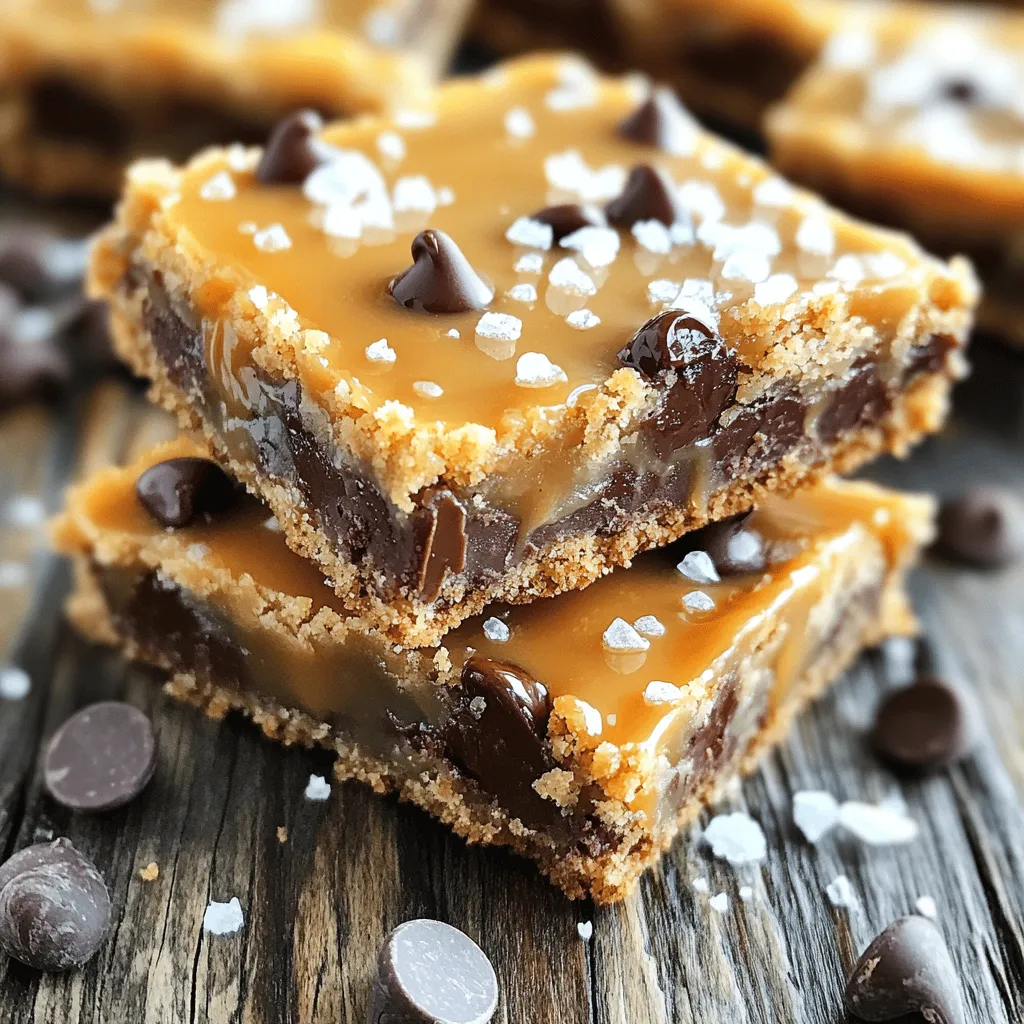 - 1 cup unsalted butter, softened - 1 cup brown sugar, packed - 1/2 cup granulated sugar - 2 large eggs - 2 teaspoons vanilla extract - 3 cups all-purpose flour - 1 teaspoon baking soda - 1/2 teaspoon salt - 1 cup chocolate chips (semi-sweet or dark) - 1 cup salted caramel sauce (store-bought or homemade) - Flaky sea salt for topping In this recipe, I use common ingredients. If you want to swap some, here are ideas: - Use coconut oil instead of butter. - For sugar, try coconut sugar for a different taste. - You can use egg replacers if you want a vegan option. - Use gluten-free flour if you need a gluten-free version. To make your own salted caramel, gather these items: - 1 cup granulated sugar - 6 tablespoons unsalted butter - 1/2 cup heavy cream - 1 teaspoon flaky sea salt To make the caramel: 1. In a pan, heat sugar on medium. 2. Stir until it melts and turns amber. 3. Add butter and stir until melted. 4. Slowly pour in heavy cream and mix well. 5. Add salt and let it cool. This caramel is sweet, rich, and adds the perfect touch to your bars! To start, preheat your oven to 350°F (175°C). This ensures even baking. Next, grab a 9x13-inch baking pan. Grease it lightly with butter. Then, line it with parchment paper. Leave some paper hanging over the edges. This makes it easy to lift the bars out later. In a large bowl, add 1 cup of softened butter. Then, add 1 cup of packed brown sugar and 1/2 cup of granulated sugar. Use an electric mixer to cream them together. Mix until fluffy, about 2-3 minutes. Next, add 2 large eggs one by one. Mix well after each egg. Finally, stir in 2 teaspoons of vanilla extract. In another bowl, whisk together 3 cups of all-purpose flour, 1 teaspoon of baking soda, and 1/2 teaspoon of salt. Gradually add this mix to the wet ingredients. Stir until just combined. Don’t overmix! Gently fold in 1 cup of chocolate chips, making sure they spread evenly through the dough. Take half of the dough and spread it into your prepared pan. Press it down evenly. Next, drizzle half of your salted caramel sauce over the dough. Spoon dollops of the remaining dough over the caramel layer. Use a spatula to spread it gently. It’s okay if some caramel shows through. Finally, drizzle the rest of the salted caramel on top and sprinkle with flaky sea salt. Place the pan in your preheated oven. Bake for 25-30 minutes. Look for golden brown edges. When done, a toothpick should come out with a few moist crumbs. Allow the bars to cool in the pan for about 15 minutes. Carefully lift them out using the parchment paper overhang. Place them on a wire rack to cool completely. Once cool, cut into squares and enjoy! To get soft and chewy bars, use room temperature butter. Cream the butter and sugars well. This helps make the bars light. Do not overmix the dough after adding the flour. Just mix until combined. The dough should stay thick and slightly sticky. Baking time matters, too. Keep an eye on the edges. They should look golden. The center may seem underbaked, but it firms up as it cools. If you have extra bars, store them in an airtight container. This keeps them fresh and soft. You can layer parchment paper between the bars to avoid sticking. Keep them at room temperature for up to three days. If you want to save them longer, place them in the fridge. They'll stay good for about a week. Just let them come to room temp before eating for the best taste. You can make the dough ahead of time. Just wrap it tightly in plastic wrap and freeze. When ready, thaw it overnight in the fridge. You can also bake the bars, then freeze them. Cut them into squares and place them in freezer bags. They can last for up to three months. To enjoy, thaw them in the fridge or at room temperature. Reheat them in the microwave for a few seconds if you like them warm. {{image_2}} You can easily adjust this recipe. If you need it dairy-free, swap the butter for a plant-based option. Use coconut oil or vegan butter. You can also use a dairy-free chocolate chip. For gluten-free bars, replace all-purpose flour with a gluten-free blend. Make sure it has xanthan gum for the right texture. If you're watching your sugar, try coconut sugar instead of brown and granulated sugar. Want to mix things up? Add nuts like walnuts or pecans for a nice crunch. You can also sprinkle in some cinnamon or espresso powder for a warm flavor boost. If you love fruit, try adding dried cherries or cranberries. Swap out the chocolate chips for white chocolate or butterscotch chips. Think about adding a hint of orange zest for a fresh twist. These bars are great on their own, but they shine with some extra touches. Serve them warm with a scoop of vanilla ice cream. Drizzle extra salted caramel sauce on top for a real treat. You can also pair these bars with a cup of coffee or tea. For a fun twist, serve them with a glass of cold milk. They make a great snack or dessert for any gathering. To keep your salted caramel chocolate chip bars fresh, store them in an airtight container. This keeps moisture in and prevents them from drying out. You can also place parchment paper between layers to avoid sticking. If you want extra protection, wrap the container in plastic wrap. These delicious bars can last up to one week at room temperature. For longer storage, place them in the fridge. They stay good for about two weeks when chilled. Frozen bars can last for about three months. Just make sure to wrap them tightly to avoid freezer burn. To enjoy these bars warm, preheat your oven to 350°F (175°C). Place the bars on a baking sheet and heat for about 5-7 minutes. You can also use a microwave. Heat them for about 10-15 seconds. If you want that gooey caramel to shine, cover them with a damp paper towel while microwaving. Enjoy the soft, warm treat! Yes, you can skip the chocolate chips. The bars will still taste great. You might add dried fruit or coconut instead. These swaps will keep the texture nice. You could also use white chocolate for a different flavor. Just remember, the bars may taste sweeter without dark chocolate. To make salted caramel, start with sugar. Heat 1 cup of sugar in a pot over medium heat. Stir until it melts and turns golden. Then add 1/2 cup of heavy cream slowly. Be careful, as it can bubble up. Stir in a pinch of sea salt after removing from heat. Let it cool before using. To cut the bars nicely, let them cool completely. Use a sharp knife for clean edges. If you want, you can lightly score the top before cutting. This helps guide your cuts. Also, wipe the knife with a damp cloth between slices. This keeps the cuts neat. Yes, you can use different nuts! Pecans or walnuts work well in these bars. Chop them coarsely and fold them into the dough. You can even skip the nuts if you prefer. Just keep in mind, the bars will be softer without them. This blog post covered how to make delicious homemade salted caramel bars. You learned about all the ingredients and how to mix, bake, and cut them. Our tips helped you achieve the best texture and store your treats. You also discovered fun variations to suit different tastes. Enjoying these bars is easy. You can share them with friends or keep them for yourself. With these steps, you can create a tasty treat that everyone will love. Happy baking!