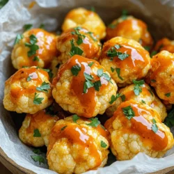 - 1 large head of cauliflower, cut into bite-sized florets - 1 cup all-purpose flour (or gluten-free flour) - 1 teaspoon garlic powder - 1 teaspoon onion powder - 1 teaspoon smoked paprika - 1/2 teaspoon salt - 1/2 teaspoon black pepper - 1 cup water (or plant-based milk for a richer flavor) - 1/2 cup buffalo sauce (adjust to taste) - 1 tablespoon olive oil The main star of this dish is the cauliflower. It absorbs flavors well and becomes crispy in the air fryer. The flour creates a good base for the batter. Garlic powder and onion powder add depth, while smoked paprika gives a nice smoky touch. Salt and black pepper balance the flavors. You can use water or plant-based milk as part of the batter. The buffalo sauce adds that spicy kick we all love. - Fresh parsley, chopped for garnish - Dressings for serving Fresh parsley adds a pop of green and freshness. It also brightens up the dish visually. Pair these bites with ranch or blue cheese dressing for a creamy contrast. This combination enhances the flavors and makes each bite even better. To start, take one large head of cauliflower. Cut it into bite-sized florets. In a large bowl, add the cauliflower florets. Drizzle one tablespoon of olive oil over them. Toss the florets well to coat them with the oil. This step helps the batter stick better to the cauliflower. Next, it’s time to create the batter. In a separate bowl, mix one cup of all-purpose flour. Add one teaspoon of garlic powder, one teaspoon of onion powder, one teaspoon of smoked paprika, half a teaspoon of salt, and half a teaspoon of black pepper. Whisk these dry ingredients together. Gradually pour in one cup of water or plant-based milk. Keep whisking until the batter is smooth. It should be thick but pourable. Now, let’s coat the cauliflower. Dip each floret into the batter. Make sure the batter covers each piece well. Let any excess drip off before moving to the air fryer basket. Before air frying, preheat your air fryer to 375°F (190°C). Let it heat for about five minutes. This step ensures your cauliflower bites cook evenly. After preheating, place the coated florets in a single layer in the basket. You may need to work in batches. Cook them for 15 minutes. Halfway through, shake the basket to help them cook evenly. Once the florets are golden brown and crispy, transfer them to a large bowl. Drizzle half a cup of buffalo sauce over the cauliflower. Toss them gently to coat all the pieces evenly. This step adds the classic buffalo flavor we love. For an extra crisp, return the sauced cauliflower to the air fryer. Cook them for an additional five minutes at the same temperature. This final air frying step really enhances the crunchiness. Enjoy your delicious Air Fryer Buffalo Cauliflower Bites! To get the best texture, start with your batter. The batter should be thick but smooth. It needs to coat the florets well. If it’s too thin, the bites won’t have a crispy outside. If it’s too thick, it will be doughy. Aim for a nice balance. When cooking, use the shaking basket technique. Halfway through cooking, gently shake the basket. This helps the bites cook evenly. It also allows air to flow around each piece. The result? Perfectly crispy cauliflower bites every time. Want to spice things up? Adjust the spice level to suit your taste. You can add more buffalo sauce if you like heat. Or, mix in some cayenne pepper for an extra kick. If you want a milder flavor, reduce the buffalo sauce. You can also try different sauces. BBQ sauce works well for a sweet twist. Or, try a garlic aioli for a creamy option. The choice is yours, and it can change the whole dish! Presentation is key for any dish. Serve your buffalo cauliflower bites in a large bowl. Line it with parchment paper for a rustic touch. Sprinkle some chopped parsley on top for color. Pair these bites with dips for extra flavor. Classic ranch dressing or blue cheese dressing is perfect. You can also serve extra buffalo sauce on the side. This way, everyone can dip to their heart’s content! {{image_2}} You can easily make this recipe gluten-free. Instead of all-purpose flour, use gluten-free flour. This swap keeps the texture nice. Gluten-free flour blends work well for a crispy bite. When you use gluten-free flour, the nutrition changes a bit. The carbs might be higher, but you still get fiber from the cauliflower. This swap keeps it healthy and delicious! If you want a vegan twist, simply swap the water for plant-based milk. Almond, soy, or oat milk gives the batter a richer taste. It helps the seasonings stand out more, too. For sauces, choose vegan buffalo sauce or make your own. Mixing hot sauce with vegan butter creates a tasty option. You get all the flavor without any animal products. You can add other vegetables to the mix. Try bell peppers or broccoli for extra crunch and color. They’ll cook well alongside the cauliflower in the air fryer. If you want a heartier dish, consider adding protein. Chickpeas or shredded tofu mix well. They soak up the sauce and make every bite more filling. Enjoy experimenting with these variations! To keep your buffalo cauliflower bites fresh, use an airtight container. Glass containers work great, but plastic ones are fine too. Make sure to let the bites cool completely before sealing them. This helps prevent sogginess. Store them in the fridge for up to three days. When it's time to enjoy leftovers, the air fryer is your best friend. It keeps the bites crispy. Preheat your air fryer to 375°F. Place the cauliflower bites in the basket and heat for about 5 to 7 minutes. You can also use a microwave, but that may make them soft. If you must use the microwave, heat for short bursts to avoid mushiness. You can freeze the buffalo cauliflower bites for later. After cooking, let them cool completely. Place them in a single layer on a baking sheet and freeze until solid. Then, transfer them to a freezer bag. They can last for about two months in the freezer. When ready to eat, thaw them overnight in the fridge. Reheat in the air fryer to regain their crispiness. You can tell when the bites are done by their crispy texture. Look for a golden brown color on the outside. The bites should feel firm and have a crunch when you bite into them. Cooking time is also important. For best results, air fry them for about 15 minutes, shaking the basket halfway. This helps them cook evenly and get that perfect crunch. Yes, you can use frozen cauliflower! However, fresh cauliflower gives the best texture. If you use frozen, make sure to thaw it first. This ensures even cooking. You may need to adjust the cooking time, adding a few extra minutes. Monitor them closely to avoid sogginess. Dipping sauces can enhance the flavor of your buffalo cauliflower bites! Here are some great options: - Ranch dressing - Blue cheese dressing - Vegan mayo mixed with herbs - Creamy avocado dip These dips pair well with the spicy buffalo flavor. Enjoy experimenting with different sauces! In this post, we explored how to make delicious buffalo cauliflower bites. We covered essential ingredients like cauliflower, spices, and flour options. I shared tips for perfecting the batter and achieving a crispy texture. We also discussed variations for gluten-free and vegan diets, along with best storage practices. Remember, experimenting with flavors and adjusting spice levels can enhance your dish. Enjoy serving these bites with your favorite dips for a fun twist. Happy cooking!