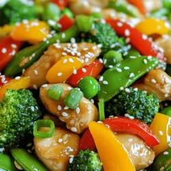 - 1 lb boneless, skinless chicken thighs, cut into bite-sized pieces - 2 tablespoons sesame oil - 2 tablespoons fresh ginger, minced - 3 cloves garlic, minced - 2 cups mixed bell peppers, sliced (red, yellow, and green) - 1 cup broccoli florets - 1 cup snap peas - 3 green onions, sliced - 3 tablespoons soy sauce (low sodium) - 1 tablespoon rice vinegar - 1 tablespoon honey - 2 teaspoons cornstarch mixed with 2 tablespoons water (for thickening) - Sesame seeds for garnish - Fresh cilantro for garnish (optional) Chicken thighs give this dish a rich flavor. They stay moist and tender. Sesame oil brings a nutty taste. It adds depth to the stir fry. Fresh ginger and garlic make it fragrant. They also provide a nice kick. Mixed bell peppers and broccoli add color and crunch. Snap peas bring a sweet, crisp bite. Soy sauce adds umami. Rice vinegar gives a hint of tang. Honey balances the flavors with sweetness. For a lighter option, use chicken breast instead of thighs. You can swap sesame oil for olive oil if needed. If you are gluten-free, use tamari instead of soy sauce. For a vegan version, replace chicken with tofu or tempeh. Always check for allergens in soy sauce and other store-bought items. If you have a soy allergy, consider coconut aminos. 1. Heat 1 tablespoon of sesame oil in a large skillet or wok over medium-high heat. 2. Add 1 pound of bite-sized chicken thighs. Stir-fry for 5-7 minutes. Cook until the chicken browns and is fully cooked. 3. Remove the chicken from the skillet and set it aside. 4. In the same skillet, add the remaining tablespoon of sesame oil. Add 2 tablespoons of minced ginger and 3 cloves of minced garlic. Sauté for about 30 seconds until you smell the aroma. 5. Add 2 cups of sliced bell peppers, 1 cup of broccoli florets, and 1 cup of snap peas. Stir-fry these veggies for 3-4 minutes. You want them soft but still crunchy. 6. Return the chicken to the skillet. Pour in 3 tablespoons of low-sodium soy sauce, 1 tablespoon of rice vinegar, and 1 tablespoon of honey. Stir well to mix everything together. 7. Combine 2 teaspoons of cornstarch with 2 tablespoons of water. Pour this into the skillet while stirring. Keep stirring until the sauce thickens, which takes about 1-2 minutes. 8. Add 3 sliced green onions. Toss everything well and then remove from heat. 9. Serve your stir fry hot. Garnish with sesame seeds and fresh cilantro if you like. - Prep Time: 15 minutes - Cook Time: 15 minutes - Total Time: 30 minutes - Servings: 4 - Make sure your skillet is hot before adding the chicken. - Cut chicken and veggies into even pieces for even cooking. - Don't overcrowd the skillet. Cook in batches if needed. - Add ingredients in the order listed for the best flavor. - Adjust the soy sauce for more or less saltiness. - Garnish right before serving for a fresh look. To make a great sesame ginger chicken stir fry, always use fresh ingredients. Fresh ginger and garlic give the best flavor. Cut your chicken into small pieces. Smaller pieces cook faster and stay juicy. Use a hot skillet or wok to get that nice sear on the chicken. This adds great flavor. Stir-fry quickly to keep the veggies crunchy. You want them bright and colorful! Don’t overcrowd the skillet. If you do, the chicken won’t brown well. Cook in batches if needed. Also, avoid overcooking the vegetables. They should be tender but still crisp. Watch the heat; too high can burn your garlic. Lastly, don’t skip the cornstarch mix. It makes the sauce thick and tasty. A good skillet or wok is key for stir-frying. Look for one with a non-stick surface. A wooden spoon or spatula helps stir without scratching the pan. For measuring, have a set of spoons and cups handy. A sharp knife is great for cutting the chicken and veggies. Use a cutting board to keep things tidy. Lastly, a small bowl for the cornstarch mix makes it easier to add to the sauce. {{image_2}} You can make this stir fry even better by adding more veggies. Try carrots, zucchini, or mushrooms. Each adds a unique taste and texture. You can also use frozen vegetables for quick cooking. Just remember to adjust the cooking time. Fresh vegetables give a crunch, while frozen ones are softer. Both options work well with the sesame ginger sauce. If you want to switch up the protein, you have choices. Use shrimp or tofu for a different flavor. Both cook quickly and soak up the sauce. If you prefer beef, flank steak or chicken breast are great options. Each will change the taste but still keep it tasty. Just be mindful of the cooking times for each protein. This recipe works for different diets with a few tweaks. For a gluten-free version, use tamari instead of soy sauce. You can also make it low-carb by skipping the honey. Instead, try a sugar substitute if you want that sweetness. Vegans can replace chicken with chickpeas or tofu and use maple syrup for a sweet touch. Making these changes keeps the dish fun and delicious. After enjoying your sesame ginger chicken stir fry, let it cool to room temperature. Place the leftovers in an airtight container. This helps keep the flavors fresh. Store the container in the fridge. Your stir fry will last for about 3 to 4 days. If you want to keep it longer, consider freezing. When you’re ready to eat the leftovers, take them out of the fridge. You can reheat your stir fry in a skillet over medium heat. Add a splash of water or broth to keep it moist. Stir gently until heated through. Alternatively, you can use the microwave. Heat it in short bursts, stirring in between to avoid hot spots. To freeze your sesame ginger chicken stir fry, pack it in a freezer-safe container. Leave some space at the top for expansion. It can be frozen for up to 3 months. When you’re ready to eat, thaw it in the fridge overnight. Reheat it as mentioned above. Enjoy your tasty meal again! The best way to tenderize chicken is to use a marinade. A mix of soy sauce and ginger works well. You can also use a meat mallet to pound the chicken. This breaks down the fibers. If you have time, marinate the chicken for at least 30 minutes. This way, it absorbs flavors and stays juicy. Yes, you can make this dish ahead of time. Cook the stir fry and let it cool. Place it in an airtight container. You can store it in the fridge for up to three days. When ready to eat, reheat it on the stove or in the microwave. Freshly cooked rice or noodles pair well with it. To adjust the spiciness, you can add more or less ginger. If you like heat, add some red pepper flakes. For a milder taste, skip them altogether. You can also use less soy sauce for a softer flavor. Taste as you go to find your perfect balance. This blog post shared the essential ingredients, tips, and steps for your dish. We explored key highlights for each main ingredient and provided safe substitutions. You learned the cooking process, along with timing and expert tips for best results. We also covered how to add variety and make this dish your own. Finally, we discussed proper storage and reheating methods for leftovers. Use these guidelines to cook with confidence and enjoy great meals.